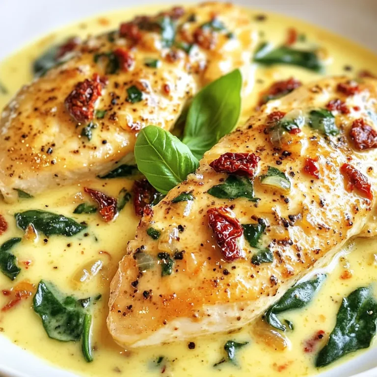 - 4 boneless, skinless chicken breasts - 1 cup sun-dried tomatoes in oil, well-drained and chopped - 1 cup heavy cream - 1 cup chicken broth - 2 cloves garlic, finely minced - 1 medium onion, finely chopped - 1 cup fresh spinach, roughly chopped - 1 teaspoon Italian seasoning - 2 tablespoons olive oil - Salt and freshly cracked black pepper to taste - Fresh basil leaves for garnish (optional) Heavy cream alternatives If you want a lighter option, use half-and-half or coconut cream. Both add creaminess, but the flavor will change slightly. Chicken breast substitutes You can swap chicken breast for thighs or even turkey. They are both juicy and will work well with the sauce. Spinach and herb variations You can replace spinach with kale or arugula. If you like, try using fresh herbs like parsley or thyme for added flavor. These swaps keep the dish tasty and flexible for your needs. Enjoy experimenting! {{ingredient_image_2}} 1. Start by patting the chicken breasts dry with a paper towel. This helps the seasoning stick well. 2. Season both sides of the chicken with salt, black pepper, and Italian seasoning. Make sure to cover every bit. 3. Heat two tablespoons of olive oil in a large skillet over medium-high heat. You want it hot enough to sizzle. 1. Carefully add the seasoned chicken to the skillet. Sear each side for about 5-6 minutes. Look for a golden-brown crust. 2. Check the internal temperature. It should reach 165°F (74°C) for safety. Once cooked, transfer the chicken to a plate and set aside. 1. In the same skillet, lower the heat slightly. Add the finely chopped onion and minced garlic. Sauté for 2-3 minutes. Stir often, so nothing burns. 2. Add the chopped sun-dried tomatoes next. Cook for another minute, letting them mix with the onion and garlic. 3. Pour in the chicken broth, stirring to combine. Bring the mixture to a gentle simmer. 1. Now, reduce the heat to medium-low. Slowly stir in one cup of heavy cream. Mix until fully combined. Let it simmer for about 5 minutes. This thickens the sauce. 2. Once thick, toss in the chopped spinach. Stir until it wilts, which only takes about 2 minutes. 3. Finally, return the seared chicken to the skillet. Let it soak in the creamy sun-dried tomato sauce for another 2 minutes. This melds the flavors nicely. To get a perfect sear on chicken, start with a dry surface. Pat the chicken breasts with a paper towel. This helps create that nice golden crust. Heat olive oil in a hot skillet. Place the chicken in the pan gently. Cook without moving it for 5-6 minutes. Flip it and cook for the same time. Check if the internal temperature reaches 165°F. This ensures the chicken is safe to eat. For thickening the sauce, let it simmer gently. Stir in the heavy cream slowly. This helps it combine well with the other ingredients. If the sauce is too thin, let it cook longer. Keep an eye on it, so it doesn’t burn. Creamy sun-dried tomato chicken pairs well with several sides. I love serving it on a bed of pasta. You can also serve it with crusty bread. This lets you soak up all the rich sauce. For an added touch, garnish with fresh basil leaves. They add color and a fresh flavor to the plate. To plate for aesthetic appeal, use a large white plate. Place the chicken in the center. Carefully pour the sauce over the chicken. Add a sprinkle of basil on top. This makes your dish look inviting and delicious. For meal prep, you can season the chicken ahead of time. This allows the flavors to soak in. You can chop the sun-dried tomatoes and spinach earlier too. Store them in the fridge until you are ready to cook. If you're short on time, swap heavy cream with half-and-half. This will still give you a creamy texture but saves time. You can also use precooked chicken if you have it. Just add it to the sauce at the end to heat through. Pro Tips Choose High-Quality Sun-Dried Tomatoes: The flavor of your dish will greatly depend on the quality of the sun-dried tomatoes. Opt for those packed in oil for a richer taste. Deglaze the Pan: After removing the chicken, consider adding a splash of white wine to the skillet to deglaze it. This will help lift the flavorful bits stuck to the bottom and enhance your sauce. Use Fresh Spinach: Fresh spinach wilts beautifully and adds vibrant color. If using frozen spinach, make sure to thaw and drain it well to avoid excess water in your sauce. Serve with a Side: This dish pairs perfectly with a side of pasta, rice, or crusty bread to soak up the delicious creamy sauce. Consider adding a sprinkle of parmesan for extra flavor. {{image_4}} You can switch the chicken for shrimp or tofu if you want. Shrimp cooks fast and adds a nice flavor. Tofu is a great option for a plant-based diet. Just make sure to press it well to remove extra water. This helps the tofu absorb the sauce better. To brighten up the dish, add some lemon zest. It gives a fresh taste that pairs well with the creamy sauce. You can also mix in different herbs like thyme or oregano. These herbs add layers of flavor and make the dish even more delicious. Feel free to mix the sauce with any pasta type you like. Spaghetti or penne work well. You can also turn this dish into a creamy casserole. Just pour the chicken and sauce over cooked pasta in a baking dish. Top it with cheese and bake until bubbly for a cozy meal. To store leftovers, let the creamy sun-dried tomato chicken cool first. Place it in an airtight container. Glass or plastic containers work well. Make sure to cover it tightly. It helps keep the flavors fresh and prevents spills. You can store it in the fridge for up to 3 days. If you want to freeze the dish, let it cool completely. Then, transfer it to a freezer-safe container. Leave some space at the top to allow for expansion. Seal it tightly to avoid freezer burn. You can freeze it for up to 3 months. When ready to eat, thaw it overnight in the fridge. To reheat, warm it gently on the stove or in the microwave until heated through. Creamy sun-dried tomato chicken lasts about 3 days in the fridge. Check for any changes in smell or color. If it smells off or looks strange, it’s best to throw it away. Always trust your senses when it comes to food safety. The chicken is done when it reaches an internal temperature of 165°F (74°C). You can check this with a meat thermometer. Insert it into the thickest part of the chicken breast. If it reads 165°F, your chicken is safe to eat. If not, cook it a bit longer and check again. Perfectly cooked chicken is juicy and tender, not dry. Yes, you can make this creamy sun-dried tomato chicken gluten-free. Use gluten-free chicken broth and check the labels on sun-dried tomatoes. Most brands are gluten-free, but it's good to confirm. If you want a gluten-free side, serve this dish with rice, quinoa, or gluten-free pasta. You can prepare this dish ahead of time. Cook the chicken and make the sauce. Store them separately in airtight containers. Keep them in the fridge for up to three days. When ready to eat, reheat the chicken and sauce in a skillet over low heat. Add a splash of broth or cream if the sauce thickens too much. If you can't find sun-dried tomatoes, you can use fresh tomatoes. Chop them and add them to the sauce. You might need to cook them a bit longer to soften. Another option is roasted red peppers. They add a sweet flavor. Just chop them and stir them in when you add the sun-dried tomatoes. This recipe for creamy sun-dried tomato chicken is easy and rewarding. You learned about key ingredients, useful tips, and ingredient swaps. Cooking is fun, and this dish proves that! Remember, you can personalize this meal with your favorite flavors. Enjoy making it your own, and share it with family. With these steps, you’ll impress everyone at the table. Happy cooking!