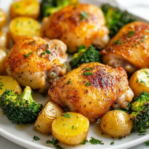 - 4 bone-in, skin-on chicken thighs - 1 ½ pounds baby potatoes, halved - 2 cups broccoli florets - 1 packet ranch seasoning mix (or homemade) - 3 tablespoons olive oil - 1 teaspoon garlic powder - Salt and pepper to taste - Fresh parsley, chopped (for garnish) For this Ranch Chicken Thighs Sheet Pan Dinner, I love using bone-in, skin-on chicken thighs. They stay juicy and flavorful. Baby potatoes add heartiness, while broccoli brings color and crunch. The ranch seasoning mix is key for flavor. You can buy it or make your own. Olive oil keeps everything moist and adds richness. Garlic powder gives a nice kick. Don’t forget salt and pepper for taste. Finally, fresh parsley brightens the dish. It’s perfect for a cozy family meal or a quick weeknight dinner. {{ingredient_image_2}} - Preheat your oven to 425°F (220°C). - Line a large baking sheet with parchment paper. This helps with easy cleanup. - In a small bowl, mix ranch seasoning, garlic powder, salt, and pepper. - In a large bowl, place your chicken thighs. Drizzle 2 tablespoons of olive oil over the chicken. - Sprinkle half of the seasoning mix on top. - Using your hands, rub the seasoning all over each thigh. Make sure every piece is coated well. - Add halved baby potatoes to the bowl with the chicken. - Drizzle with the last tablespoon of olive oil. Sprinkle the rest of the seasoning mix on the potatoes. - Toss the potatoes until they are well-coated in oil and seasoning. - Arrange the seasoned chicken on one side of the sheet pan. Place the potatoes on the other side. - Bake for 25 minutes. After that, add the broccoli florets to the pan. Toss the broccoli gently in the juices. - Return the sheet pan to the oven for another 15-20 minutes. Check that the chicken reaches 165°F (74°C). The potatoes should be golden and tender. - Remove from the oven and let it rest for about 5 minutes before serving. - Garnish with fresh parsley for a pop of color and flavor. To get the best roast, you need even cooking for both chicken and veggies. This means placing them well on the sheet pan. Make sure the chicken thighs are not crowded. They need space to brown nicely. Space helps hot air circulate around the food. This way, everything cooks evenly and becomes crisp. Want to boost the flavor? You can add spices like smoked paprika or thyme. Both pair well with ranch seasoning. If you want a twist, try using Italian seasoning instead. It gives a fresh taste to your dish. You can also mix in lemon zest for a bright, zesty kick. How you serve your food matters. For a rustic feel, serve directly from the sheet pan. It looks cozy and inviting. If you prefer a fancier look, plate the food individually. Sprinkle extra parsley on top to add color. This small touch makes your meal feel special. Pro Tips Choose Quality Chicken: For the best flavor and texture, select fresh, high-quality chicken thighs. Look for thighs with a good amount of fat and skin for extra juiciness and crispiness. Customize Your Ranch Seasoning: Feel free to add your favorite herbs and spices to the ranch seasoning mix, such as paprika, thyme, or cayenne pepper, to elevate the flavor profile of the dish. Perfectly Cooked Broccoli: To keep the broccoli vibrant and crisp, add it to the sheet pan later in the cooking process, as indicated in the recipe, ensuring it doesn’t overcook. Rest Before Serving: Allow the chicken to rest for a few minutes after cooking. This step is crucial for retaining its juices, ensuring every bite is tender and flavorful. {{image_4}} You can switch up the chicken thighs for other cuts. Chicken breasts work well, too. Drumsticks are a fun option if you prefer dark meat. For veggies, try carrots or bell peppers. They add color and taste to your dinner. You can even mix in sweet potatoes for a twist. Ranch seasoning is great, but don’t stop there! Use Italian seasoning for a different vibe. Try lemon herb for a bright, fresh flavor. Marinades can also change the game. A simple garlic and herb marinade tastes amazing. Just let the chicken soak for a few hours before cooking. Want it done quicker? Use an air fryer! It cooks the chicken crispy and juicy in less time. Set it to 400°F (200°C) and cook for about 20 minutes. If you’re short on time, you can also cook everything on the stovetop. Sear the chicken first, then add the veggies. This method takes about 30 minutes. To keep your Ranch Chicken Thighs fresh, store leftovers in the fridge. Place the chicken and veggies in an airtight container. Make sure to eat them within three days for the best taste. If you want to save them longer, freeze the leftovers. Use freezer-safe bags or containers for this. Label them with the date to track freshness. To maintain flavor and texture, let the meal cool before storing. This step helps prevent moisture buildup. Always separate the chicken from the veggies if possible. This keeps the veggies from getting soggy in storage. When reheating, use either the oven or microwave. For the oven, preheat it to 350°F (175°C). Place the chicken and veggies on a baking sheet. Heat for 15-20 minutes, or until warm. This method keeps the skin crispy and the veggies tender. If you're using a microwave, cover the dish with a microwave-safe lid or wrap. Heat in short bursts, around one minute at a time. Check often to avoid overcooking. Adding a splash of water can help keep the chicken juicy. To make weeknight dinners easy, prep chicken and veggies ahead of time. Season the chicken thighs and cut the veggies a day in advance. Store them separately in the fridge until you are ready to cook. For longer storage, freeze portions of the chicken and veggies. Portion them out in bags or containers. This way, you can pull out just what you need for a quick dinner. You’ll have a delicious meal ready in no time! Cook chicken thighs for 40 to 45 minutes at 425°F (220°C). This time ensures they cook thoroughly and reach a safe internal temperature of 165°F (74°C). Always check with a meat thermometer. This helps you avoid any guesswork in the kitchen. Yes, you can use boneless chicken thighs. They will cook faster, about 25 to 30 minutes. Make sure to check the internal temperature. Adjust the cooking time accordingly to avoid overcooking. Boneless thighs still deliver great flavor. You can serve various side dishes with Ranch Chicken Thighs. Here are some ideas: - Garlic bread - Green salad - Rice or quinoa - Roasted vegetables These sides complement the chicken and add variety to your meal. Yes, you can easily make your own ranch seasoning. Here’s a simple recipe: - 1 tablespoon dried parsley - 1 teaspoon dried dill - 1 teaspoon garlic powder - 1 teaspoon onion powder - ½ teaspoon salt - ½ teaspoon black pepper Mix these ingredients well. Store any extra in an airtight container. This homemade mix adds a fresh touch to your Ranch Chicken Thighs. This recipe for ranch chicken thighs offers simple steps for a tasty meal. You learn about the main ingredients, like chicken and veggies, and how to cook them. With tips on seasoning and cooking methods, you can adapt the dish to your taste. Whether you store leftovers or meal prep, you have options. Experiment with flavors and ingredients to keep things fun. Enjoy your cooking journey and make this dish your own!