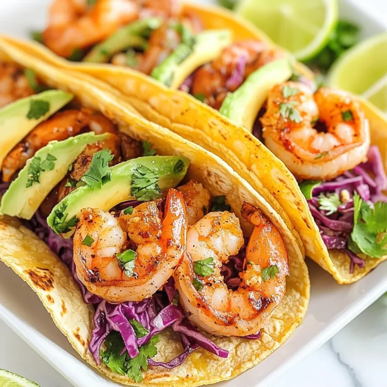 To make Spicy Garlic Shrimp Tacos, gather these items: - 1 lb large shrimp, peeled and deveined - 3 tablespoons extra virgin olive oil - 4 cloves garlic, minced to perfection - 1 teaspoon smoked paprika - 1 teaspoon cayenne pepper - Juice of 2 fresh limes - Salt and freshly cracked black pepper - 8 small corn tortillas - 1 cup red cabbage, finely shredded - 1 ripe avocado, sliced - Fresh cilantro leaves - Lime wedges If you can’t find large shrimp, you can use medium shrimp. They work well, too. For olive oil, you might use canola oil. It has a mild flavor. If you want less heat, cut back on cayenne pepper or leave it out. Instead of red cabbage, try green cabbage or lettuce for crunch. You can swap avocado for sour cream or yogurt for creaminess. To make these tacos, you need some basic tools: - A large mixing bowl for marinating the shrimp - A large skillet for cooking the shrimp - Another skillet for warming the tortillas - A sharp knife for slicing vegetables - A cutting board for safe chopping - A spatula for flipping the shrimp With these ingredients and tools, you’re ready to create a tasty meal. Enjoy the process and the delicious results! {{ingredient_image_2}} Start by gathering your ingredients. You need one pound of shrimp, three tablespoons of olive oil, and four cloves of minced garlic. Add one teaspoon of smoked paprika and one teaspoon of cayenne pepper for some heat. Squeeze the juice from two fresh limes into a large bowl. Add salt and black pepper to taste. Now, toss the shrimp in this mix. Make sure every piece is well-coated. Let it sit for about five minutes. This short marinating time helps the shrimp soak up all those great flavors. Heat a large skillet over medium-high heat. You want it hot but not smoking. Once it’s ready, add the marinated shrimp in a single layer. Cook them for two to three minutes on each side. Look for that nice pink color and opaque center. That’s when you know they’re done. Remove the skillet from the heat once they are ready. While the shrimp cooks, grab another skillet and warm up your corn tortillas. Heat them for about 30 seconds on each side. You want them soft and warm, ready for the filling. Now, let’s build those tacos! Start with a generous spoonful of shrimp on each tortilla. Add a pile of finely shredded red cabbage for crunch. Then, place slices of ripe avocado on top for creaminess. Finally, sprinkle fresh cilantro leaves over the tacos. Serve them with lime wedges on the side. This way, everyone can add a zesty squeeze to their tacos. Enjoy this quick and tasty meal! To cook shrimp just right, use large shrimp for great flavor. Marinate them for 5 minutes to boost taste. Heat your skillet well before adding shrimp. Cook each side for 2-3 minutes. Look for a bright pink color. This means they are done. Overcooked shrimp can be rubbery, so watch closely. If you have a food thermometer, cook until they reach 120°F for safety. Want to kick up the flavor? Try adding a dash of lime zest to the marinade. You can also mix in chopped jalapeños for more heat. Want a smoky taste? Substitute smoked paprika with chipotle powder. For a fresh twist, add diced mango or pineapple on top. This adds sweetness and a nice contrast to the spicy shrimp. When serving, stack your tacos high with toppings. Start with the shrimp, then add red cabbage for crunch. Next, layer on the creamy avocado slices. Don’t forget fresh cilantro leaves for a burst of flavor. Serve with lime wedges on the side. This lets everyone squeeze in some extra zest. For a fun touch, set up a taco bar. Let guests build their own tacos with their favorite toppings! Pro Tips Fresh Shrimp is Key: Always choose the freshest shrimp available for the best flavor and texture. Look for shrimp that is firm and has a clean, briny smell. Marinate for Flavor: Allow the shrimp to marinate for at least 5 minutes, but if time permits, let them sit for up to 30 minutes. This enhances the flavors significantly. Perfectly Warm Tortillas: To prevent your tortillas from tearing, warm them gently until they are pliable. A dry skillet works great to achieve this without adding extra fat. Customize Your Toppings: Feel free to add your favorite toppings like diced tomatoes, jalapeños, or a drizzle of sour cream for extra flavor and texture. {{image_4}} You can swap shrimp for other proteins. Chicken works great in this recipe. Just cut it into small pieces. Cook it until golden brown. Fish is another tasty option. Use flaky white fish like mahi-mahi. Just season it the same way as shrimp. If you want a vegetarian twist, use mushrooms. Sauté them with garlic and spices. Cauliflower is another good choice. Roast it until tender, then season well. Tofu can also shine here. Make sure to press it well before cooking. Want more heat? Add sliced jalapeños or a dash of hot sauce. You can also mix in chipotle peppers for a smoky flavor. Fresh salsa can add a nice kick. Try pineapple salsa for a sweet touch. It pairs well with the shrimp’s spice. You can store leftover shrimp tacos in an airtight container. Make sure to keep the shrimp separate from the tortillas. This will stop the tortillas from getting soggy. The shrimp will stay fresh for about 2 days in the fridge. If you have leftover toppings, store them in small containers. Always label your containers so you know what's inside! To reheat the shrimp, place them in a skillet over medium heat. Stir them for about 3-4 minutes until hot. Avoid using the microwave since it can make the shrimp rubbery. For tortillas, warm them in a dry skillet for about 30 seconds on each side. This will help restore their softness and flavor. You can freeze cooked shrimp for later meals. Allow the shrimp to cool completely before packing. Place the shrimp in a freezer-safe bag. Try to remove as much air as possible to avoid freezer burn. The shrimp will last up to 3 months in the freezer. When ready to use, thaw them in the fridge overnight before reheating. Yes, you can use frozen shrimp. Just thaw them first. To thaw, place them in the fridge overnight or run cold water over them for a quick thaw. This helps keep the shrimp tender and juicy. Make sure they are peeled and deveined for the best texture. If you don't have corn tortillas, you can use flour tortillas instead. They are soft and easy to wrap. You can also try lettuce wraps for a low-carb option. Both alternatives work well with the spicy garlic shrimp and add a nice touch to the dish. These tacos have a nice kick from cayenne pepper. If you like spice, you'll love them. However, you can adjust the heat. Use less cayenne for milder tacos. You can also add toppings like sour cream or avocado to cool the spice. This guide covers making delicious shrimp tacos. We discussed key ingredients, valuable cooking tools, and step-by-step instructions. You learned how to prepare shrimp, warm tortillas, and assemble your meal. Useful tips helped you achieve perfect shrimp with exciting flavor twists. Remember, you can easily substitute ingredients and try various proteins. Don't forget to store and reheat any leftovers wisely. Enjoy your shrimp tacos and have fun experimenting in the kitchen! Your culinary journey begins now.