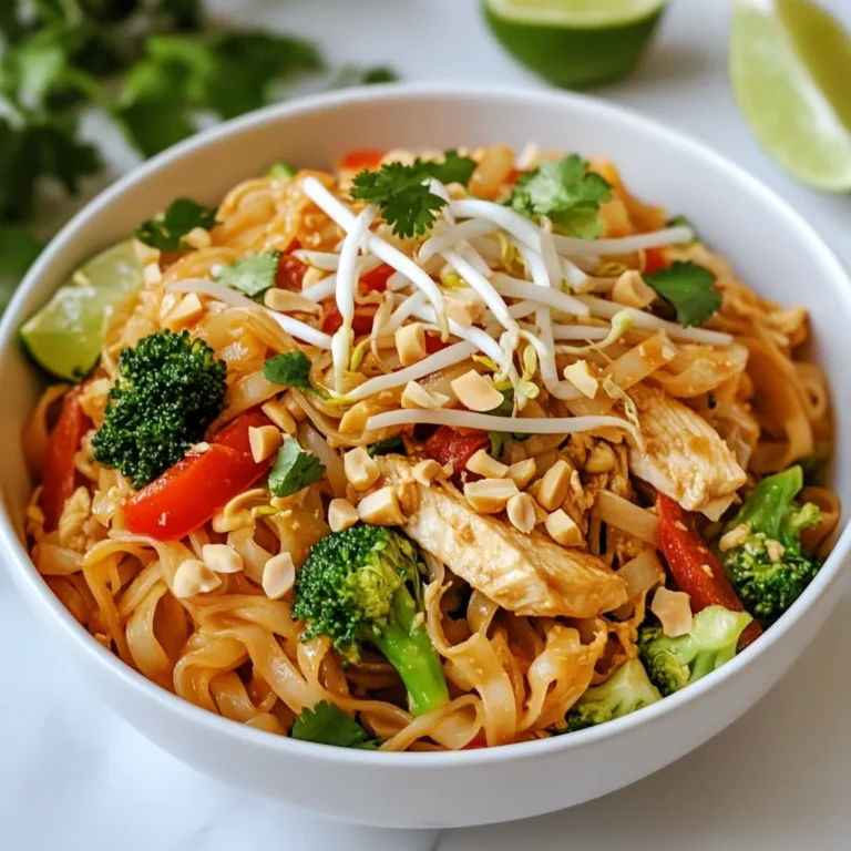 To make a tasty and healthy Chicken Pad Thai, you'll need the following ingredients: - 8 oz rice noodles - 2 chicken breasts, thinly sliced - 2 tablespoons olive oil - 3 cloves garlic, minced - 2 eggs, lightly beaten - 1 cup bean sprouts - 1 red bell pepper, thinly sliced - 1 cup broccoli florets - 3 green onions, chopped - ½ cup peanuts, chopped (optional) - 3 tablespoons low-sodium soy sauce - 1 tablespoon fish sauce (optional) - 1 tablespoon lime juice - 1 teaspoon brown sugar or honey - Fresh cilantro for garnish - Lime wedges for serving Each of these ingredients plays a key role in making this dish flavorful and nutritious. Rice noodles serve as the base, providing a soft texture. Chicken adds protein, while the veggies bring crunch and color. Olive oil helps cook everything evenly. Garlic gives a nice aroma and taste. Eggs add richness, and bean sprouts give a fresh bite. The red bell pepper and broccoli add vitamins and minerals. Green onions and cilantro enhance the flavor. Finally, lime juice and soy sauce provide a zesty finish. Feel free to customize this list to suit your taste! {{ingredient_image_2}} - Start by boiling a large pot of water. - Add 8 oz of rice noodles to the boiling water. - Cook the noodles according to the package instructions, usually around 5-7 minutes. - Once cooked, drain the noodles and rinse them under cold water. - Set the noodles aside to cool and prevent sticking. - Heat 1 tablespoon of olive oil in a large skillet over medium-high heat. - Add 2 thinly sliced chicken breasts to the skillet. - Sauté the chicken for about 5-7 minutes until golden brown. - Make sure the chicken is fully cooked, then remove it from the skillet. - In the same skillet, add 1 tablespoon of olive oil. - Add 3 minced garlic cloves and sauté for about 30 seconds. - Watch closely so the garlic does not burn. - Next, add 1 cup of broccoli florets and 1 sliced red bell pepper. - Stir-fry the veggies for 3-4 minutes until they soften a bit. - Push the sautéed vegetables to one side of the skillet. - Pour in 2 lightly beaten eggs on the other side. - Let the eggs cook without stirring for about 30 seconds. - Once they begin to set, scramble them until fully cooked. - Mix the eggs back in with the sautéed veggies. - Add the cooked chicken back into the skillet. - Gently stir in the rice noodles, 1 cup of bean sprouts, and 3 chopped green onions. - Pour in 3 tablespoons of low-sodium soy sauce, 1 tablespoon of lime juice, and 1 teaspoon of brown sugar. - If using, add 1 tablespoon of fish sauce. - Toss everything together gently for about 2-3 minutes until heated through. - Remove the skillet from the heat when done. - Serve the Pad Thai in large bowls. - Garnish with fresh cilantro and lime wedges on the side. - For added crunch, sprinkle chopped peanuts on top. - To make this dish lighter, cut down on oil and sugar. Use just one tablespoon of olive oil for cooking. Replace brown sugar with honey or skip it altogether. - You can swap out rice noodles for zucchini noodles or whole wheat noodles. This makes the dish lower in carbs and higher in fiber. - For a quick flavor boost, add a pinch of red pepper flakes or a splash of lime juice. A sprinkle of sesame seeds can also add a nice crunch. - Fresh herbs make a big difference! Use chopped cilantro or basil to brighten up the dish. They add freshness and aroma that enhances the overall taste. - A non-stick skillet or a well-seasoned wok works best for this recipe. They help prevent sticking and make cooking easier. - Keep a spatula and tongs handy. These tools help you stir and toss the ingredients efficiently. Using the right utensils will improve your cooking experience. Pro Tips Prep Your Ingredients: Having all your ingredients prepped and ready to go can make the cooking process smoother and more enjoyable. Don't Overcook the Noodles: Rice noodles can become mushy if overcooked. Follow package instructions closely and rinse them under cold water to stop the cooking process. Use Fresh Lime Juice: Freshly squeezed lime juice adds a vibrant flavor that bottled juice can't replicate. Squeeze it right before serving for the best taste. Customize Your Veggies: Feel free to swap in your favorite vegetables or whatever you have on hand, such as carrots or snap peas, for added nutrition and flavor. {{image_4}} You can easily make a vegetarian version of Healthy Chicken Pad Thai. Simply swap out the chicken for tofu or tempeh. Both options offer great protein. You can also try chickpeas for a different texture. Using these proteins adds a nice twist to the dish while keeping it nutritious. If you need a gluten-free option, switch the rice noodles for zucchini noodles or quinoa. Both alternatives still give you that Pad Thai feel. For the sauce, use tamari instead of soy sauce. This keeps the flavor but avoids gluten. Want to add some heat? Sprinkle in red pepper flakes or a dash of sriracha. Start with a small amount and adjust to your taste. If you're cooking for kids, go easy on the spices. You can leave out the heat or use mild sauces for a family-friendly meal. Store your Healthy Chicken Pad Thai in airtight containers. Glass or BPA-free plastic works well. Let the dish cool completely before sealing. This helps keep it fresh. Place it in the fridge for up to three days. For best taste, eat it within two days. To avoid sogginess, reheat gently. You can use a skillet on low heat. Add a splash of water to help steam the noodles. Stir often to heat evenly. If using a microwave, cover the dish with a damp paper towel. This keeps moisture in, preventing dryness. Heat in short bursts, stirring in between. You can freeze Healthy Chicken Pad Thai, but the texture may change. Place it in freezer-safe bags or containers. Remove as much air as possible. It can stay fresh for up to three months. To thaw, move it to the fridge overnight. For a quicker method, use the microwave on low power. Always ensure it’s heated through before eating. To make Healthy Chicken Pad Thai, follow these steps: 1. Cook the Rice Noodles: Boil water in a large pot. Cook the rice noodles as per package instructions. After cooking, drain and rinse under cold water. Set aside. 2. Prepare the Chicken: In a skillet, heat 1 tablespoon of olive oil. Add sliced chicken and sauté until golden brown, about 5-7 minutes. Remove and set aside. 3. Sauté Aromatics: Add another tablespoon of olive oil to the same skillet. Sauté minced garlic for about 30 seconds until fragrant. 4. Add Veggies: Stir in sliced red bell pepper and broccoli florets. Cook for 3-4 minutes until they soften. 5. Scramble the Eggs: Move veggies to one side. Pour in beaten eggs and let them set for 30 seconds before scrambling and mixing with the veggies. 6. Combine and Season: Add chicken back to the skillet. Stir in rice noodles, bean sprouts, green onions, soy sauce, lime juice, and brown sugar. Toss for 2-3 minutes until heated. 7. Garnish and Serve: Remove from heat. Serve with chopped peanuts, fresh cilantro, and lime wedges. Healthy Chicken Pad Thai offers several nutritional benefits: - Calories: Approximately 450 calories per serving. - Protein: Chicken provides lean protein, essential for muscle health. - Vitamins: Bell peppers and broccoli add vitamins A and C, boosting your immune system. - Fiber: Bean sprouts and vegetables provide fiber, aiding digestion. - Healthy Fats: Olive oil and peanuts contain healthy fats that support heart health. Yes, you can meal prep Healthy Chicken Pad Thai! Here are some tips: - Cook in Bulk: Prepare a large batch and divide it into containers. - Store Properly: Use airtight containers to keep it fresh in the fridge for up to 4 days. - Reheat Safely: When ready to eat, reheat in the microwave or on the stovetop until hot. If you need soy sauce alternatives, consider these options: - Coconut Aminos: A soy-free option that is sweeter and less salty. - Tamari: A gluten-free soy sauce, great for those with gluten sensitivities. - Liquid Aminos: A soy sauce alternative made from soy protein, lower in sodium. Yes, this recipe can be kid-friendly with a few adjustments: - Reduce Spice: Skip any hot sauces or spicy ingredients. - Modify Veggies: Use vegetables kids like, such as carrots or peas. - Serve Plain: If your kids are picky, serve the noodles with just chicken and a splash of lime. This blog post guides you to make Healthy Chicken Pad Thai with fresh ingredients and simple steps. You learned about the key ingredients, cooking techniques, and how to store your meal. Remember to try variations to fit your taste or dietary needs. Cooking can be fun and healthy. Enjoy your dish while knowing you made a great choice for your body. The joy of cooking and sharing this meal will make it all worthwhile.