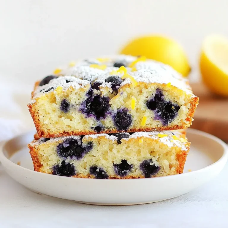 Gather these simple items to create a delicious lemon blueberry muffin bread: - 1 ½ cups all-purpose flour - 1 cup fresh or frozen blueberries - ½ cup granulated sugar - 2 teaspoons baking powder - ½ teaspoon baking soda - ½ teaspoon salt - 1 large lemon (zested and juiced) - ½ cup vegetable oil - 2 large eggs - 1 teaspoon vanilla extract - ½ cup plain or Greek yogurt These ingredients work together to create a fluffy and flavorful treat. The flour gives the bread structure, while the blueberries add sweetness and moisture. Lemon zest brings a bright flavor, making every bite refreshing. The yogurt and oil keep the texture soft, while eggs help it rise. If you use frozen blueberries, they can work just as well. Don’t worry about thawing them first; just fold them in. The sugar and vanilla extract enhance the overall taste. This combination is perfect for breakfast or as an afternoon snack. When you have everything ready, you can dive into the fun part: baking! {{ingredient_image_2}} - Preheat oven to 350°F (175°C). - Grease a 9x5 inch loaf pan or line with parchment paper. Start by preheating your oven. This step is key. A hot oven helps the bread rise well. Next, prepare your loaf pan. Greasing it or using parchment paper makes it easy to remove the bread later. - Combine flour, baking powder, baking soda, and salt in a mixing bowl. In a medium bowl, mix your dry ingredients. Whisk together the flour, baking powder, baking soda, and salt. This helps your bread rise evenly. Set this bowl aside for now. - Rub lemon zest into sugar for flavor enhancement. - Whisk together eggs, lemon juice, vegetable oil, yogurt, and vanilla extract. In a larger bowl, add the sugar and lemon zest. Using your fingers, rub the zest into the sugar. This releases the lemon oils and gives great flavor. Then, add in the eggs, lemon juice, vegetable oil, yogurt, and vanilla extract. Whisk until the mixture is smooth and well blended. - Fold dry ingredients into wet ingredients carefully. - Incorporate blueberries gently. Once your wet mixture is ready, slowly add the dry ingredients. Use a spatula to fold them together gently. Be careful not to over-mix. This keeps the bread soft. Now, add the blueberries. Fold them in gently to avoid crushing them. - Pour batter into the loaf pan, sprinkle reserved blueberries. - Bake for 50-60 minutes or until toothpick comes out clean. Now, pour the batter into your prepared loaf pan. Spread it evenly. If you saved some blueberries, sprinkle them on top for a nice look. Place the pan in the oven and bake for 50 to 60 minutes. Check if it’s done by inserting a toothpick. If it comes out clean, it's ready. - Cool in the pan before transferring to wire rack. After baking, take the loaf out of the oven. Let it cool in the pan for about 10 minutes. Then, carefully move it to a wire rack. Let it cool completely before slicing. Enjoy your delicious lemon blueberry muffin bread! To boost the lemon flavor, use fresh lemons. Their zest adds a bright taste. Rub lemon zest into sugar before mixing. This helps release the oils, making the bread zingy. If you need a yogurt substitute, use sour cream or buttermilk. Both keep the bread moist and tasty. Mixing too much can make your bread tough. After adding the dry ingredients, stir until just combined. You want some lumps to keep it fluffy. When adding blueberries, fold them in gently. This prevents them from breaking apart and coloring the batter. To check if your bread is done, insert a toothpick into the center. If it comes out clean, it's ready. If the top browns too fast, cover it with foil. Ovens can vary, so keep an eye on baking times. Start checking for doneness around 50 minutes. Pro Tips Use Fresh Blueberries: For the best flavor and texture, opt for fresh blueberries when they’re in season. If using frozen, do not thaw them before adding to the batter to prevent them from bleeding into the bread. Zest Before Juicing: Always zest the lemon before juicing. This ensures you get the maximum amount of aromatic oils, enhancing the bread's lemon flavor. Check for Doneness: To avoid overbaking, start checking the bread at the 50-minute mark. Insert a toothpick into the center; it should come out clean or with a few moist crumbs. Cool Before Slicing: Allow the bread to cool in the pan for 10 minutes before transferring it to a wire rack. This helps maintain its structure and prevents it from becoming gummy. {{image_4}} You can swap blueberries for other fruits. Raspberries add a nice tartness. Cranberries bring a bit of sweetness and a pop of color. Chopped strawberries work well too. Each fruit changes the taste and look of the bread. Try mixing fruits for a fun twist! Spices can lift the bread's flavor. Consider adding cinnamon for warmth. A hint of nutmeg offers a cozy touch. You can also mix in almond or coconut extracts. These small changes make the bread even more delightful and unique. If you need a gluten-free option, almond flour or oat flour works well. Use a mix of these flours for the best texture. Make sure to add a binding agent like xanthan gum. This helps the bread hold together and rise nicely. To keep your lemon blueberry muffin bread fresh, wrap it tightly in plastic wrap. You can also place it in an airtight container. Store it at room temperature for up to three days. If you want it to last longer, consider refrigerating it. This will keep it fresh for about a week. Just remember, chilling may change its texture a bit. Freezing is a great way to save leftover bread. Start by slicing the loaf into pieces. Wrap each slice in plastic wrap. Then, place the wrapped slices in a freezer bag or airtight container. Make sure to remove as much air as possible. The bread can stay frozen for up to three months. When you’re ready to eat, thaw it at room temperature or pop it in the microwave for a few seconds. Lemon blueberry muffin bread is delightful on its own, but you can add more flavor. Serve it with a dollop of yogurt or a sprinkle of powdered sugar on top. Fresh blueberries make a great garnish, too. For a special touch, pair it with a cup of tea or coffee. This combo makes for a perfect breakfast or snack! Yes, you can use frozen blueberries. They work just as well as fresh ones. Just fold them into the batter gently to avoid turning it blue. If you use frozen berries, do not thaw them first. This keeps the bread light and fluffy. To check if the bread is done, insert a toothpick in the center. If it comes out clean, the bread is ready. If you see wet batter, bake a little longer. Keep an eye on the top. If it browns too fast, cover it with foil. Yes, you can. For a dairy-free option, use almond milk yogurt or coconut yogurt. If you need an egg-free version, replace each egg with one mashed banana or 1/4 cup of applesauce. These swaps keep the bread moist and tasty. Lemon blueberry muffin bread lasts about 3 to 4 days at room temperature. Keep it in an airtight container to keep it fresh. For longer storage, freeze it. It can last for up to 3 months in the freezer. Just slice it before freezing for easy use. This blog post covered how to make delicious lemon blueberry muffin bread. I shared the ingredients, simple steps, and tips for perfecting the recipe. You can even try variations with different fruits or gluten-free options. Remember to store it well for fresh taste. Baking allows for fun changes, so don’t hesitate to experiment. Enjoy your tasty treat and share it with friends and family. With these easy instructions, you'll bake a dish everyone loves!