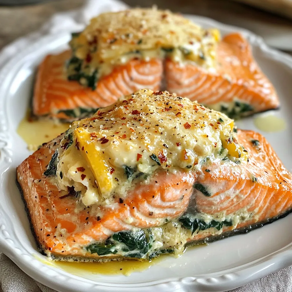 - 4 skinless salmon fillets - 2 cups fresh spinach, finely chopped - 3 cloves garlic, minced - 1 cup cream cheese, softened to room temperature - 1/4 cup grated Parmesan cheese - Zest of 1/2 lemon - 1 tablespoon fresh lemon juice - Salt and freshly ground black pepper, to taste - 1 tablespoon extra virgin olive oil - 1 teaspoon dried dill (optional) - 1/4 teaspoon crushed red pepper flakes (optional) If you need to swap ingredients, here are some ideas: - Salmon: You can use trout or cod if salmon isn't available. - Cream Cheese: Try mascarpone or Greek yogurt for a lighter option. - Parmesan Cheese: Grana Padano works well as a substitute. - Spinach: Kale or Swiss chard can also be used if you prefer. - Olive Oil: Any light oil, like canola or avocado oil, can replace olive oil. - Salmon: Rich in omega-3 fatty acids, salmon supports heart health. - Spinach: This leafy green is full of vitamins A and C, great for your skin. - Garlic: Known for its immune-boosting properties, garlic adds flavor and health benefits. - Cream Cheese: Provides a creamy texture while adding calcium. - Lemon Juice: Fresh lemon juice adds vitamin C and brightens the dish. These ingredients not only make the dish tasty but also provide health benefits. Enjoy crafting this flavorful meal! {{ingredient_image_2}} Start by gathering all your ingredients. You need fresh salmon, spinach, garlic, cream cheese, and some other items. Make sure everything is ready before cooking. This will help things go smoothly. 1. Preheat Oven: Set your oven to 375°F (190°C). This warms it up for baking. 2. Sauté Garlic: Heat a skillet over medium heat. Add olive oil, then minced garlic. Cook for about 1 minute until it smells great. 3. Add Spinach: Toss in chopped spinach. Cook for 2-3 minutes until it wilts. Remove the skillet from heat and let it cool. 4. Mix Cheese: In a bowl, combine cream cheese and Parmesan cheese. Add lemon zest and lemon juice. Mix until smooth. 5. Combine Spinach: Fold the spinach and garlic into the cheese mixture. Season with salt, pepper, and optional dill or red pepper flakes. 6. Prepare Salmon: Use a sharp knife to cut each salmon fillet. Make a pocket but don't cut all the way through. 7. Stuff Salmon: Spoon the creamy mixture into each salmon fillet. Fill them well but don’t let it overflow. 8. Arrange on Sheet: Place the stuffed salmon on a lined baking sheet. This helps with easy cleanup. 9. Bake Salmon: Put the baking sheet in the oven. Bake for 15-20 minutes until the salmon flakes easily with a fork. 10. Broil for Crispiness: For a crispy topping, broil the salmon on high for 2-3 minutes. This adds a nice finish. To check if the salmon is done, use a fork. Gently poke the thickest part of the fish. If it flakes easily, it’s ready. Salmon should be opaque and have a nice pink color inside. If it’s still shiny or raw, bake it a bit longer. To make the creamy filling shine, use softened cream cheese. This helps it blend well. Mix it with fresh spinach and garlic for a rich taste. Use a spatula to blend the cheeses, lemon zest, and juice. This makes a smooth filling. Don’t rush this step; a well-mixed filling makes a big difference. - Finely chop the spinach. - Mince the garlic well. - Use fresh lemon juice for brightness. If you like heat, add crushed red pepper flakes. This adds a nice kick. Always taste your filling before stuffing the salmon to adjust seasoning. A pinch of salt or pepper can elevate the flavor. Baking is a great way to cook salmon. It keeps the fish moist, and the filling stays intact. Preheat your oven to 375°F (190°C) for even cooking. Use parchment paper on your baking sheet for easy cleanup. - Bake for 15-20 minutes. - Check for doneness by gently flaking the fish with a fork. For a golden finish, broil the salmon for 2-3 minutes. This gives it a nice crispy top. Be careful not to overcook; salmon should be tender and juicy. Pair your salmon with light, fresh sides. Fluffy rice or quinoa works well. You can also serve steamed veggies for extra color. - Try a light salad with lemon vinaigrette. - Roasted asparagus adds a nice touch. For drinks, white wine complements salmon beautifully. A crisp Sauvignon Blanc or a light Pinot Grigio are great choices. If you prefer non-alcoholic, sparkling water with lemon is refreshing. Enjoy your meal with a balanced plate and a lovely drink! Pro Tips Choose Fresh Salmon: Always opt for fresh salmon fillets for the best flavor and texture. Look for bright, vibrant color and a mild smell. Customize the Filling: Feel free to add other ingredients to the filling, such as sun-dried tomatoes or artichoke hearts, for added flavor and texture. Check for Doneness: To ensure the salmon is perfectly cooked, use a fork to test if it flakes easily. It should be opaque in the center. Rest Before Serving: Let the stuffed salmon rest for a few minutes after baking. This allows the juices to redistribute for a moister bite. {{image_4}} You can switch up the cheese in this recipe. Cream cheese is rich and smooth, but other cheeses work too. Try using goat cheese for a tangy twist. Feta brings a salty flavor that pairs well with spinach. Mozzarella melts beautifully, adding a creamy texture. Each cheese brings its own taste, making this dish fun to play with. Want to add more veggies? You can easily do that! Consider adding chopped mushrooms for an earthy taste. Bell peppers give a sweet crunch, while zucchini keeps it light and fresh. Carrots can lend a bit of sweetness. Just chop them small so they mix well with the creamy filling. The more veggies, the more color and nutrients in your meal. Do you like heat? Adding crushed red pepper flakes gives a nice, spicy kick. If you prefer mild flavors, skip the heat and focus on herbs. Fresh dill adds a lovely aroma without spiciness. You can also use lemon zest for brightness. This way, you can tailor the dish to match your taste or mood. Enjoy experimenting with flavors! To store leftovers, let the salmon cool first. Wrap each piece in plastic wrap or foil. Place the wrapped salmon in an airtight container. It will stay fresh for up to three days in the fridge. If you want to keep it longer, freezing is a great option. When you’re ready to eat, reheat the salmon gently. Preheat your oven to 350°F (175°C). Place the salmon on a baking sheet. Cover it loosely with foil to keep it moist. Bake for about 10-15 minutes, or until heated through. This method keeps the filling creamy and delicious. If you freeze the stuffed salmon, do it before cooking. Wrap each fillet well in plastic wrap. Then, place them in a freezer-safe bag. They can last up to three months. To thaw, move the salmon to the fridge overnight. Cook it the next day for the best taste. You can tell when salmon is fully cooked by checking its color and texture. The salmon will change from a bright red or pink to a more opaque color. Use a fork to gently flake the thickest part. If it flakes easily and looks opaque, it is done. A safe internal temperature for salmon is 145°F (63°C). Yes, you can use frozen salmon for this recipe. Just make sure to thaw it completely before cooking. You can thaw it overnight in the fridge or use the cold water method. Place the sealed salmon in a bowl of cold water for about an hour. This helps keep the texture nice and flaky. For healthy sides, you can serve steamed broccoli, roasted asparagus, or a fresh salad. Quinoa or brown rice also pairs well. These sides add color and nutrition to your meal. They balance the rich flavors of the creamy garlic spinach stuffed salmon. We explored the key ingredients for stuffed salmon, their health benefits, and cooking steps. I shared tips for a creamy filling, cooking techniques, and side pairings. You can choose different cheese, add veggies, or adjust spice levels to suit your taste. Storing leftovers and reheating properly ensures you enjoy every bite. Keep experimenting with flavors and enjoy your cooking journey!