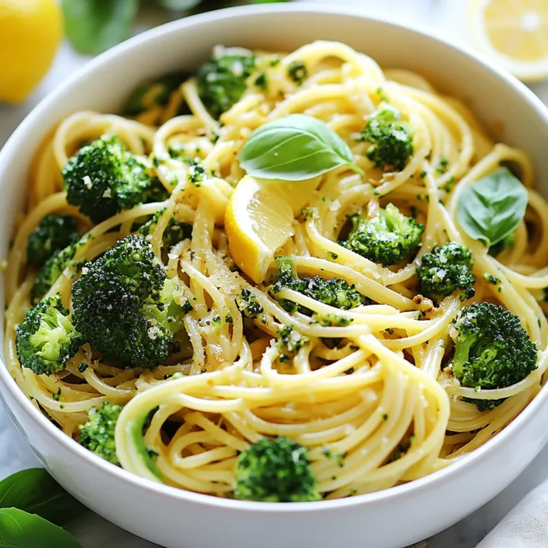 - Pasta selection options: You can use 8 oz of spaghetti or any pasta you like, such as penne or fusilli. - Fresh broccoli and quantity: You need 2 cups of fresh broccoli florets. This adds color and crunch. - Garlic, oil, and lemon details: Use 4 cloves of finely minced garlic, 1/4 cup of extra virgin olive oil, the zest of 1 lemon, and 2 tablespoons of lemon juice. These ingredients give the dish a bright flavor. - Optional ingredients: For a bit of heat, add 1/2 teaspoon of red pepper flakes. You can also sprinkle 1/4 cup of grated Parmesan cheese on top for a creamy finish. Fresh basil leaves make a great garnish too! This simple list of ingredients creates a flavorful and healthy meal. Cooking with these fresh items will make your dish taste amazing. {{ingredient_image_2}} First, bring a large pot of salted water to a rolling boil. Salt helps the pasta taste great. Once the water is boiling, add 8 oz of spaghetti or your favorite pasta. Cook it according to the package directions until it's al dente. This usually takes about 8 to 10 minutes. In the last 3 minutes of cooking, toss in 2 cups of fresh broccoli florets. This way, the broccoli cooks just right and stays bright green. When the pasta and broccoli are done, drain them. Don’t forget to save 1/2 cup of that starchy pasta water for later. It helps make the sauce creamy. Next, grab a spacious skillet and pour in 1/4 cup of extra virgin olive oil. Heat it over medium flame. Heating the oil is key because it helps bring out the garlic's flavor. Add 4 cloves of finely minced garlic to the skillet. If you want some spice, add 1/2 teaspoon of red pepper flakes. Sauté the garlic for 1-2 minutes. You’ll know it’s ready when it smells fragrant and turns golden brown. But watch closely! You do not want it to burn. Now, add the drained pasta and broccoli to the skillet with the garlic. Toss them well in the garlic oil. Next, add the zest of 1 medium lemon and 2 tablespoons of freshly squeezed lemon juice. Mix everything thoroughly. If the pasta looks dry, slowly add some of that reserved pasta water until you reach a nice, creamy texture. Season the dish generously with salt and freshly ground black pepper to taste. Toss everything for about a minute. This helps blend all the flavors together. For serving, transfer the pasta to plates. If you like, sprinkle some grated Parmesan cheese on top. Finish with a handful of fresh basil leaves for a colorful touch. Enjoy your Lemon Garlic Broccoli Pasta! - How to avoid overcooked broccoli: To keep broccoli bright and crisp, add it to the pasta pot in the last three minutes of cooking. This way, it cooks just right without turning mushy. - Best practices for cooking pasta: Use a large pot with plenty of salted water. Bring it to a boil before adding your pasta. Stir occasionally to prevent sticking. Cook until it is al dente, which means firm to the bite. - Ensuring the garlic doesn't burn: Garlic cooks fast, so keep an eye on it. Sauté over medium heat for one to two minutes until it turns fragrant and golden. If it burns, it tastes bitter. - Presentation ideas for serving: Serve this pasta in a large, elegant bowl. Add a vibrant lemon wedge on the side for a pop of color. A sprinkle of fresh basil leaves makes it look inviting. - Pairing with side dishes or beverages: This dish pairs well with a crisp green salad or garlic bread. A chilled white wine or sparkling water with lemon complements the flavors nicely. - Garnishing options for added flair: Top your pasta with grated Parmesan or a sprinkle of red pepper flakes for heat. Fresh herbs like basil or parsley add a lovely touch and extra flavor. Pro Tips Fresh Ingredients: Always opt for fresh broccoli and quality olive oil to enhance the flavors of your dish. Fresh ingredients yield the best taste and texture. Cook Pasta Perfectly: Make sure to cook your pasta al dente, as it will continue to cook slightly when mixed with the hot garlic oil, ensuring a perfect texture. Adjusting Consistency: Use the reserved pasta water gradually to achieve your desired sauce consistency. This starchy water helps the sauce cling beautifully to the pasta. Flavor Boost: For an extra punch of flavor, consider adding a splash of white wine to the skillet after sautéing the garlic, allowing it to reduce before adding the pasta. {{image_4}} You can add protein to make Lemon Garlic Broccoli Pasta heartier. Grilled chicken adds great flavor and texture. It pairs well with the lemon and garlic. Shrimp is also a fantastic choice. It cooks quickly and absorbs the dish's taste nicely. If you prefer a vegetarian option, chickpeas work well. They add a nice bite and boost the protein content. You can use canned chickpeas for ease. Just rinse them before adding to the pasta. While broccoli shines in this dish, you can switch it up. Spinach makes a lovely alternative. It wilts quickly and adds vibrant color. Asparagus is another great choice. Cut it into small pieces for even cooking. You can also use seasonal vegetables. In summer, try zucchini or bell peppers. In fall, roast some butternut squash for a warm touch. Each vegetable brings its own flavor and texture. To elevate the taste, think about herbs. Fresh parsley or thyme can add a new twist. You can also try basil for a sweet note. Just chop them up and toss them in at the end. If you want to change the cheese, go for feta or goat cheese. They add a tangy flavor. Nutritional yeast is a good vegan option, giving a cheesy taste without dairy. Experimenting with these options makes the dish unique every time. To store leftovers of Lemon Garlic Broccoli Pasta, first, let it cool down. Use an airtight container to keep it fresh. You can keep it in the fridge for up to three days. The pasta may lose some texture, but the flavor will still be good. To freeze Lemon Garlic Broccoli Pasta, first, let it cool completely. Then, place it in a freezer-safe bag or container. Make sure to remove all excess air. You can store it in the freezer for up to three months. When you want to eat it, take it out and thaw it in the fridge overnight. To reheat, warm it in a skillet over low heat. You might need to add a splash of water or olive oil to restore its creamy texture. Enjoy your meal again! For Lemon Garlic Broccoli Pasta, I love using spaghetti. Its long strands hold the sauce well. You can also try penne or fettuccine. Both options work great too. Just cook them until they are al dente. This keeps the pasta firm and tasty. Yes, you can! To make it vegan, swap the Parmesan cheese for nutritional yeast. It adds a cheesy flavor without any dairy. Use olive oil instead of butter if you want a richer taste. This keeps the dish full of flavor and friendly for all diets. You can easily make this dish gluten-free. Just use gluten-free pasta made from rice or quinoa. They cook similarly to regular pasta. Follow the package directions for best results. Make sure to check for cross-contamination if you have a serious allergy. Lemon Garlic Broccoli Pasta pairs well with many sides. A simple green salad adds freshness. Grilled chicken or shrimp can add protein. For a lighter touch, serve with steamed vegetables. These options make your meal balanced and delicious. This blog post taught you how to make Lemon Garlic Broccoli Pasta. You learned about choosing pasta, preparing fresh broccoli, and adding flavor with garlic and lemon. We discussed tips to avoid common mistakes and ways to enhance the dish with proteins and vegetables. In conclusion, this recipe is simple and offers room for your creativity. Enjoy it as is, or make it your own! Happy cooking!