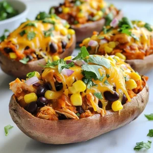 - 4 medium sweet potatoes - 2 cups cooked shredded chicken - 1 cup of your favorite BBQ sauce - 1 cup corn kernels (canned or frozen) - 1 cup black beans, rinsed and drained - 1 cup shredded cheddar cheese - 1/2 cup red onion, finely chopped - 1/4 cup fresh cilantro, chopped (for garnish) - Salt and pepper, to taste - 1-2 tablespoons olive oil In BBQ Chicken Stuffed Sweet Potatoes, each ingredient plays a key role. The sweet potatoes provide a soft, sweet base. This pairs well with the savory BBQ chicken. I love to use cooked shredded chicken because it’s easy and quick. The BBQ sauce adds a rich flavor that makes the dish pop. Corn kernels add a nice crunch and sweetness. Black beans bring protein and a hearty feel. Shredded cheddar cheese melts beautifully on top, giving a gooey finish. Red onion adds a sharp bite, while cilantro gives a fresh taste. You can adjust salt and pepper to your liking. - Diced jalapeños for heat - Greek yogurt or sour cream for creaminess - Other cheeses like Monterey Jack or mozzarella Optional add-ins let you customize your dish. If you like spice, add diced jalapeños. For a creamy touch, Greek yogurt or sour cream works great. You can also switch cheeses to suit your taste. - Gluten-free options - Dairy-free variations These stuffed sweet potatoes can fit many diets. They are naturally gluten-free, making them a safe choice. If you need a dairy-free option, use vegan cheese or skip the cheese altogether. Feel free to mix and match ingredients to fit your needs. {{ingredient_image_2}} - Preheat oven to 400°F (200°C). - Wash the sweet potatoes under cool water. Poke holes with a fork. - Rub each potato with olive oil. This helps them bake well. - Bake the sweet potatoes for 45-55 minutes until tender. - Check by piercing them with a fork. They should feel soft. - Let them cool slightly for easier handling. - In a bowl, mix shredded chicken and BBQ sauce. - Add corn, black beans, and chopped onion. - Season with salt and pepper to taste. Stir until mixed well. - Slice each sweet potato down the center. - Use a fork to fluff the insides gently. - Spoon the BBQ chicken mixture into each potato. - Top with shredded cheddar cheese for extra flavor. - Return the stuffed potatoes to the oven. Bake for 10-15 minutes. - Wait until the cheese is melted and bubbly. - Garnish with fresh cilantro before serving for a fresh touch. - To bake sweet potatoes perfectly, preheat your oven to 400°F (200°C). - Wash the potatoes and poke holes with a fork for steam to escape. - Rub them with olive oil and sprinkle with salt for extra flavor. - Place sweet potatoes on a baking sheet lined with parchment paper. - If you dislike wrapping, parchment paper makes clean-up a breeze. - To add more flavor, consider garlic powder or smoked paprika. - You can also use spicy BBQ sauce for a kick. - Try pairing the BBQ sauce with a hint of honey for sweetness. - Fresh lime juice adds a zesty contrast to the savory filling. - Use a sturdy baking sheet for even heat distribution. - A sharp knife is great for slicing the baked potatoes. - A mixing bowl helps combine ingredients for the filling well. - Consider using a fork for fluffing the sweet potato insides. - A measuring cup is handy for portioning the BBQ sauce and cheese. Pro Tips Choosing Sweet Potatoes: Select sweet potatoes that are firm and free of blemishes for the best flavor and texture. Enhancing BBQ Flavor: For an extra kick, consider adding a dash of smoked paprika or cayenne pepper to the BBQ chicken mixture. Optimal Cheese Melt: Use freshly shredded cheese instead of pre-packaged for a creamier melt and better flavor. Make-Ahead Option: Pre-bake the sweet potatoes and prepare the filling ahead of time. Assemble and bake just before serving for a quick meal. {{image_4}} You can switch up the protein in this dish. Turkey works well instead of chicken. Just cook and shred it like chicken. For a fun twist, try plant-based chicken too. It gives you that great BBQ taste without meat. This makes the dish veggie-friendly. You can also go fully vegetarian or vegan. Use a mix of beans and grains for protein. Quinoa or lentils can fill the sweet potatoes nicely. Want to mix things up? Try an Asian twist! Use teriyaki sauce instead of BBQ sauce. It adds a sweet and savory flavor. For a kick, go Southwest style. Use chipotle sauce for a smoky taste. You can even add spices like cumin or paprika. This gives the dish a whole new vibe. Don’t be afraid to get creative! Toppings can elevate your stuffed sweet potatoes. Sliced avocado adds creaminess and flavor. A squeeze of lime juice gives a zesty touch. You can also sprinkle some fresh cilantro on top for color. Side dishes can enhance your meal too. A fresh salad pairs well with the sweet potatoes. You can also serve grilled veggies or corn on the side. These add great texture and flavor to your plate. To store your BBQ chicken stuffed sweet potatoes, let them cool first. Place them in an airtight container. This helps keep them fresh. You can store them in the fridge for up to four days. If you want to save them longer, freezing is a great option. When reheating, you have two main options: the microwave or the oven. The microwave is quick but can make the sweet potatoes soggy. To avoid this, use the oven for better texture. Preheat your oven to 350°F (175°C). Place the stuffed sweet potatoes on a baking sheet. Heat for about 15-20 minutes until warm. To freeze stuffed sweet potatoes, pack them carefully. Wrap each one in plastic wrap, then place them in a freezer bag. Make sure to remove as much air as possible. They can stay in the freezer for up to three months. When ready to eat, thaw them overnight in the fridge. You can also use the microwave's defrost setting for a quicker option. Yes, you can prepare these stuffed sweet potatoes ahead of time. Bake the sweet potatoes and allow them to cool. Then, stuff them with the BBQ chicken mixture. Store them in the fridge for up to two days. When ready to eat, just reheat in the oven until warm. This saves time and makes for an easy meal later. If you don’t have sweet potatoes, you can use regular potatoes or even butternut squash. Both will work well. Just make sure to adjust the cooking time. Regular potatoes may take longer to bake, while butternut squash will cook faster. To check if sweet potatoes are cooked, insert a fork into them. They should feel soft and tender. If the fork goes in easily, they are ready. If they still feel hard, give them more time in the oven. Absolutely! You can use any cooked chicken you have. Rotisserie chicken works great, or you can use shredded turkey. For a meat-free option, try using shredded jackfruit or tofu for a different flavor. These stuffed sweet potatoes pair well with a fresh salad or grilled veggies. You can also serve them with extra BBQ sauce on the side. If you want something creamy, a dollop of Greek yogurt or sour cream adds a nice touch. These BBQ Chicken Stuffed Sweet Potatoes are easy and fun to make. You learned how to prepare the filling, bake the sweet potatoes, and store leftovers. You can choose your favorite proteins and flavors. With options for dietary needs and tasty variations, this dish fits many tastes. I hope you’ll try it soon and enjoy every bite! Remember, cooking is about creativity and having fun in the kitchen.
