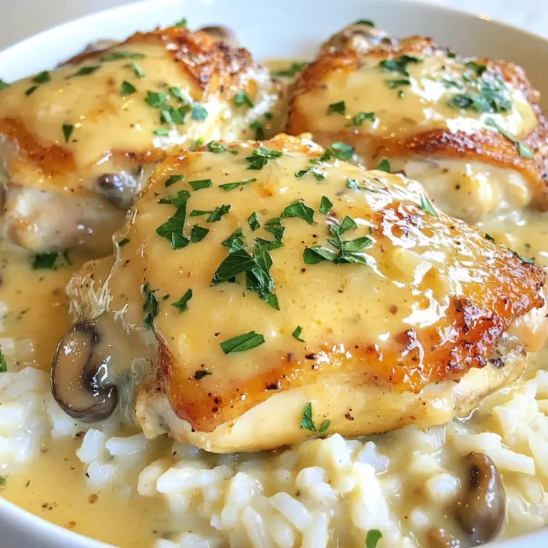 For this tasty dish, you will need: - 4 boneless, skinless chicken thighs - 2 cups of sliced mushrooms (button or cremini work well) - 1 medium onion, finely chopped - 3 cloves of garlic, minced - 1 cup of heavy cream - 1 cup of chicken broth (either homemade or store-bought) - 2 tablespoons of olive oil To boost flavor, gather these: - 1 teaspoon of dried thyme - 1 teaspoon of smoked paprika - Salt and freshly cracked black pepper to taste For a pretty finish and fresh taste, consider: - Fresh parsley, chopped {{ingredient_image_2}} Start by heating 2 tablespoons of olive oil in a large skillet over medium heat. While the oil warms, season 4 boneless, skinless chicken thighs. Use salt, black pepper, and 1 teaspoon of smoked paprika. Make sure each thigh gets an even coat. Once the oil shimmers gently, place the chicken thighs in the skillet. Sear them for 6-7 minutes until they turn golden brown. Flip the thighs and cook for another 6-7 minutes. When done, remove the chicken and set it aside on a plate. In the same skillet, add 1 medium finely chopped onion. Sauté for 2-3 minutes until the onion becomes soft and fragrant. Next, add 3 cloves of minced garlic and stir for 1 minute. The aroma will fill your kitchen! Then, toss in 2 cups of sliced mushrooms. Cook them for about 5-6 minutes. Stir occasionally until they soften and release their moisture. Now, pour in 1 cup of chicken broth. Use a wooden spoon to scrape any tasty bits from the bottom of the skillet. Let this simmer for 2-3 minutes. This step helps blend the flavors. Lower the heat and stir in 1 cup of heavy cream and 1 teaspoon of dried thyme. Mix well and let it simmer for 3-4 minutes. The sauce will thicken and become rich and creamy. Return the seared chicken thighs to the skillet. Nestle them in the creamy sauce. Cover the skillet and let the chicken cook on low heat for 5-7 minutes. This ensures the thighs are cooked through and soak up the sauce's flavor. Afterward, taste the sauce and adjust the salt, pepper, or thyme if needed. Enjoy the rich aroma and the creamy delight you have created! For this dish, I recommend using button or cremini mushrooms. Both types add great flavor. Button mushrooms offer a mild taste, while cremini has a deeper, earthier flavor. Slice them evenly for even cooking. You can also mix different types for a fun twist. To get a rich and creamy sauce, use heavy cream. This helps the sauce thicken nicely and adds a velvety feel. After adding the cream, let it simmer gently. This allows the flavors to blend well. If your sauce is too thin, let it cook a bit longer. You can also add a cornstarch slurry if you need a quick fix. Searing your chicken thighs properly is key. Start with medium heat and don’t rush it. Let each side brown for about 6-7 minutes. This builds a great crust. After searing, let them rest for a few minutes before returning them to the sauce. This keeps them juicy and tender. Cover the skillet while they simmer to trap moisture and flavor. Pro Tips Choosing the Right Mushrooms: Opt for a mix of button and cremini mushrooms to enhance the dish's flavor complexity. Perfectly Seasoned Chicken: Ensure you season the chicken thighs generously before searing to lock in flavor. Thickening the Sauce: Let the sauce simmer longer if you prefer a thicker consistency; this also intensifies the flavor. Garnishing for Appeal: Use freshly chopped parsley not only for flavor but also to add a vibrant color contrast on the plate. {{image_4}} You can switch up the mushrooms for different tastes. Try shiitake mushrooms for a meaty flavor or portobello for a robust bite. If you want a milder taste, go for button mushrooms. Mixing different types can create a nice depth of flavor in your dish. Each type adds its own twist to the creamy sauce. Adding vegetables boosts the nutrition and flavor. You can toss in spinach or kale for greens. Carrots or bell peppers add color and sweetness. Chop them into small pieces and add them when cooking the onions. This way, they will soften and blend well with the sauce. You’ll create a heartier meal that everyone will love. If you want a lighter dish, you can switch the heavy cream. Use coconut milk for a dairy-free option. It adds a nice sweetness and creaminess too. If you prefer lower fat options, try using Greek yogurt. Just stir it in at the end to keep it smooth. Each choice gives a different flavor profile while keeping the sauce rich. To store your creamy mushroom chicken thighs, let them cool first. Place the chicken and sauce in an airtight container. This keeps it fresh and prevents odors. Store it in the fridge for up to three days. Make sure to cover the container tightly. When you are ready to eat, reheat the chicken gently. Use a skillet over low heat. Add a splash of chicken broth or water to keep it moist. Stir occasionally until heated through. You can also use the microwave. Heat in short bursts, stirring in between. If you want to save some for later, freezing works well. Place the cooled chicken and sauce in a freezer-safe container. Label it with the date. You can freeze it for up to three months. To eat, thaw it in the fridge overnight. Reheat as mentioned above. Enjoy your meal anytime! You can serve Creamy Mushroom Chicken Thighs with many tasty sides. Here are a few ideas: - Fluffy rice for soaking up the sauce - Silky mashed potatoes for a comforting touch - Steamed green vegetables like broccoli or asparagus for balance - A fresh salad for a light, crisp contrast Yes, you can use chicken breasts. They will cook faster than thighs. Keep an eye on them to avoid drying out. Use the same cooking steps. Adjust the cooking time to about 5-6 minutes per side. This way, you keep them juicy and tender. To lighten up this dish, try these tips: - Use low-fat cream or Greek yogurt instead of heavy cream - Swap chicken thighs for skinless chicken breasts - Serve with a salad or steamed veggies instead of rice or potatoes These changes help cut calories while keeping the flavor. Cooking chicken thighs takes about 12-14 minutes total. Sear them for 6-7 minutes on each side. After that, let them cook in the sauce for 5-7 minutes. Always check that the internal temperature reaches 165°F (75°C) for safety. Creamy Mushroom Chicken Thighs are a delightful dish that combines rich flavors and simple steps. We covered key ingredients, cooking methods, and tips for the best outcome. Remember to experiment with mushrooms and veggies to make it your own. Proper storage helps keep leftovers fresh, and a few reheating tips ensure the meal tastes great later. Enjoy trying this recipe for a tasty, satisfying dinner any night of the week. You’ll impress anyone who tries it!