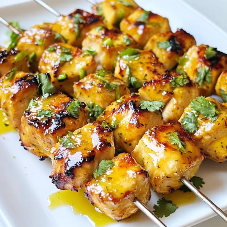 - 1 lb boneless chicken breast - 1/4 cup honey - 2 tablespoons extra virgin olive oil - Zest and juice of 2 fresh limes - 2 cloves garlic - Fresh cilantro - Wooden or metal skewers - Ground cumin - Smoked paprika - Salt and pepper To make the perfect Honey Lime Chicken Skewers, you need simple, fresh ingredients. Start with 1 lb of boneless chicken breast. Cut it into 1-inch cubes for even cooking. Next, grab 1/4 cup of honey. This sweet touch adds great flavor. You’ll also need 2 tablespoons of extra virgin olive oil for moisture. Next, zest and juice 2 fresh limes. The zest adds a bright punch. You’ll also need 2 cloves of garlic, minced finely. Garlic gives the skewers a nice kick. Don't forget seasonings like ground cumin and smoked paprika. Use these in equal parts for a warm, smoky flavor. Add salt and pepper to taste. For a fresh look, chop some cilantro for garnish. This adds color and a burst of fresh taste. Finally, remember your skewers. Wooden or metal, they will hold your chicken and flavor. If you use wooden skewers, soak them in water for 30 minutes. This prevents burning during grilling. These ingredients come together for a tasty meal. They create a sweet and tangy dish that everyone will enjoy. {{ingredient_image_2}} - In a medium bowl, mix the honey, olive oil, lime zest, lime juice, minced garlic, ground cumin, smoked paprika, salt, and pepper. Whisk these ingredients until smooth. - Add the chicken cubes to the marinade. Toss gently to coat each piece well. Cover the bowl with plastic wrap and place it in the fridge. Let it marinate for at least 30 minutes, or up to 2 hours for more flavor. - If you use wooden skewers, soak them in water for 30 minutes. This helps prevent burning on the grill. - Preheat your grill to medium-high heat. This step is key for a good sear. - Thread the marinated chicken cubes onto the skewers. Leave small gaps between pieces. This helps cook evenly and gives nice grill marks. - Grill the skewers for about 10-12 minutes. Turn them often to cook all sides. Check that the chicken reaches an internal temperature of 165°F (75°C). - Once cooked, take the skewers off the grill and let them rest for a few minutes. This keeps the chicken juicy. - Before serving, sprinkle freshly chopped cilantro on top for a pop of color and flavor. Grilling is my go-to method for Honey Lime Chicken Skewers. It gives the chicken a great char and smoky flavor. If you choose to bake, preheat your oven to 400°F (200°C). This method works well, but you miss that grill taste. To enhance flavor, let the chicken marinate for at least 30 minutes. For the best taste, try to marinate for up to 2 hours. The honey and lime mix works wonders to tenderize the meat. These skewers pair perfectly with coconut rice or a fresh cucumber salad. Coconut rice adds a sweet note that goes well with the tangy chicken. A cucumber salad offers a nice crunch and balances the dish. For garnishes, sprinkle freshly chopped cilantro on top. It adds color and fresh flavor. You can also serve extra lime wedges on the side. This lets people add more zing if they want. For grilling, a good grill or grill pan is key. Choose one that heats evenly and has good grill marks. If you prefer to bake, a baking sheet lined with parchment works well. When it comes to skewers, I recommend using metal skewers. They are reusable and handle high heat better. If you use wooden skewers, soak them in water for at least 30 minutes. This helps prevent burning on the grill. Pro Tips Marinade Time: Allowing the chicken to marinate for at least 30 minutes will enhance the flavor, but marinating for 2 hours or more will give it an even deeper taste. Soak Skewers: If using wooden skewers, soak them in water for at least 30 minutes before grilling to prevent them from burning and breaking. Chicken Size: Cut the chicken into uniform 1-inch cubes to ensure they cook evenly and thoroughly on the grill. Resting Period: Let the skewers rest for a few minutes after grilling; this helps the juices redistribute, making the chicken more tender and juicy. {{image_4}} You can easily change the taste of your Honey Lime Chicken Skewers. For a new twist, try using different citrus fruits. Instead of lime, use orange or lemon juice and zest. Each option offers a unique flavor profile. You can also adjust the spices. If you like heat, add a pinch of cayenne pepper. If you want a milder taste, you can skip the smoked paprika. This recipe can fit various diets. For gluten-free options, just ensure your marinade ingredients are gluten-free. You can also make low-carb skewers by using chicken with less sugar. If you want a vegetarian choice, use firm tofu or a mix of colorful vegetables. Bell peppers, zucchini, and mushrooms work great on skewers. You don’t have to grill these skewers if you prefer other methods. For oven-baking, preheat your oven to 400°F (200°C). Place the skewers on a baking sheet. Bake for about 15-20 minutes. Keep an eye on them to avoid overcooking. If you're short on time, you can use an air fryer. Set it to 375°F (190°C) and cook the skewers for 10-12 minutes. This method gives you a nice crispy exterior while keeping the inside juicy. Enjoy your cooking adventure! To keep your Honey Lime Chicken Skewers fresh, store leftovers in the fridge. Place them in an airtight container. This helps prevent drying out and keeps the flavors intact. Make sure to refrigerate within two hours after cooking for safety. You can also freeze these skewers. First, let them cool completely. Then, wrap them tightly in plastic wrap, and place them in a freezer bag. Label the bag with the date. This method helps prevent freezer burn. To reheat on the grill, preheat it to medium heat. Place the skewers on the grill for about 5-7 minutes, turning occasionally. This method helps maintain the juicy texture. If you prefer the oven, set it to 350°F (175°C). Place the skewers on a baking sheet lined with foil. Heat for about 10-15 minutes until warmed through. This keeps the chicken moist. In the fridge, your skewers will stay fresh for about 3-4 days. Always check for any off smells or changes in color. If the chicken looks slimy or has an odd smell, it's best to discard it. For frozen skewers, they can last for about 2-3 months. However, for the best flavor, use them within a month. Always inspect for freezer burn or ice crystals before cooking. I suggest marinating the chicken for at least 30 minutes. This helps the chicken soak up the flavors. For an even richer taste, marinate the chicken for up to 2 hours. Remember, the longer you marinate, the better the flavor. Yes, you can use other meats. Pork, shrimp, or beef work great as alternatives. Each will change the flavor but will still taste amazing with the honey lime marinade. Just adjust cooking times based on the meat you choose. You can serve these skewers with many sides. Some great options are coconut rice or a crisp cucumber salad. Both add freshness and balance the sweet and tangy flavors of the skewers. Don’t forget to offer extra lime wedges for some zing! This article covered how to make delicious Honey Lime Chicken Skewers. You learned about key ingredients, including chicken, honey, and lime. I shared step-by-step instructions to marinate, grill, and serve the skewers. You also picked up tips on variations, storage, and answers to common questions. Now, you can create a tasty meal that's easy to enjoy. Experiment with flavors and have fun grilling!