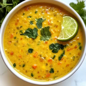 For this creamy coconut lentil soup, you will need the following: - 1 cup red lentils, thoroughly rinsed - 1 can (14 oz) full-fat coconut milk - 4 cups vegetable broth, low-sodium preferred - 1 medium onion, finely chopped - 2 cloves garlic, minced - 1 inch fresh ginger, grated - 2 medium carrots, diced into bite-sized pieces - 1 bell pepper (red or yellow), diced - 1 teaspoon ground cumin - 1 teaspoon turmeric powder - 1/2 teaspoon chili powder (adjust to personal heat preference) - Sea salt and black pepper to taste - 2 tablespoons extra-virgin olive oil - Fresh cilantro, chopped (for garnish) - Juice of 1 fresh lime When picking coconut milk, I recommend brands like Thai Kitchen or Aroy-D. These options give a rich and creamy texture. For fresh produce, choose firm carrots and vibrant bell peppers. Look for onions with smooth skin. This ensures you get the best flavors for your soup. Always rinse your lentils well to remove any dust or debris. This small step makes a big difference in flavor. {{ingredient_image_2}} To start, gather your ingredients. Rinse 1 cup of red lentils well. Then, chop 1 medium onion and dice 2 medium carrots and 1 bell pepper. Mince 2 cloves of garlic and grate a 1-inch piece of fresh ginger. 1. In a large pot, heat 2 tablespoons of extra-virgin olive oil over medium heat. Wait until the oil shimmers. 2. Add the chopped onion. Sauté for about 3-4 minutes until the onion is soft and translucent. 3. Now, add the minced garlic and grated ginger. Stir for 1-2 minutes until fragrant. 4. Next, toss in the diced carrots and bell pepper. Cook for 5 minutes, stirring often, until the veggies are tender. 5. Add 1 teaspoon of ground cumin, 1 teaspoon of turmeric powder, and 1/2 teaspoon of chili powder. Stir well to coat the veggies with spices. 6. Pour in the rinsed lentils and 4 cups of low-sodium vegetable broth. Increase the heat to bring it to a gentle boil. 7. Once boiling, reduce the heat to low. Simmer uncovered for about 20 minutes until the lentils are soft and breaking apart. After the lentils are cooked, stir in 1 can of full-fat coconut milk. Let it simmer for another 5 minutes. This will make the soup creamy and rich. Taste it and add sea salt and black pepper as needed. If you want a smoother soup, you can use an immersion blender to puree part of it. This gives a nice texture while keeping some lentils whole. Ladle the soup into bowls. Garnish generously with freshly chopped cilantro for a pop of color. For a zesty kick, add a wedge of lime on the side. For a complete meal, serve the soup with warm, crusty bread or rolls. This adds a lovely crunch and makes every bite enjoyable. When making creamy coconut lentil soup, avoid common mistakes. One key error is not rinsing the lentils. Always rinse them well to remove dust and impurities. This step helps keep your soup smooth and tasty. Another mistake is cooking the vegetables too long. Sauté them just until soft to keep their flavor bright. For the best spice level, start with less chili powder. You can always add more if you like heat. If the soup is too thick, add more vegetable broth or water. Stir it in gradually. You want a creamy texture, not a paste. To thicken it, let it simmer longer or blend a portion. To boost flavor, try adding fresh herbs like basil or mint. They add a nice twist. You can also mix in spices like coriander or a dash of curry for extra warmth. For protein, consider adding shredded chicken or cubed tofu. Both add heartiness and make the soup even more filling. If you want a vegan option, stick with the tofu or even add chickpeas for some extra protein. Pro Tips Soak Lentils for Extra Creaminess: Soaking red lentils for about 30 minutes before cooking can enhance their creaminess and reduce cooking time. Just remember to rinse them thoroughly after soaking. Adjust Spice Levels: Tailor the soup's heat to your preference by adjusting the amount of chili powder. Start with a small amount and gradually increase until you reach your desired spice level. Use Fresh Herbs: Adding fresh herbs like cilantro or basil at the end not only boosts flavor but also adds a vibrant color to your soup. You can also garnish with mint for a refreshing twist. Pair with Bread: Serve this soup with warm, crusty bread or rolls for a complete meal. The bread is perfect for dipping and complements the soup's creamy texture beautifully. {{image_4}} This soup is naturally vegan and vegetarian. You can enjoy it without any animal products. For gluten-free needs, check your vegetable broth. Most brands are gluten-free, but always read the label. You can switch lentils for beans or chickpeas. Each option gives a unique taste. Red lentils cook fast, but green lentils add a firmer bite. Feel free to use seasonal veggies. Swap carrots for squash or add leafy greens like spinach. These changes keep your soup fresh and exciting. To keep your creamy coconut lentil soup fresh, store it in an airtight container. Place the container in the fridge. It will stay good for up to five days. If you want to keep it longer, pour the soup into freezer-safe bags. Remove as much air as possible and lay them flat in the freezer. This method saves space and helps it freeze faster. The soup will last about three months in the freezer. When you are ready to eat, thaw the soup in the fridge overnight. Reheat it on the stove over low heat. Stir often to warm it evenly. You can also microwave it in a bowl. Just cover it with a lid or wrap to avoid splatters. Making this soup ahead of time is a great idea for busy days. Cook a big batch and store it in portions. Use small containers or jars. This makes it easy to grab a meal on the go. You can even pack it in a thermos for lunch. For quick meals, you can pair the soup with whole-grain bread or a simple salad. This adds more nutrition and makes the meal more filling. Enjoy the ease of having a healthy meal ready to go! Can I use dried lentils instead of canned coconut milk? You can use dried lentils, but ensure to cook them first. Dried lentils need more time to soften than canned lentils. Add them to your pot with the broth and cook until soft. Canned coconut milk is a must for creaminess. What can I substitute for coconut milk? If you need a substitute for coconut milk, try almond milk or soy milk. For creaminess, add a tablespoon of nut butter. You can also blend soaked cashews with water for a rich texture. How can I thicken the soup without losing flavor? To thicken the soup, use an immersion blender. Blend part of the soup until creamy. You can also add more lentils or a small amount of cornstarch mixed with water. This keeps the flavor rich and delicious. Health benefits of main ingredients Red lentils are high in protein and fiber. They help with digestion and keep you full. Coconut milk adds healthy fats that support heart health. Fresh veggies boost vitamins and minerals, making this soup nutritious. Caloric breakdown per serving One serving of this soup has about 300 calories. This includes the lentils, coconut milk, and vegetables. It is a filling meal that won’t weigh you down. Addressing dietary restrictions (e.g., low sodium, low fat) You can make this soup low sodium by using low-sodium broth. To reduce fat, choose light coconut milk. This way, you can enjoy a tasty meal that fits your dietary needs. This blog post covered a tasty lentil soup recipe. We explored the right ingredients, from lentils to fresh produce. I shared clear steps to prepare the soup, finalize it with coconut milk, and offer serving tips. We discussed helpful cooking tricks, tasty variations, and ways to store leftovers. In summary, you now have all the tools to make a delicious soup that fits your dietary needs. Enjoy your cooking adventure and remember, the best soup starts with good ingredients!