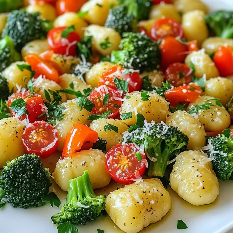 For this dish, you need: - 1 pound potato gnocchi - 2 cups broccoli florets, fresh or frozen - 1 cup cherry tomatoes, halved - 1 red bell pepper, diced into bite-sized pieces - 4 cloves garlic, minced finely - 1/4 cup olive oil, plus more for drizzling - 1/2 cup grated Parmesan cheese, plus extra for serving These simple yet tasty ingredients make a great base for our dish. The potato gnocchi provides a soft and chewy texture. The broccoli, tomatoes, and red bell pepper add color and nutrition. Garlic brings a bold flavor that pairs well with everything. To enhance the flavor, you will need: - 1 teaspoon Italian seasoning blend - Salt and black pepper, to taste These seasonings are key to making every bite burst with flavor. The Italian seasoning blend adds herbs that complement the veggies and gnocchi. The salt and pepper balance the taste and elevate the dish. For a finishing touch, consider: - Fresh parsley, chopped, for garnish Adding fresh parsley not only brightens up the dish but also gives a fresh taste. If you like, sprinkle extra grated Parmesan on top for more cheesy goodness. A drizzle of olive oil can also enhance the flavor and presentation. First, preheat your oven to 400°F (200°C). This temperature helps the gnocchi and veggies roast well. Next, line a large sheet pan with parchment paper. This step makes cleaning easy and stops food from sticking. Grab a large mixing bowl. In it, combine 1 pound of potato gnocchi, 2 cups of broccoli florets, 1 cup of halved cherry tomatoes, and 1 diced red bell pepper. These veggies add color and flavor. Now, add 4 minced garlic cloves, 1/4 cup of olive oil, and 1 teaspoon of Italian seasoning. Don’t forget salt and black pepper to taste! Toss everything gently until all the ingredients are well mixed and coated with oil. Spread the gnocchi and veggie mix evenly on your prepared sheet pan. Sprinkle 1/2 cup of grated Parmesan cheese over the top. This cheese adds a rich flavor as it bakes. Place the sheet pan in the oven and bake for 20-25 minutes. Stir the mixture halfway through to help it cook evenly. The gnocchi should turn golden, and the veggies will become tender and slightly caramelized. Once done, carefully take the sheet pan out and let it cool for a few minutes. Before serving, sprinkle some fresh parsley on top for a touch of color and freshness. To get the best roast, space the gnocchi and veggies out on the pan. This helps them crisp up nicely. Don’t crowd the pan. Stir halfway through to cook evenly. Keep an eye on them. You want a golden color and tender veggies. You can store leftovers in an airtight container. Place them in the fridge for up to three days. To reheat, use the oven for best results. This keeps the gnocchi crispy. You can also use a microwave, but it may make them soft. You can swap gnocchi for pasta or even sweet potatoes. If you don’t have broccoli, use green beans or zucchini. For cheese, try feta or a dairy-free option. Adjust the seasonings to fit your taste. These changes can give new flavors to the dish. {{image_4}} You can make this dish heartier by adding protein. Cooked chicken or shrimp works great. Just toss it with the gnocchi and veggies before roasting. If you want to keep it plant-based, try chickpeas or tofu. They add protein and soak up flavors well. Feel free to mix and match veggies. Asparagus, zucchini, or carrots can add different textures. Use what you have on hand or what is in season. This recipe is very flexible, so be creative with your choices. To boost flavors, add a squeeze of lemon juice before serving. You can also sprinkle in some red pepper flakes for heat. Fresh herbs like basil or thyme can add more aroma. Experiment with your favorite flavors to make this dish yours! Store any leftovers in an airtight container. Place the container in the fridge. The dish stays fresh for up to three days. If you want to keep the flavors intact, eat it sooner. Make sure it’s completely cool before sealing it. To freeze, portion the leftovers into freezer-safe bags. Press out any air before sealing. This way, they stay fresh for up to three months. When you’re ready to eat, thaw the bags in the fridge overnight before reheating. Reheat the dish in the oven or microwave. For the oven, preheat to 350°F (175°C). Place the gnocchi and veggies in a baking dish. Cover with foil to prevent drying out. Heat for about 15-20 minutes until warm. In the microwave, use a microwave-safe plate. Heat in short bursts, stirring in between, until hot. Enjoy your meal just like fresh! Yes, you can use other types of gnocchi. You may choose sweet potato gnocchi or even mushroom gnocchi. Both will add a new taste and color to the dish. Just make sure to adjust the cooking time based on the gnocchi you select. Fresh gnocchi cooks faster than frozen. To tell if the dish is done, look for golden-brown gnocchi and tender veggies. The edges should caramelize slightly. You can use a fork to test the vegetables. If they are soft, your dish is ready. Baking usually takes 20 to 25 minutes. Don’t forget to stir halfway for even cooking. Yes, you can make this recipe vegan! Simply replace the Parmesan cheese with a vegan cheese option. Nutritional yeast is a great alternative that adds a cheesy flavor. You can also use more veggies or add tofu for protein. Adjust the olive oil as needed to keep it rich and tasty. This blog post covered how to roast gnocchi and veggies. We looked at key ingredients, simple steps, and helpful tips. You learned how to achieve perfect roasting and store leftovers. Variations gave you ideas for proteins and flavors. In closing, roasting gnocchi is easy and tasty. With this guide, you can create a dish that suits your taste. Go ahead, try it out, and enjoy your delicious meal!