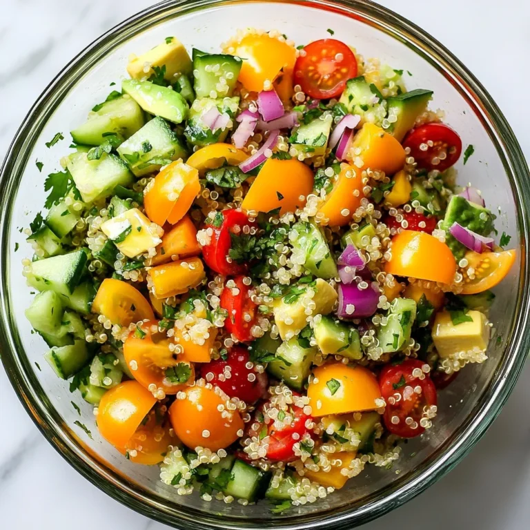 - 1 cup quinoa - 2 cups water - 1 cup cherry tomatoes - 1 medium cucumber - 1 bell pepper (red or yellow) - 1/4 red onion - 1 ripe avocado - 1/2 cup fresh cilantro - 1/4 cup freshly squeezed lime juice - 2 tablespoons extra-virgin olive oil - 1 teaspoon honey or agave syrup (optional) - 1 teaspoon ground cumin - Salt and freshly ground black pepper The first part of this recipe focuses on fresh and vibrant ingredients. Quinoa serves as the base, bringing protein and texture. It's easy to cook and very versatile. Rinse it well to remove any bitterness. For the veggies, I love using cherry tomatoes, cucumber, and bell pepper. They add color and crunch. The red onion gives a nice bite, while the avocado adds creaminess. Lastly, cilantro brings that refreshing taste. It's full of flavor! For the dressing, I use lime juice and olive oil for a zesty touch. Honey or agave syrup can add a sweet note if you like. Ground cumin gives a warm, earthy flavor. Salt and pepper are key for balancing everything out. This combination of ingredients creates a salad that is not just good to eat but also pleasing to the eye. With each bite, you get a mix of textures and flavors. It’s a salad you will want to make again! {{ingredient_image_2}} To start, combine 1 cup of quinoa and 2 cups of water in a medium saucepan. This ratio ensures the quinoa cooks well. Bring the mixture to a boil over medium-high heat. Once it reaches a boil, reduce the heat to low. Cover the pan with a lid and let it simmer for 15 minutes. The quinoa will become fluffy and absorb all the water. When done, remove it from heat and let it cool for a few minutes. While the quinoa cools, prepare the dressing. In a bowl, whisk together 1/4 cup of freshly squeezed lime juice, 2 tablespoons of extra-virgin olive oil, and 1 teaspoon of honey or agave syrup if you want a hint of sweetness. Add 1 teaspoon of ground cumin, a pinch of salt, and freshly cracked black pepper. Mix until everything is well combined. This dressing will bring a zesty flavor to your salad. In a large mixing bowl, mix together the halved cherry tomatoes, diced cucumber, diced bell pepper, finely chopped red onion, and diced avocado. Once you have your vegetable mix ready, add the cooled quinoa to the bowl. Pour the dressing over the top and gently toss the salad. Be careful not to mash the avocado. Finally, fold in 1/2 cup of finely chopped fresh cilantro. This adds a burst of fresh flavor. For the best taste, refrigerate the salad for about 30 minutes. This allows all the flavors to meld beautifully. - Rinse quinoa thoroughly to remove bitterness. This step makes your salad taste fresh. - Let quinoa cool before mixing. This prevents wilting the veggies and keeps them crisp. - Serve in a clear glass bowl for presentation. This highlights the vibrant colors of the ingredients. - Garnish with cilantro and lime wedges. This adds a bright touch and extra flavor. - Consider adding black beans or corn. These ingredients add texture and boost nutrition. - For spice, add diced jalapeños. This will make the salad exciting for those who love heat. Pro Tips Rinse the Quinoa: Always rinse quinoa before cooking to remove its natural coating, called saponin, which can give it a bitter taste. Cool the Quinoa: Let the quinoa cool completely before mixing it with the vegetables to prevent wilting and ensure a fresher taste. Customize Your Veggies: Feel free to swap in your favorite vegetables or whatever is in season to keep the salad fresh and exciting. Make Ahead: This salad can be made a day in advance; just add the avocado just before serving to keep it from browning. {{image_4}} If you want a vegan dish, just swap honey for agave syrup. Agave gives a sweet touch while keeping the salad plant-based. This small change helps everyone enjoy the flavors. You can add protein to make this salad heartier. Grilled chicken or shrimp works well. Chickpeas are a great choice for a vegan option. These ingredients boost nutrition and flavor, making it filling. Feel free to mix in seasonal fruits or vegetables. In summer, add fresh corn or diced mango for sweetness. In winter, try roasted butternut squash or pomegranate seeds. These additions keep the salad fresh and exciting all year long. To keep your cilantro lime quinoa salad fresh, store it in an airtight container. This will help keep moisture out and flavors in. Place the container in the fridge right after you prepare the salad. For the best taste, eat the salad within 2-3 days. The flavors will be bright and fresh during this time. After a few days, the veggies may lose crunch and flavor. I do not recommend freezing this salad. Freezing can change the texture of the veggies and the quinoa. Enjoy this salad fresh for the best taste experience. To make quinoa fluffy, rinse it well before cooking. This step removes bitterness and helps the grains separate. Use a fine mesh strainer and run cold water over the quinoa for a couple of minutes. After rinsing, cook it in a pot with water. Bring it to a boil, then lower the heat. Cover the pot and let it simmer for about 15 minutes. This method absorbs all the water and makes the quinoa light and fluffy. Yes, you can use other greens if you don’t like cilantro. Parsley is a great substitute that gives a fresh taste. Basil also works well for a different flavor twist. Each herb adds its own unique taste, so feel free to experiment. Quinoa is naturally gluten-free, making this salad a safe choice for those with gluten issues. Just ensure you check that all other ingredients, like the dressing, are gluten-free as well. This way, you can enjoy a tasty and safe meal. Absolutely! You can prepare the salad a day in advance. Just keep the dressing separate until you are ready to serve. This keeps the salad fresh and crunchy. Store it in the fridge in an airtight container. When ready to eat, mix in the dressing and enjoy. In this blog post, we explored a fresh quinoa salad with bright veggies and a zesty dressing. You learned how to cook quinoa and mix it with cherry tomatoes, cucumber, and more. I shared tips for adding protein and making it vegan. This salad is best fresh, but you can store it for a few days. Remember to rinse your quinoa for fluffiness. Enjoy creating this vibrant dish that can always be changed to fit your tastes.