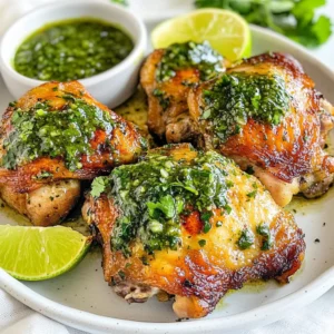 To make chimichurri chicken thighs, you need the following ingredients: - 4 bone-in, skin-on chicken thighs - 1 cup fresh parsley, meticulously chopped - ½ cup fresh cilantro, finely chopped - 4 cloves of garlic, minced finely - 1 teaspoon red pepper flakes (adjust for spice preference) - ½ teaspoon smoked paprika - ½ teaspoon salt (or to taste) - ½ teaspoon black pepper (or to taste) - ½ cup extra virgin olive oil - 2 tablespoons red wine vinegar (or substitute with lemon juice for a non-alcoholic version) - 1 lime, juiced You can swap ingredients based on your taste. Try these options: - Use fresh basil instead of parsley for a different flavor. - Replace cilantro with mint for a fresh twist. - Lemon juice can replace red wine vinegar for a brighter taste. - Adjust red pepper flakes to control heat. - For a smoky taste, use chipotle powder instead of smoked paprika. When cooking, quality matters. Here's what to look for: - Choose fresh herbs. Look for vibrant colors and strong scents. - Use high-quality extra virgin olive oil. It enhances flavor and adds richness. - Select chicken thighs with firm skin and no discoloration. - Fresh garlic adds zest. Avoid garlic that is dried out or sprouted. - If possible, use organic ingredients. This choice supports better taste and health. {{ingredient_image_2}} Start by gathering your ingredients. You need fresh parsley, cilantro, garlic, red pepper flakes, smoked paprika, salt, and black pepper. Chop the parsley and cilantro finely. Mince the garlic well. In a bowl, combine these dry ingredients. Mix them thoroughly to blend the flavors. Next, add the olive oil and red wine vinegar. You can use lemon juice instead if you prefer. Finally, squeeze in the fresh lime juice. Whisk everything together until it turns into a vibrant sauce. This chimichurri will add bright flavors to your chicken. Take your chicken thighs and put them in a large zip-top bag or a shallow dish. Pour half of the chimichurri sauce over the chicken. Make sure each piece is coated evenly. Seal the bag tightly or cover the dish with plastic wrap. Place it in the fridge and let it marinate. The chicken should sit for at least 1 hour. If you have time, marinate it for up to 4 hours. This step makes the chicken flavorful and juicy. When ready to cook, preheat your oven to 425°F (220°C). If grilling, heat the grill to medium-high. For oven cooking, line a baking sheet with parchment paper. Take the marinated chicken out of the fridge. Place the thighs on the sheet or grill. Bake for 30-35 minutes or until the skin is crispy and the internal temperature reaches 165°F (75°C). For grilling, cook about 6-8 minutes per side. Keep an eye on it to ensure even cooking. In the last 5 minutes of cooking, take the remaining chimichurri sauce. Use a brush to apply it over the chicken thighs. This adds extra flavor and moisture. Basting helps keep the chicken juicy and enhances the overall taste. After cooking, let the chicken rest for 5 minutes before serving. This allows the juices to settle and makes each bite tender and tasty. Enjoy your flavorful chimichurri chicken thighs! To get the best flavor from your chimichurri chicken thighs, marination is key. First, always use fresh herbs for the chimichurri sauce. Fresh parsley and cilantro add a punch. I recommend marinating the chicken for at least one hour. For a bolder taste, let it sit for up to four hours. Make sure to coat all parts of the chicken well with the sauce. This helps the flavors seep in deeply. Cooking times can change based on your oven or grill type. For a conventional oven set at 425°F, plan for 30 to 35 minutes. If you use a convection oven, check the chicken at 25 minutes. For grilling, the thighs need about 6 to 8 minutes per side. Always check the internal temperature. It should reach 165°F for safe eating. Crispy skin makes any chicken dish special. To achieve this, start with skin-on chicken thighs. Pat the skin dry with paper towels before marinating. A dry surface helps it crisp up better. When cooking, place the thighs skin-side up. If grilling, avoid moving them around too much. Let them sear to form a nice crust. Lastly, baste with chimichurri sauce in the last 5 minutes to keep it moist and flavorful. Pro Tips Quality Ingredients: Using fresh, high-quality herbs and spices will significantly enhance the flavor of your chimichurri sauce, making your chicken thighs even more delicious. Marinating Time: For the best flavor, allow the chicken to marinate for at least 4 hours, or even overnight if possible. This gives the meat time to absorb all the flavors of the chimichurri. Grill Marks: If grilling, ensure your grill is hot enough before placing the chicken on it. This helps achieve beautiful grill marks and prevents sticking. Resting Time: Always let the chicken rest for a few minutes after cooking. This allows the juices to redistribute, making the chicken more tender and juicy when served. {{image_4}} Chimichurri sauce is not just for chicken. You can use it with many proteins. Try it with steak, pork, or fish. Shrimp also works well with this sauce. Each protein absorbs the flavors in its own way, making it a versatile choice. You can even use tofu or tempeh for a plant-based option. Just remember to marinate them like you would the chicken. If you have leftover chimichurri sauce, don’t throw it away! Use it in many ways. It makes a great salad dressing. Just mix it with some greens for a fresh taste. You can also drizzle it on roasted vegetables. It adds a zingy touch. Another idea is to use it as a sandwich spread. It gives your meals an extra kick. Pair it with grilled meats or even as a dip for bread. You can easily change the spice level of your chimichurri sauce. If you like it mild, use fewer red pepper flakes. For a bolder flavor, add more flakes or even some fresh chili. You can also try adding jalapeños for a fresh heat. Adjust the spice to fit your taste. Remember, everyone has a different preference, so make it your own! To keep your leftover chimichurri chicken thighs fresh, store them in an airtight container. Place the chicken in the fridge. Use it within three days for the best taste. If you want to keep it longer, freezing is a great option. Chimichurri sauce can freeze well too! Pour it into an ice cube tray. Once frozen, pop the cubes into a zip-top bag. You can use them later by thawing the amount you need. This method keeps the sauce fresh for up to three months. When you reheat the chicken, do it gently. Use the oven or microwave. If you use the oven, set it to 350°F (175°C). Heat until warm, about 15-20 minutes. In the microwave, cover the chicken and heat in short bursts. This keeps it juicy! If you have extra chimichurri, drizzle some on top for added flavor. You should marinate the chicken for at least 1 hour. This helps the flavors soak in deeply. If you have time, let it marinate for up to 4 hours. This gives the chicken a bold and tasty flavor. Just remember to keep it in the fridge while marinating. Yes, you can use boneless chicken thighs. They cook faster than bone-in thighs. Adjust the cooking time to about 20-25 minutes. Check the internal temperature to ensure it reaches 165°F (75°C). Boneless thighs still soak up the chimichurri flavor well. Chimichurri chicken thighs pair well with many sides. Here are some great options: - Roasted vegetables - Rice or quinoa - A fresh salad - Grilled corn on the cob These sides balance the chicken's rich flavor and add color to your meal. To check if chicken is fully cooked, use a meat thermometer. Insert it into the thickest part of the thigh. It should read 165°F (75°C). If you don’t have a thermometer, cut into the chicken. The juices should run clear, not pink. Always be safe to ensure your meal is delicious and safe to eat. This blog post showed you how to make delicious chimichurri chicken thighs. We covered key ingredients, cooking methods, and tips for maximum flavor. Remember, marinate your chicken well and choose the right cooking method for your grill or oven. You can get creative with ingredient swaps and spice levels too. Lastly, store your leftovers properly for the best taste. With this guide, you can enjoy tasty meals every time. Happy cooking!