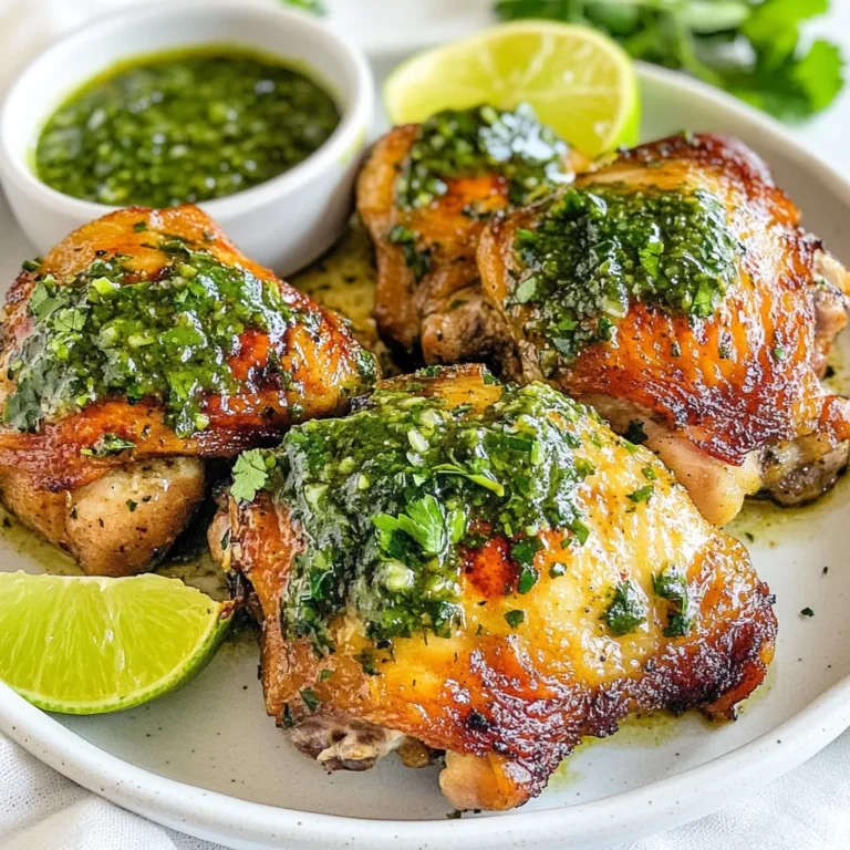To make chimichurri chicken thighs, you need the following ingredients: - 4 bone-in, skin-on chicken thighs - 1 cup fresh parsley, meticulously chopped - ½ cup fresh cilantro, finely chopped - 4 cloves of garlic, minced finely - 1 teaspoon red pepper flakes (adjust for spice preference) - ½ teaspoon smoked paprika - ½ teaspoon salt (or to taste) - ½ teaspoon black pepper (or to taste) - ½ cup extra virgin olive oil - 2 tablespoons red wine vinegar (or substitute with lemon juice for a non-alcoholic version) - 1 lime, juiced You can swap ingredients based on your taste. Try these options: - Use fresh basil instead of parsley for a different flavor. - Replace cilantro with mint for a fresh twist. - Lemon juice can replace red wine vinegar for a brighter taste. - Adjust red pepper flakes to control heat. - For a smoky taste, use chipotle powder instead of smoked paprika. When cooking, quality matters. Here's what to look for: - Choose fresh herbs. Look for vibrant colors and strong scents. - Use high-quality extra virgin olive oil. It enhances flavor and adds richness. - Select chicken thighs with firm skin and no discoloration. - Fresh garlic adds zest. Avoid garlic that is dried out or sprouted. - If possible, use organic ingredients. This choice supports better taste and health. {{ingredient_image_2}} Start by gathering your ingredients. You need fresh parsley, cilantro, garlic, red pepper flakes, smoked paprika, salt, and black pepper. Chop the parsley and cilantro finely. Mince the garlic well. In a bowl, combine these dry ingredients. Mix them thoroughly to blend the flavors. Next, add the olive oil and red wine vinegar. You can use lemon juice instead if you prefer. Finally, squeeze in the fresh lime juice. Whisk everything together until it turns into a vibrant sauce. This chimichurri will add bright flavors to your chicken. Take your chicken thighs and put them in a large zip-top bag or a shallow dish. Pour half of the chimichurri sauce over the chicken. Make sure each piece is coated evenly. Seal the bag tightly or cover the dish with plastic wrap. Place it in the fridge and let it marinate. The chicken should sit for at least 1 hour. If you have time, marinate it for up to 4 hours. This step makes the chicken flavorful and juicy. When ready to cook, preheat your oven to 425°F (220°C). If grilling, heat the grill to medium-high. For oven cooking, line a baking sheet with parchment paper. Take the marinated chicken out of the fridge. Place the thighs on the sheet or grill. Bake for 30-35 minutes or until the skin is crispy and the internal temperature reaches 165°F (75°C). For grilling, cook about 6-8 minutes per side. Keep an eye on it to ensure even cooking. In the last 5 minutes of cooking, take the remaining chimichurri sauce. Use a brush to apply it over the chicken thighs. This adds extra flavor and moisture. Basting helps keep the chicken juicy and enhances the overall taste. After cooking, let the chicken rest for 5 minutes before serving. This allows the juices to settle and makes each bite tender and tasty. Enjoy your flavorful chimichurri chicken thighs! To get the best flavor from your chimichurri chicken thighs, marination is key. First, always use fresh herbs for the chimichurri sauce. Fresh parsley and cilantro add a punch. I recommend marinating the chicken for at least one hour. For a bolder taste, let it sit for up to four hours. Make sure to coat all parts of the chicken well with the sauce. This helps the flavors seep in deeply. Cooking times can change based on your oven or grill type. For a conventional oven set at 425°F, plan for 30 to 35 minutes. If you use a convection oven, check the chicken at 25 minutes. For grilling, the thighs need about 6 to 8 minutes per side. Always check the internal temperature. It should reach 165°F for safe eating. Crispy skin makes any chicken dish special. To achieve this, start with skin-on chicken thighs. Pat the skin dry with paper towels before marinating. A dry surface helps it crisp up better. When cooking, place the thighs skin-side up. If grilling, avoid moving them around too much. Let them sear to form a nice crust. Lastly, baste with chimichurri sauce in the last 5 minutes to keep it moist and flavorful. Pro Tips Quality Ingredients: Using fresh, high-quality herbs and spices will significantly enhance the flavor of your chimichurri sauce, making your chicken thighs even more delicious. Marinating Time: For the best flavor, allow the chicken to marinate for at least 4 hours, or even overnight if possible. This gives the meat time to absorb all the flavors of the chimichurri. Grill Marks: If grilling, ensure your grill is hot enough before placing the chicken on it. This helps achieve beautiful grill marks and prevents sticking. Resting Time: Always let the chicken rest for a few minutes after cooking. This allows the juices to redistribute, making the chicken more tender and juicy when served. {{image_4}} Chimichurri sauce is not just for chicken. You can use it with many proteins. Try it with steak, pork, or fish. Shrimp also works well with this sauce. Each protein absorbs the flavors in its own way, making it a versatile choice. You can even use tofu or tempeh for a plant-based option. Just remember to marinate them like you would the chicken. If you have leftover chimichurri sauce, don’t throw it away! Use it in many ways. It makes a great salad dressing. Just mix it with some greens for a fresh taste. You can also drizzle it on roasted vegetables. It adds a zingy touch. Another idea is to use it as a sandwich spread. It gives your meals an extra kick. Pair it with grilled meats or even as a dip for bread. You can easily change the spice level of your chimichurri sauce. If you like it mild, use fewer red pepper flakes. For a bolder flavor, add more flakes or even some fresh chili. You can also try adding jalapeños for a fresh heat. Adjust the spice to fit your taste. Remember, everyone has a different preference, so make it your own! To keep your leftover chimichurri chicken thighs fresh, store them in an airtight container. Place the chicken in the fridge. Use it within three days for the best taste. If you want to keep it longer, freezing is a great option. Chimichurri sauce can freeze well too! Pour it into an ice cube tray. Once frozen, pop the cubes into a zip-top bag. You can use them later by thawing the amount you need. This method keeps the sauce fresh for up to three months. When you reheat the chicken, do it gently. Use the oven or microwave. If you use the oven, set it to 350°F (175°C). Heat until warm, about 15-20 minutes. In the microwave, cover the chicken and heat in short bursts. This keeps it juicy! If you have extra chimichurri, drizzle some on top for added flavor. You should marinate the chicken for at least 1 hour. This helps the flavors soak in deeply. If you have time, let it marinate for up to 4 hours. This gives the chicken a bold and tasty flavor. Just remember to keep it in the fridge while marinating. Yes, you can use boneless chicken thighs. They cook faster than bone-in thighs. Adjust the cooking time to about 20-25 minutes. Check the internal temperature to ensure it reaches 165°F (75°C). Boneless thighs still soak up the chimichurri flavor well. Chimichurri chicken thighs pair well with many sides. Here are some great options: - Roasted vegetables - Rice or quinoa - A fresh salad - Grilled corn on the cob These sides balance the chicken's rich flavor and add color to your meal. To check if chicken is fully cooked, use a meat thermometer. Insert it into the thickest part of the thigh. It should read 165°F (75°C). If you don’t have a thermometer, cut into the chicken. The juices should run clear, not pink. Always be safe to ensure your meal is delicious and safe to eat. This blog post showed you how to make delicious chimichurri chicken thighs. We covered key ingredients, cooking methods, and tips for maximum flavor. Remember, marinate your chicken well and choose the right cooking method for your grill or oven. You can get creative with ingredient swaps and spice levels too. Lastly, store your leftovers properly for the best taste. With this guide, you can enjoy tasty meals every time. Happy cooking!