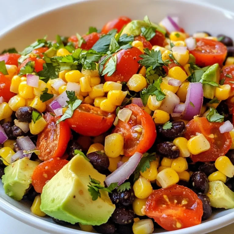 - 1 cup corn kernels (freshly cooked or frozen) - 1 can (15 oz) black beans, thoroughly rinsed and drained - 1 red bell pepper, finely diced - 1 small red onion, finely chopped - 1 cup cherry tomatoes, halved - 1 ripe avocado, diced - 2 tablespoons fresh cilantro, roughly chopped To make this salad pop, I use fresh corn kernels. You can use frozen corn if you want. Both options work well. The black beans add protein and fiber. Rinsing them helps reduce sodium. The red bell pepper gives a sweet crunch. The red onion adds a nice bite. Cherry tomatoes add juicy bursts. Avocado brings creaminess and healthy fats. Finally, fresh cilantro adds a fragrant touch. - 2 tablespoons freshly squeezed lime juice - 2 tablespoons extra virgin olive oil - 1 teaspoon ground cumin - 1 teaspoon chili powder - Salt and freshly ground black pepper to taste For the dressing, I always use freshly squeezed lime juice. It brightens the salad. The extra virgin olive oil adds richness. Ground cumin and chili powder bring warm notes. Finally, salt and black pepper enhance all the flavors. - Calories per serving: Approximately 180 - Macronutrients breakdown: 7g protein, 10g fat, 18g carbohydrates - Dietary considerations: This salad is vegan and gluten-free. Each serving is about 180 calories. It provides a good mix of protein, fats, and carbs. The salad is vegan and gluten-free, making it great for many diets. Enjoy it as a light meal or a side dish. {{ingredient_image_2}} Cooking fresh corn is easy. Boil water in a pot. Add the corn and cook for 3-5 minutes. The corn should be tender. Then, drain and let it cool. If you use frozen corn, thaw it in warm water or microwave. Make sure it warms up evenly, then cool it down. In a large bowl, add the cooled corn. Next, add 1 can of rinsed black beans. Then, mix in the finely diced red bell pepper and chopped red onion. Use a spoon to stir gently. This keeps the ingredients mixed evenly without breaking them. Now, it's time for delicate ingredients. Gently add the halved cherry tomatoes and diced avocado. Be careful to keep the avocado pieces intact. This adds nice texture to your salad and looks great too. In a small bowl, whisk together the dressing. Combine freshly squeezed lime juice, extra virgin olive oil, ground cumin, and chili powder. Don't forget to add salt and black pepper. This mixture will give your salad a bright and tasty flavor. Drizzle the dressing over the salad. Use a large spoon to toss everything gently. Make sure all ingredients are coated but avoid mashing the avocado. You want nice, chunky pieces for the best texture. Finally, sprinkle roughly chopped cilantro over the salad. Give it one last gentle toss. This fresh herb adds a burst of flavor and bright color to your dish. Enjoy your Fiesta Corn Black Bean Salad! To make the best Fiesta Corn Black Bean Salad, start with ripe avocados. Look for avocados that give slightly when you press them. This shows they are ready to eat. If they feel hard, let them ripen at room temperature for a few days. Adjust the seasonings to your taste. If you like more spice, add extra chili powder. If you want more tang, add more lime juice. Taste as you mix to find your perfect balance. Serving your salad in colorful bowls makes it more fun. Bright colors catch the eye and make your dish pop. You can also divide the salad into individual cups for a nice touch. Garnish each serving with lime wedges. This not only adds color but also gives diners a chance to add more lime juice if they want. Be careful not to overcook the corn. Cook it just until tender, about 3-5 minutes. Overcooked corn can lose its sweet crunch. Do not mash the avocado when mixing. Gently fold it in with the other ingredients. You want to keep those beautiful avocado pieces intact for a nice look and taste. Pro Tips Use Fresh Ingredients: Whenever possible, opt for fresh corn and ripe avocados to enhance the flavor and texture of your salad. Chill Before Serving: Allow your salad to chill in the refrigerator for at least 30 minutes before serving. This allows the flavors to meld and intensify. Customize Your Spices: Feel free to adjust the amount of cumin and chili powder based on your spice preference. You can also add jalapeños for an extra kick! Perfect for Meal Prep: This salad holds up well in the fridge for a couple of days, making it a great option for meal prep or potlucks. {{image_4}} You can switch out black beans for kidney beans. Kidney beans add a nice color and texture. If you want to change the flavor, try using pinto beans too. For bell peppers, use yellow or green ones. They add different flavors and look great in the salad. For a kick, add jalapeños. They give the salad a nice heat. You can slice them thin or dice them small. If you love cheese, try adding feta or cotija. These cheeses melt slightly and add a creamy taste. In summer, add fresh corn or zucchini. In fall, diced butternut squash works well. You can also try fresh peas in spring. Always adapt based on what’s in season. This keeps your salad fresh and exciting. To keep your Fiesta Corn Black Bean Salad fresh, store it in the fridge. Use an airtight container to prevent air from spoiling the salad. If you have a large batch, divide it into smaller portions. This makes it easy to grab a quick snack or side dish later. This salad stays fresh in the refrigerator for about 3 to 5 days. Check for signs of spoilage before eating. If the colors look dull or if there is a bad smell, it’s best to throw it away. Mold is another clear sign that the salad is no longer safe to eat. You can freeze Fiesta Corn Black Bean Salad, but it may lose some texture. If you want to freeze it, leave out the avocado and fresh cilantro. These ingredients don’t freeze well. Store the rest in a freezer-safe container. When you are ready to eat it, thaw in the fridge overnight before serving. Yes, you can make this salad ahead of time. To prep in advance, follow these tips: - Chop Veggies: Dice the bell pepper and onion. Store them in an airtight container. - Cook Corn: Prepare the corn and let it cool, then refrigerate. - Mix Ingredients: Combine the corn, beans, and veggies. Add the dressing right before serving. This keeps the salad fresh and crunchy. This salad pairs well with many dishes. Here are some great options: - Grilled Chicken: Juicy grilled chicken complements the salad's flavors. - Tacos: Serve with spicy tacos for a fun meal. - Rice Dishes: Try it with rice or quinoa for a filling combo. - Chips: Tortilla chips make a crunchy side. Each of these options enhances your meal experience. Yes, canned corn works well. Here’s a quick comparison: - Flavor: Canned corn may taste less sweet than fresh. - Texture: Fresh corn is crunchier. Canned corn is softer. If you want a fresher taste, try fresh corn when possible. To add heat to your salad, consider these tips: - Jalapeños: Dice fresh jalapeños and mix them in. - Hot Sauce: Drizzle your favorite hot sauce over the salad. - Spicy Seasoning: Use cayenne pepper or chili flakes in the dressing. Adjust the heat to your liking for a zesty kick. Yes, this salad is great for meal prep. Here’s how to store it: - Containers: Use airtight containers to keep it fresh. - Layering: Store dressing separately to avoid sogginess. - Shelf Life: It lasts about 3 days in the fridge. This makes it easy to enjoy healthy meals throughout the week. In this post, we explored how to create a fresh and vibrant Fiesta Corn Black Bean Salad. We covered the key ingredients and the step-by-step process for assembly and dressing. I shared tips on perfecting your salad, avoiding common pitfalls, and enhancing flavors. Remember, this salad is not only delicious but also packed with nutrients. You can easily customize it based on your preferences or what’s in season. Enjoy your creation and the burst of flavors it brings to your table!