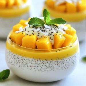 To make Coconut Mango Chia Pudding, you need the following ingredients: - 1 cup coconut milk - 1/2 cup almond milk - 1/4 cup chia seeds - 2 tablespoons maple syrup (or honey) - 1 ripe mango, diced - 1 teaspoon vanilla extract - A pinch of salt These ingredients create a creamy, sweet base that pairs perfectly with mango. You can add some fun flavors or textures. Here are some options: - Shredded coconut, for garnish - Fresh mint leaves, for garnish These extras boost the look and taste of your pudding. To prepare your Coconut Mango Chia Pudding, gather these tools: - A medium-sized mixing bowl - A whisk for mixing - Plastic wrap or a lid - Small cups or dessert bowls for serving Using the right tools makes the process easy and fun. {{ingredient_image_2}} Start by grabbing a medium-sized mixing bowl. Pour in 1 cup of coconut milk and 1/2 cup of almond milk. Add 2 tablespoons of maple syrup or honey for sweetness. Then, mix in 1 teaspoon of vanilla extract and a pinch of salt. Whisk these ingredients together until smooth. This step is key to making your pudding tasty. Next, slowly sprinkle in 1/4 cup of chia seeds. As you do this, stir the mix continuously. This keeps the chia seeds from clumping together. Once everything is well combined, cover the bowl with plastic wrap or a lid. Place the bowl in the refrigerator. Let it sit for at least 4 hours, but overnight is best. During this time, the chia seeds soak up the liquids. They swell up and create a thick, pudding-like texture. This is what makes your dessert so creamy and satisfying. After the waiting period, take the bowl out of the fridge. Gently stir the mixture to break any clumps. The result should be smooth and creamy, just like a pudding should be. Now comes the fun part! Grab small cups or dessert bowls for serving. Start with a nice layer of your chia pudding at the bottom. Next, add a layer of diced mango on top. Repeat this layering until your cups are full. For the final touch, sprinkle shredded coconut on each serving. Add fresh mint leaves as a bright garnish. This not only looks beautiful but adds a fresh taste as well. Enjoy your Coconut Mango Chia Pudding! To get the best texture, always use the right ratio of chia seeds to liquid. I suggest 1/4 cup of chia seeds for 1 1/2 cups of liquid. This mix helps the seeds swell nicely. Stir the mixture well when adding chia seeds. This keeps them from clumping. After chilling, gently stir the pudding to make it creamy. Taste your pudding before serving. If you like it sweeter, add more maple syrup or honey. Start with a teaspoon at a time. Remember, the mango adds natural sweetness too. You want a balance of flavors. Feel free to adjust until it’s just right for you. Store your chia pudding in airtight containers. This keeps it fresh and prevents it from absorbing other flavors. It lasts up to five days in the fridge. Before eating, give it a quick stir to refresh the texture. If it becomes too thick, add a splash of coconut or almond milk to loosen it up. Pro Tips Use Ripe Mangoes: For the best flavor, ensure your mangoes are ripe and sweet. They should yield slightly to pressure and have a fragrant aroma. Adjust Sweetness: Feel free to adjust the amount of maple syrup or honey based on your preference for sweetness. Start with less, as you can always add more later. Chia Seed Distribution: When adding chia seeds, sprinkle them gradually while stirring to prevent clumping and ensure even distribution throughout the pudding. Chill Before Serving: For a refreshing dessert, serve the pudding chilled. You can also add ice cubes to the serving bowls for an extra cool treat on warm days. {{image_4}} You can switch up the mango for other fruits. Pineapple adds a tropical twist. Strawberries bring a sweet and tart flavor. Blueberries offer a burst of color and antioxidants. Try bananas for a creamy texture. Just remember to cut the fruit into small pieces for easy layering. This recipe is already dairy-free. Use coconut and almond milk for a rich base. If you want to keep it vegan, use maple syrup instead of honey. You can also add a splash of vanilla for extra flavor. These choices keep your pudding both tasty and plant-based. For crunch, add a layer of granola or nuts. Almonds, walnuts, or pecans work well. They give a nice texture contrast to the creamy pudding. Layer them between the chia pudding and fruit. This adds flavor and makes your dessert more filling. Plus, it looks great when served! To store Coconut Mango Chia Pudding, place it in an airtight container. This helps keep it fresh. Make sure to cover it well to prevent any odors from the fridge. You can also use small jars for individual servings. This makes it easy to grab and go. Coconut Mango Chia Pudding lasts about 5 days in the fridge. After that, the texture may change. Chia seeds can absorb too much moisture over time. If the pudding looks watery or smells off, it’s best to toss it out. You don’t need to reheat this pudding. It tastes best cold. If you want a warm treat, you can warm the coconut milk before mixing. Just be careful not to boil it. Enjoy your pudding chilled for the best flavor and texture! Chia seeds are tiny but packed with nutrients. They are rich in fiber, which helps digestion. These seeds also contain protein, making them great for muscle health. Omega-3 fatty acids in chia seeds support heart health. They are full of antioxidants, which fight free radicals. Plus, they can help you feel full longer, aiding weight control. Yes, you can use various types of milk. Almond milk, oat milk, or soy milk work well. Each milk adds its own flavor and texture. If you want a creamier pudding, stick with coconut milk. If you prefer a lighter taste, almond or oat milk is a good choice. Just make sure to keep the ratios similar for the best results. You can store the chia pudding in the fridge for up to five days. Make sure to keep it covered. If it thickens too much, add a splash of milk to loosen it. Always check for any off smells or changes in color before eating. This way, you can enjoy your treat fresh and safe! Coconut mango chia pudding is easy and fun to make. We explored the key ingredients and tools needed to start. Next, I shared simple steps to create a creamy texture. You learned tips for sweetening and storing your pudding. We also looked at tasty variations and health benefits of chia seeds. Remember, this recipe is flexible. You can mix in fruits or nuts. Enjoy this healthy treat and make it your own!