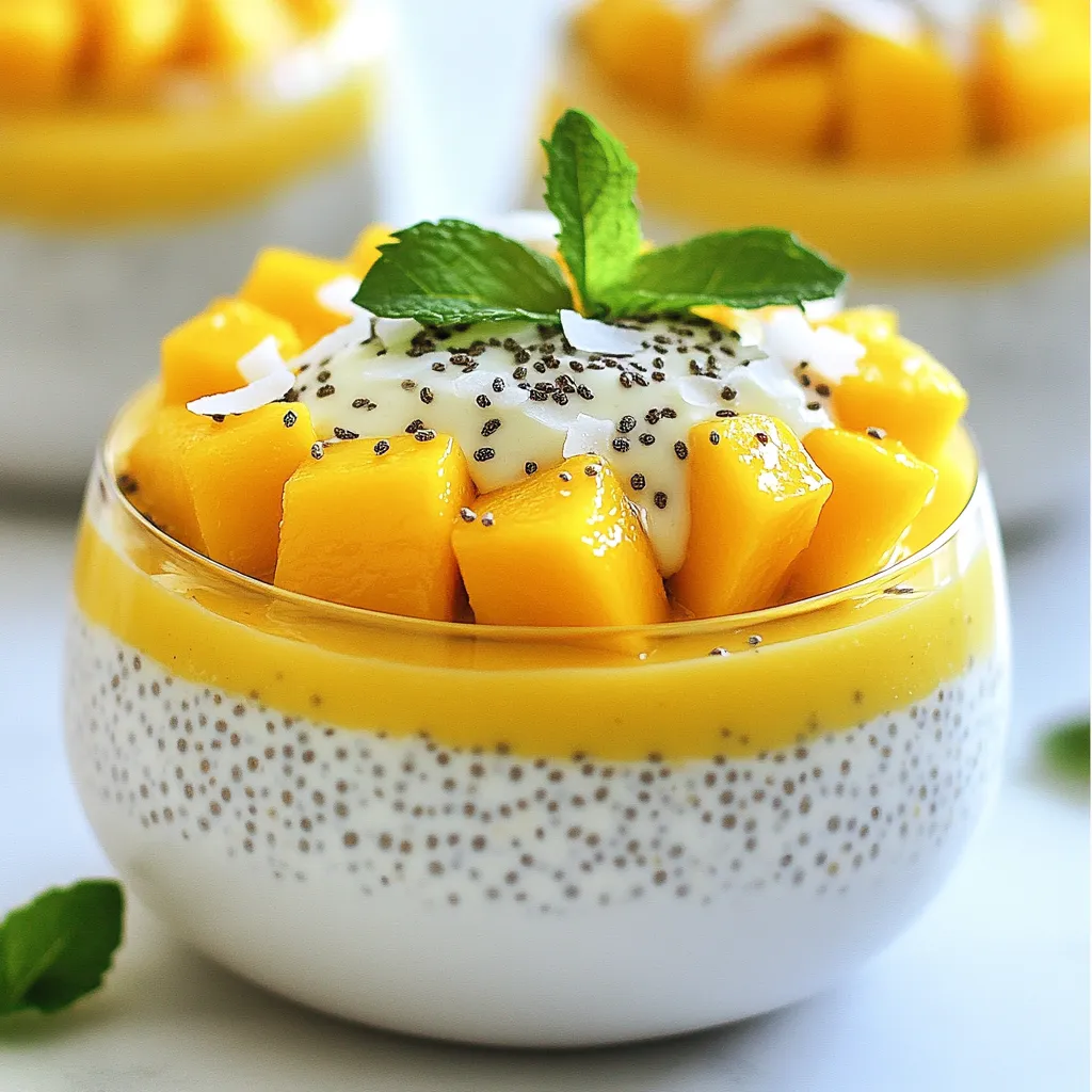 To make Coconut Mango Chia Pudding, you need the following ingredients: - 1 cup coconut milk - 1/2 cup almond milk - 1/4 cup chia seeds - 2 tablespoons maple syrup (or honey) - 1 ripe mango, diced - 1 teaspoon vanilla extract - A pinch of salt These ingredients create a creamy, sweet base that pairs perfectly with mango. You can add some fun flavors or textures. Here are some options: - Shredded coconut, for garnish - Fresh mint leaves, for garnish These extras boost the look and taste of your pudding. To prepare your Coconut Mango Chia Pudding, gather these tools: - A medium-sized mixing bowl - A whisk for mixing - Plastic wrap or a lid - Small cups or dessert bowls for serving Using the right tools makes the process easy and fun. {{ingredient_image_2}} Start by grabbing a medium-sized mixing bowl. Pour in 1 cup of coconut milk and 1/2 cup of almond milk. Add 2 tablespoons of maple syrup or honey for sweetness. Then, mix in 1 teaspoon of vanilla extract and a pinch of salt. Whisk these ingredients together until smooth. This step is key to making your pudding tasty. Next, slowly sprinkle in 1/4 cup of chia seeds. As you do this, stir the mix continuously. This keeps the chia seeds from clumping together. Once everything is well combined, cover the bowl with plastic wrap or a lid. Place the bowl in the refrigerator. Let it sit for at least 4 hours, but overnight is best. During this time, the chia seeds soak up the liquids. They swell up and create a thick, pudding-like texture. This is what makes your dessert so creamy and satisfying. After the waiting period, take the bowl out of the fridge. Gently stir the mixture to break any clumps. The result should be smooth and creamy, just like a pudding should be. Now comes the fun part! Grab small cups or dessert bowls for serving. Start with a nice layer of your chia pudding at the bottom. Next, add a layer of diced mango on top. Repeat this layering until your cups are full. For the final touch, sprinkle shredded coconut on each serving. Add fresh mint leaves as a bright garnish. This not only looks beautiful but adds a fresh taste as well. Enjoy your Coconut Mango Chia Pudding! To get the best texture, always use the right ratio of chia seeds to liquid. I suggest 1/4 cup of chia seeds for 1 1/2 cups of liquid. This mix helps the seeds swell nicely. Stir the mixture well when adding chia seeds. This keeps them from clumping. After chilling, gently stir the pudding to make it creamy. Taste your pudding before serving. If you like it sweeter, add more maple syrup or honey. Start with a teaspoon at a time. Remember, the mango adds natural sweetness too. You want a balance of flavors. Feel free to adjust until it’s just right for you. Store your chia pudding in airtight containers. This keeps it fresh and prevents it from absorbing other flavors. It lasts up to five days in the fridge. Before eating, give it a quick stir to refresh the texture. If it becomes too thick, add a splash of coconut or almond milk to loosen it up. Pro Tips Use Ripe Mangoes: For the best flavor, ensure your mangoes are ripe and sweet. They should yield slightly to pressure and have a fragrant aroma. Adjust Sweetness: Feel free to adjust the amount of maple syrup or honey based on your preference for sweetness. Start with less, as you can always add more later. Chia Seed Distribution: When adding chia seeds, sprinkle them gradually while stirring to prevent clumping and ensure even distribution throughout the pudding. Chill Before Serving: For a refreshing dessert, serve the pudding chilled. You can also add ice cubes to the serving bowls for an extra cool treat on warm days. {{image_4}} You can switch up the mango for other fruits. Pineapple adds a tropical twist. Strawberries bring a sweet and tart flavor. Blueberries offer a burst of color and antioxidants. Try bananas for a creamy texture. Just remember to cut the fruit into small pieces for easy layering. This recipe is already dairy-free. Use coconut and almond milk for a rich base. If you want to keep it vegan, use maple syrup instead of honey. You can also add a splash of vanilla for extra flavor. These choices keep your pudding both tasty and plant-based. For crunch, add a layer of granola or nuts. Almonds, walnuts, or pecans work well. They give a nice texture contrast to the creamy pudding. Layer them between the chia pudding and fruit. This adds flavor and makes your dessert more filling. Plus, it looks great when served! To store Coconut Mango Chia Pudding, place it in an airtight container. This helps keep it fresh. Make sure to cover it well to prevent any odors from the fridge. You can also use small jars for individual servings. This makes it easy to grab and go. Coconut Mango Chia Pudding lasts about 5 days in the fridge. After that, the texture may change. Chia seeds can absorb too much moisture over time. If the pudding looks watery or smells off, it’s best to toss it out. You don’t need to reheat this pudding. It tastes best cold. If you want a warm treat, you can warm the coconut milk before mixing. Just be careful not to boil it. Enjoy your pudding chilled for the best flavor and texture! Chia seeds are tiny but packed with nutrients. They are rich in fiber, which helps digestion. These seeds also contain protein, making them great for muscle health. Omega-3 fatty acids in chia seeds support heart health. They are full of antioxidants, which fight free radicals. Plus, they can help you feel full longer, aiding weight control. Yes, you can use various types of milk. Almond milk, oat milk, or soy milk work well. Each milk adds its own flavor and texture. If you want a creamier pudding, stick with coconut milk. If you prefer a lighter taste, almond or oat milk is a good choice. Just make sure to keep the ratios similar for the best results. You can store the chia pudding in the fridge for up to five days. Make sure to keep it covered. If it thickens too much, add a splash of milk to loosen it. Always check for any off smells or changes in color before eating. This way, you can enjoy your treat fresh and safe! Coconut mango chia pudding is easy and fun to make. We explored the key ingredients and tools needed to start. Next, I shared simple steps to create a creamy texture. You learned tips for sweetening and storing your pudding. We also looked at tasty variations and health benefits of chia seeds. Remember, this recipe is flexible. You can mix in fruits or nuts. Enjoy this healthy treat and make it your own!
