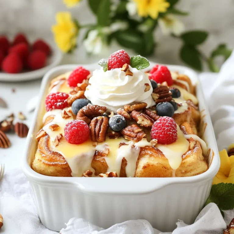 - 2 cans of refrigerated cinnamon rolls (includes icing) - 6 large eggs - 1 cup whole milk - 1 teaspoon pure vanilla extract - 1 teaspoon ground cinnamon - 1/4 teaspoon grated nutmeg - 1/4 cup packed brown sugar - 1/2 cup chopped pecans (optional for crunch) - Whipped cream, for serving - Fresh berries (like strawberries or blueberries), for garnish You can swap the whole milk for almond or soy milk. This makes it dairy-free. If you want a lighter taste, use egg whites instead of whole eggs. You can also choose a sugar substitute if you want to cut down on sugar. Feel free to add nuts, like walnuts or almonds, for more crunch. You can also mix in diced apples or berries for extra flavor. A sprinkle of chocolate chips can make it even sweeter. Get creative with your favorite add-ins! {{ingredient_image_2}} 1. Preheat your oven to 375°F (190°C). Grease a 9x13 inch baking dish with cooking spray or butter. This will help the casserole come out easily. 2. Open the cans of cinnamon rolls. Cut each roll into quarters. This helps them fit nicely in the dish. 3. Place the quartered rolls evenly in the greased baking dish. Make sure they are spread out well. 4. In a large bowl, crack the eggs and whisk them lightly. Add the milk, vanilla extract, ground cinnamon, grated nutmeg, and brown sugar. Whisk until smooth. This mixture will soak into the rolls. 5. Pour the egg mixture over the cinnamon roll pieces in the baking dish. Use a spatula to ensure all pieces get soaked well. 6. If you want extra crunch, sprinkle the chopped pecans on top. This adds texture and flavor. 7. Place the baking dish in the oven. Bake for 25 to 30 minutes. The casserole is ready when the center feels set and the top is golden brown. 8. While the casserole bakes, warm the icing from the cinnamon rolls. Use a small bowl and microwave it for 10 to 15 seconds. This makes drizzling easier. 9. Once baked, remove the casserole from the oven. Let it cool for about 5 minutes. This helps it firm up. 10. Drizzle the warmed icing over the top of the casserole. Make sure to cover it generously. 11. Cut the casserole into square portions. Serve warm with a dollop of whipped cream and fresh berries on top. Enjoy your sweet treat! To get a soft and fluffy texture, cut the cinnamon rolls into quarters. This helps each piece soak up the egg mixture. Mix your eggs and milk well. Make sure the mixture is smooth before pouring it over the rolls. Let the casserole sit for a few minutes before baking. This allows the rolls to soak in the custard, leading to a creamy bite. Bake the casserole at 375°F (190°C). This temperature will cook it evenly throughout. Check it around the 25-minute mark. The center should feel set, and the top should be golden brown. If the top browns too fast, cover it loosely with foil. This will help cook the inside without burning the top. Serve the casserole warm for the best taste. Top each piece with whipped cream for a rich touch. Fresh berries like strawberries or blueberries add a nice pop of color and flavor. You can also pair it with a side of bacon or sausage for a savory balance. Enjoy it with a cup of coffee or a glass of orange juice for a delightful breakfast treat. Pro Tips Use Day-Old Cinnamon Rolls: If you have leftover cinnamon rolls from the day before, they work perfectly for this casserole as they will absorb the custard mixture better. Add a Splash of Maple Syrup: For an added depth of flavor, mix a tablespoon or two of maple syrup into the custard mixture before pouring it over the rolls. Customize with Fruits: Feel free to add in chopped apples or bananas into the mixture for extra sweetness and texture, or layer them between the cinnamon roll pieces. Make Ahead: Prepare the casserole the night before and store it in the fridge. Just bake it in the morning for a quick and easy breakfast. {{image_4}} You can switch up the flavor of your casserole. Try adding chocolate chips for a sweet twist. They melt perfectly and add rich flavor. You can also mix in fruits like sliced bananas or fresh berries. They give a nice burst of freshness. For a fall flair, use pumpkin spice instead of cinnamon. This makes a cozy treat perfect for autumn! You can make this casserole fit different diets. For a gluten-free option, use gluten-free cinnamon rolls. They taste great and are easy to find. If you need a dairy-free version, replace the milk with almond or oat milk. You can also swap the eggs with flax eggs for a vegan choice. Just mix 1 tablespoon of flaxseed meal with 2.5 tablespoons of water. Let it sit until it thickens. Toppings can be fun! Instead of icing, drizzle maple syrup for a classic taste. You can also sprinkle powdered sugar for a sweet finish. If you love crunch, try adding granola on top. It gives a nice texture. Fresh fruits are always a hit—berries, bananas, or even sliced peaches work well. To store your Cinnamon Roll French Toast Casserole, let it cool first. Then, place it in an airtight container. This keeps it fresh for up to three days. You can also cover the dish with plastic wrap. Make sure it seals well to avoid air exposure. When you're ready to eat the leftover casserole, preheat your oven to 350°F (175°C). Place the casserole in the oven for about 15 minutes. This warms it up nicely. If you prefer, you can also use the microwave. Heat it on medium power for about 1 to 2 minutes. Just check that it is warm all the way through before serving. You can freeze this casserole too! Cut it into portions and wrap each piece tightly in plastic wrap. Then, place the wrapped pieces in a freezer-safe bag. This helps prevent freezer burn. It will stay good for about two months. To reheat, thaw it overnight in the fridge. Then, follow the reheating instructions above. Enjoy your delicious meal later! Yes, you can prepare this casserole ahead of time. Mix the egg and milk base and layer the cinnamon rolls in the dish the night before. Cover it well and place it in the fridge. This helps the flavors blend. Bake it in the morning for a warm breakfast. The casserole is done when the center feels set. It should also have a lovely golden brown top. Check it at 25 minutes. If it needs more time, keep baking for a few more minutes. Absolutely! Homemade cinnamon rolls work great. Just make sure they are not too dry. Cut them into quarters like the store-bought ones. This allows for even soaking in the egg mixture. Enjoy the fresh taste! This blog post covered all you need for a great casserole. We explored the ingredients, baking steps, and tips for perfect texture. You learned about flavor variations and how to store leftovers. Overall, you can make this dish your own. Whether altering flavors or following the steps, success is within reach. Enjoy trying out your ideas and sharing your tasty results. Your kitchen adventures start now!
