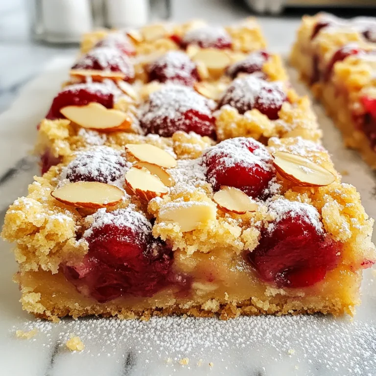 - 2 cups fresh or frozen cherries, pitted and halved - 1 cup almond flour - 1 cup rolled oats - 1/2 cup packed brown sugar - 1/4 cup granulated sugar - 1/2 cup cold unsalted butter, cut into small cubes - 1/2 teaspoon pure vanilla extract - 1/4 teaspoon pure almond extract - 1/2 teaspoon ground cinnamon - 1/4 teaspoon sea salt - 1/4 cup sliced almonds (for topping) You can use fresh or frozen cherries for this recipe. Fresh cherries taste great, but frozen cherries work well, too. If using frozen, do not thaw them first. This keeps them juicy as they bake. Almond flour gives the bars a nice nutty flavor. If you don’t have almond flour, you can use regular flour. If you have nut allergies, use all-purpose flour instead of almond flour. For a dairy-free version, substitute the butter with coconut oil or a plant-based butter. If you prefer lower sugar, reduce the amount of brown sugar or use a sugar substitute like stevia. Adjusting these ingredients can help meet your dietary needs while keeping the bars tasty! {{ingredient_image_2}} The prep time for Cherry Almond Crumble Bars is just 15 minutes. Once you add baking time, the total time is about 50 minutes. You will get 12 tasty bars from this recipe. 1. Preheat your oven: Start by setting your oven to 350°F (175°C). This helps the bars cook evenly. 2. Mix the dry ingredients: In a large bowl, combine the almond flour, rolled oats, brown sugar, granulated sugar, ground cinnamon, and sea salt. Stir them well until mixed. 3. Incorporate the butter: Add the cold, cubed butter to your bowl. Use your fingers or a pastry cutter to mix the butter in. Stop when the mix looks like coarse crumbs. Keep some bigger bits for a nice texture. 4. Create the base layer: Take half of the crumble mix and press it into the bottom of a 9x9-inch baking dish. Make sure it is flat and even for a strong base. 5. Prepare the cherries: In another bowl, toss the halved cherries with vanilla and almond extracts. Make sure they are coated well. Spread these cherries evenly over the base. 6. Add the crumble topping: Crumble the rest of the oat mixture over the cherries. Try to cover all the fruit for a crispy top. 7. Sprinkle with almonds: Add sliced almonds on top to give an extra crunch and flavor. 8. Bake: Put the dish in the oven and bake for 30-35 minutes. Look for a golden brown top and bubbling cherries to know they are ready. After baking, let the bars cool in the dish. Use the parchment paper to lift them out once cool. Cut the bars into squares or rectangles to serve. For a pretty touch, dust with powdered sugar or add fresh cherries on the side. To get the best crumble texture, use cold butter. Cut it into small cubes and mix it with dry ingredients gently. This helps keep some butter chunks. These chunks will melt during baking and create a nice, crumbly top. Make sure your oven is preheated to 350°F (175°C). This step is key for even baking. Place your baking dish in the center of the oven. This helps the heat circulate well around the bars. Check them around 30 minutes. Look for a golden brown top and bubbling cherries. To make your bars look fancy, dust them lightly with powdered sugar. This adds a nice touch and makes them look special. You can also garnish with fresh cherries or a sprig of mint. These small details make your dessert more appealing. Pro Tips Use Fresh Cherries: For the best flavor and texture, opt for fresh cherries when in season. They provide a juicier filling compared to frozen ones. Chill the Butter: Ensure your butter is very cold before incorporating it into the crumble mixture. This helps create a flaky, crumbly texture in the baked bars. Customize Sweetness: Adjust the sweetness by varying the amount of brown and granulated sugar according to your taste or the tartness of your cherries. Let it Cool: Allow the bars to cool completely in the baking dish before cutting. This helps them set properly, making them easier to slice into neat squares. {{image_4}} You can change up the taste of your Cherry Almond Crumble Bars with different fruits or extracts. For example, try using blueberries, peaches, or raspberries instead of cherries. Each fruit brings its own flavor and sweetness. You can also swap almond extract for other extracts like lemon or coconut. This little change can give your bars a whole new vibe. If you need gluten-free options, use certified gluten-free oats and almond flour. These swaps keep the texture and flavor great. For a vegan version, replace the butter with coconut oil or vegan butter. You can use a flax egg in place of the regular egg if the recipe calls for one. These adjustments make the bars friendly for many diets. These bars are delicious on their own, but pairing them can make them even better. Top your bars with a scoop of vanilla ice cream or a dollop of yogurt. The creaminess enhances the tartness of the cherries. You could also serve them with whipped cream or a sprinkle of nuts on top for added crunch. Enjoy these bars warm or chilled! Once you finish enjoying your Cherry Almond Crumble Bars, store any leftovers in an airtight container. This keeps them fresh and tasty. Place parchment paper between the bars if you stack them. This prevents sticking. You can store them at room temperature for up to three days. For longer storage, use the freezing method below. To freeze your crumble bars, first, let them cool completely. Then, cut them into squares. Wrap each square tightly in plastic wrap. Next, place the wrapped bars in a freezer-safe bag or container. This way, they stay fresh for up to three months. When you're ready to enjoy them, simply thaw in the fridge or at room temperature. Cherry Almond Crumble Bars last up to three days at room temperature. If you refrigerate them, they can last about a week. To reheat, place a bar in the microwave for about 10-15 seconds. This warms it up and brings back that fresh taste. If you prefer a crispier top, reheat in the oven at 350°F for about 5-10 minutes. Enjoy the warm, gooey cherries and crunchy topping! Yes, you can make Cherry Almond Crumble Bars ahead of time. They store well in the fridge for up to five days. Simply let the bars cool completely after baking. Then, cover them tightly with plastic wrap or foil. If you want to keep them longer, you can freeze them. Wrap them in plastic and place them in an airtight container. They can last up to three months in the freezer. When you’re ready, just thaw them in the fridge overnight before enjoying. Pitting cherries can be quick and easy. You can use a cherry pitter, which is the best tool for the job. If you don’t have one, a small paring knife works too. Just cut the cherry in half and twist to remove the pit. You can also use a chopstick or a straw. Simply push it through the cherry to pop the pit out. Remember to wear an apron or old clothes, as cherry juice can stain! To tell if the Cherry Almond Crumble Bars are done, look for a golden brown top. The cherry filling should bubble slightly around the edges. This means the fruit is warm and cooked. You can also gently press the top with a finger; it should feel firm but not hard. If you see a nice golden hue and some bubbling, your bars are ready to come out of the oven! In this post, I shared key steps to make Cherry Almond Crumble Bars. We covered essential ingredients and substitutes for diets. You learned detailed baking instructions and tips for a perfect texture. Variations let you customize this treat, and I included storage info for leftovers. Remember, baking is fun and a great way to share flavors. Enjoy your baking journey and make these bars your own!
