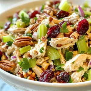 - 2 cups cooked chicken breast, shredded or cubed - 1/2 cup dried cranberries - 1/2 cup pecans, coarsely chopped - 1/4 cup celery, finely chopped - 1/4 cup red onion, finely diced - 3/4 cup plain Greek yogurt (or mayonnaise) - 1 tablespoon Dijon mustard - 1 tablespoon honey - Salt and freshly ground black pepper - Fresh parsley for garnish (optional) To start, gather all your ingredients. I recommend using cooked chicken breast. You can shred it or cube it, based on your taste. Next, grab dried cranberries. They add a sweet twist. Then, use coarsely chopped pecans for that crunch. Celery brings in a nice crisp texture, and red onion adds a mild bite. For the dressing, plain Greek yogurt works well. If you prefer it creamier, use mayonnaise instead. Dijon mustard gives it a tangy kick, while honey adds sweetness. Don't forget salt and black pepper for flavor. Lastly, fresh parsley makes a lovely garnish, but it's optional. This mix of flavors and textures makes the salad fresh and satisfying. {{ingredient_image_2}} - Mixing the Chicken and Vegetables Start by grabbing a big bowl. Add 2 cups of cooked chicken. You can shred or cube it. Next, toss in 1/2 cup of dried cranberries. Follow that with 1/2 cup of chopped pecans. Then, add 1/4 cup of finely chopped celery and 1/4 cup of diced red onion. Mix everything well using a spatula. Make sure the chicken and veggies are evenly spread. - Preparing the Dressing In a smaller bowl, whisk together 3/4 cup of plain Greek yogurt. You can swap it for mayonnaise if you want creaminess. Add 1 tablespoon of Dijon mustard and 1 tablespoon of honey. Season the mixture with salt and pepper. Keep whisking until it’s smooth and blended. - Combining the Chicken Mixture and Dressing Drizzle the dressing over the chicken mix. Use the spatula to fold the chicken and dressing together. This step is important! Ensure all ingredients get coated. Taste it and add more salt or pepper if needed. - Chilling and Serving the Salad Cover the bowl with plastic wrap or a lid. Put it in the fridge for at least 30 minutes. This waiting time helps the flavors mix. When you’re ready to serve, gently toss the salad again. If you like, add some chopped parsley on top for color. Serve on mixed greens or in bowls for a nice touch. Choosing the Right Chicken Start with cooked chicken breast. You can use leftover chicken or rotisserie chicken. Shredding or cubing the chicken works great. The texture helps mix well with other ingredients. Adjusting the Dressing Consistency I prefer plain Greek yogurt for a healthy twist. If you want it creamier, add mayonnaise instead. Adjust the amount to your taste. If the dressing feels too thick, add a splash of water or lemon juice. This keeps it light and fresh. Flavor Enhancements: Herbs and Spices Herbs can elevate your salad. Fresh parsley adds color and taste. You might try dill or tarragon for a different flavor profile. A pinch of garlic powder or paprika can add warmth. Experiment with spices to find what you love! Pro Tips Use Fresh Chicken: For the best flavor and texture, use freshly cooked chicken breast instead of pre-packaged or canned chicken. Customize Your Nuts: Feel free to substitute pecans with walnuts or almonds for a different flavor profile. Add a Zesty Twist: Incorporate a splash of lemon juice or apple cider vinegar to brighten the flavors of the salad. Make Ahead: This salad can be made a day in advance, allowing the flavors to deepen and develop for a delicious meal prep option. {{image_4}} - Substituting Greek Yogurt for Mayonnaise You can swap Greek yogurt for mayonnaise. This change cuts fat and adds protein. Greek yogurt has a tangy taste that brightens the salad. It also keeps the dish creamy and delicious. - Adding Fruits and Vegetables You can mix in other fruits and veggies for more flavor. Chopped apples or grapes add sweetness. Bell peppers give a nice crunch. You can also try adding shredded carrots for color and texture. - Nut-Free Options If you need a nut-free version, leave out the pecans. You can replace them with sunflower seeds for crunch. This keeps the texture enjoyable while making it safe for those with nut allergies. Feel free to play around with these options. Each variation makes this salad unique and tasty! Best Practices for Refrigeration To keep your cranberry pecan chicken salad fresh, store it in an airtight container. This helps lock in flavor and keep out air. Make sure the salad is cool before sealing. Place it in the fridge right away. It will stay good for about 3 to 4 days. Freezing Instructions You can freeze this salad, but it may change the texture. For best results, freeze only the chicken part. Place it in a freezer-safe bag. Squeeze out any air and seal it well. Use it within 2 to 3 months for optimal taste. When ready to eat, thaw it in the fridge overnight. Shelf Life and Signs of Spoilage Check for spoilage before eating. Look for off smells or changes in color. If you see any mold or weird textures, it’s best to toss the salad. The dressing can separate after a few days, but a quick stir usually fixes it. Always trust your senses; they guide you well in the kitchen! Can I use rotisserie chicken? Yes, you can use rotisserie chicken. It saves time and adds great flavor. Just shred or chop it before mixing it with the other ingredients. How long does the salad last in the fridge? The salad lasts about 3 to 4 days in the fridge. Always store it in an airtight container to keep it fresh. What can I serve with Cranberry Pecan Chicken Salad? This salad pairs well with mixed greens, crackers, or bread. You can also enjoy it in a wrap or sandwich for a quick meal. Can I make this salad ahead of time? Yes, you can make it ahead. Just keep it in the fridge for at least 30 minutes before serving. The flavors will blend nicely. Is this salad gluten-free? Yes, this salad is gluten-free. Just check the labels on your ingredients to be sure they meet your needs. This blog post covered all you need for a delicious Cranberry Pecan Chicken Salad. We started with the essential ingredients and moved to step-by-step instructions. You learned tips for perfecting your salad, explored variations, and found helpful storage info. Remember, you can easily adjust the recipe for your taste. Enjoy this tasty dish at your next meal!