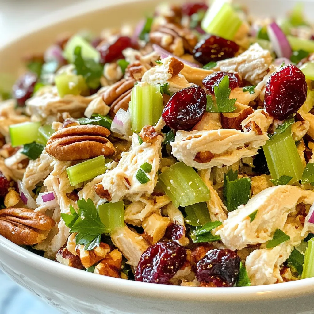 - 2 cups cooked chicken breast, shredded or cubed - 1/2 cup dried cranberries - 1/2 cup pecans, coarsely chopped - 1/4 cup celery, finely chopped - 1/4 cup red onion, finely diced - 3/4 cup plain Greek yogurt (or mayonnaise) - 1 tablespoon Dijon mustard - 1 tablespoon honey - Salt and freshly ground black pepper - Fresh parsley for garnish (optional) To start, gather all your ingredients. I recommend using cooked chicken breast. You can shred it or cube it, based on your taste. Next, grab dried cranberries. They add a sweet twist. Then, use coarsely chopped pecans for that crunch. Celery brings in a nice crisp texture, and red onion adds a mild bite. For the dressing, plain Greek yogurt works well. If you prefer it creamier, use mayonnaise instead. Dijon mustard gives it a tangy kick, while honey adds sweetness. Don't forget salt and black pepper for flavor. Lastly, fresh parsley makes a lovely garnish, but it's optional. This mix of flavors and textures makes the salad fresh and satisfying. {{ingredient_image_2}} - Mixing the Chicken and Vegetables Start by grabbing a big bowl. Add 2 cups of cooked chicken. You can shred or cube it. Next, toss in 1/2 cup of dried cranberries. Follow that with 1/2 cup of chopped pecans. Then, add 1/4 cup of finely chopped celery and 1/4 cup of diced red onion. Mix everything well using a spatula. Make sure the chicken and veggies are evenly spread. - Preparing the Dressing In a smaller bowl, whisk together 3/4 cup of plain Greek yogurt. You can swap it for mayonnaise if you want creaminess. Add 1 tablespoon of Dijon mustard and 1 tablespoon of honey. Season the mixture with salt and pepper. Keep whisking until it’s smooth and blended. - Combining the Chicken Mixture and Dressing Drizzle the dressing over the chicken mix. Use the spatula to fold the chicken and dressing together. This step is important! Ensure all ingredients get coated. Taste it and add more salt or pepper if needed. - Chilling and Serving the Salad Cover the bowl with plastic wrap or a lid. Put it in the fridge for at least 30 minutes. This waiting time helps the flavors mix. When you’re ready to serve, gently toss the salad again. If you like, add some chopped parsley on top for color. Serve on mixed greens or in bowls for a nice touch. Choosing the Right Chicken Start with cooked chicken breast. You can use leftover chicken or rotisserie chicken. Shredding or cubing the chicken works great. The texture helps mix well with other ingredients. Adjusting the Dressing Consistency I prefer plain Greek yogurt for a healthy twist. If you want it creamier, add mayonnaise instead. Adjust the amount to your taste. If the dressing feels too thick, add a splash of water or lemon juice. This keeps it light and fresh. Flavor Enhancements: Herbs and Spices Herbs can elevate your salad. Fresh parsley adds color and taste. You might try dill or tarragon for a different flavor profile. A pinch of garlic powder or paprika can add warmth. Experiment with spices to find what you love! Pro Tips Use Fresh Chicken: For the best flavor and texture, use freshly cooked chicken breast instead of pre-packaged or canned chicken. Customize Your Nuts: Feel free to substitute pecans with walnuts or almonds for a different flavor profile. Add a Zesty Twist: Incorporate a splash of lemon juice or apple cider vinegar to brighten the flavors of the salad. Make Ahead: This salad can be made a day in advance, allowing the flavors to deepen and develop for a delicious meal prep option. {{image_4}} - Substituting Greek Yogurt for Mayonnaise You can swap Greek yogurt for mayonnaise. This change cuts fat and adds protein. Greek yogurt has a tangy taste that brightens the salad. It also keeps the dish creamy and delicious. - Adding Fruits and Vegetables You can mix in other fruits and veggies for more flavor. Chopped apples or grapes add sweetness. Bell peppers give a nice crunch. You can also try adding shredded carrots for color and texture. - Nut-Free Options If you need a nut-free version, leave out the pecans. You can replace them with sunflower seeds for crunch. This keeps the texture enjoyable while making it safe for those with nut allergies. Feel free to play around with these options. Each variation makes this salad unique and tasty! Best Practices for Refrigeration To keep your cranberry pecan chicken salad fresh, store it in an airtight container. This helps lock in flavor and keep out air. Make sure the salad is cool before sealing. Place it in the fridge right away. It will stay good for about 3 to 4 days. Freezing Instructions You can freeze this salad, but it may change the texture. For best results, freeze only the chicken part. Place it in a freezer-safe bag. Squeeze out any air and seal it well. Use it within 2 to 3 months for optimal taste. When ready to eat, thaw it in the fridge overnight. Shelf Life and Signs of Spoilage Check for spoilage before eating. Look for off smells or changes in color. If you see any mold or weird textures, it’s best to toss the salad. The dressing can separate after a few days, but a quick stir usually fixes it. Always trust your senses; they guide you well in the kitchen! Can I use rotisserie chicken? Yes, you can use rotisserie chicken. It saves time and adds great flavor. Just shred or chop it before mixing it with the other ingredients. How long does the salad last in the fridge? The salad lasts about 3 to 4 days in the fridge. Always store it in an airtight container to keep it fresh. What can I serve with Cranberry Pecan Chicken Salad? This salad pairs well with mixed greens, crackers, or bread. You can also enjoy it in a wrap or sandwich for a quick meal. Can I make this salad ahead of time? Yes, you can make it ahead. Just keep it in the fridge for at least 30 minutes before serving. The flavors will blend nicely. Is this salad gluten-free? Yes, this salad is gluten-free. Just check the labels on your ingredients to be sure they meet your needs. This blog post covered all you need for a delicious Cranberry Pecan Chicken Salad. We started with the essential ingredients and moved to step-by-step instructions. You learned tips for perfecting your salad, explored variations, and found helpful storage info. Remember, you can easily adjust the recipe for your taste. Enjoy this tasty dish at your next meal!