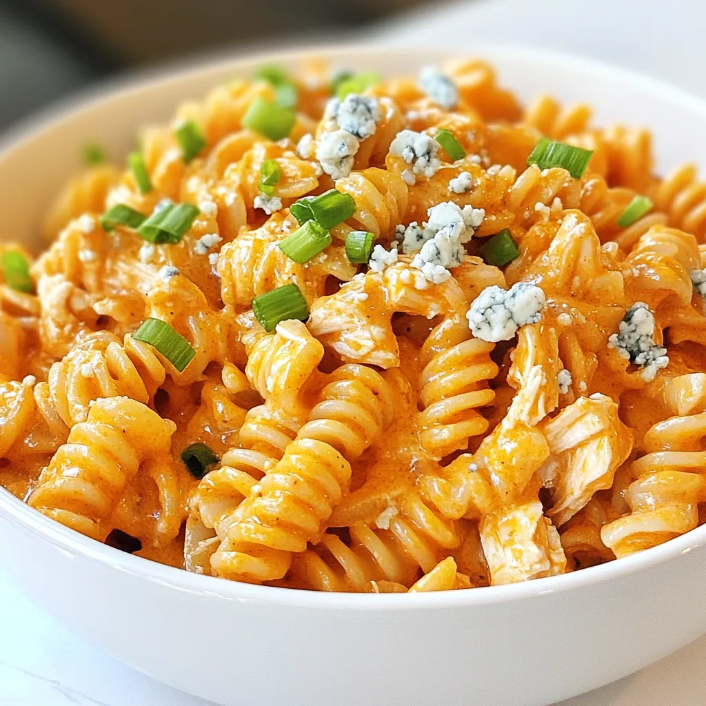 When making creamy buffalo chicken pasta, gather these key ingredients: - Pasta Types: 2 cups rotini or penne pasta - Chicken: 2 cups shredded cooked chicken breast - Aromatics: 2 tablespoons olive oil, 1 small onion (finely chopped), 3 cloves garlic (minced) - Buffalo Sauce and Dairy: 1 cup buffalo sauce, 1 cup heavy cream, 1/2 cup sour cream, 1/2 cup grated Parmesan cheese - Seasonings: Salt and black pepper to taste - Optional Toppings: Chopped green onions, crumbled blue cheese These ingredients create a rich, flavorful dish. The pasta gives a perfect base, while the chicken adds protein. Aromatics like onion and garlic bring depth to the sauce. Buffalo sauce adds heat and tang. Heavy cream and sour cream create a smooth texture, making every bite creamy. Finally, Parmesan cheese gives a salty kick. Optional toppings like green onions and blue cheese add a fresh finish. Collect these items, and you're ready to dive into a delicious cooking adventure! {{ingredient_image_2}} 1. Start by boiling a large pot of salted water. 2. Once the water boils, add 2 cups of rotini or penne pasta. 3. Cook for 8-10 minutes or until al dente. 4. Next, drain the pasta in a colander and set it aside. 1. In a large skillet, heat 2 tablespoons of olive oil over medium heat. 2. Add 1 small chopped onion and sauté for 3-4 minutes. 3. Stir until the onion is soft and clear. 4. Add 3 minced garlic cloves and sauté for another minute. 1. Mix in 2 cups of shredded cooked chicken with the aromatics. 2. Pour in 1 cup of buffalo sauce and stir well. 3. Allow the mixture to simmer for 3-5 minutes to heat through. 1. Lower the heat and slowly pour in 1 cup of heavy cream. 2. Add 1/2 cup of sour cream and stir until smooth. 3. Incorporate 1/2 cup of grated Parmesan cheese and mix well. 4. Taste and adjust with salt and black pepper as needed. 1. Carefully fold the cooked pasta into the creamy buffalo chicken sauce. 2. Use a spatula to gently toss until all pasta is coated evenly. 1. Remove the skillet from heat and serve hot. 2. Garnish each plate with chopped green onions. 3. Sprinkle crumbled blue cheese on top if you like. - Adjusting Spice Levels to Taste Start with one cup of buffalo sauce. This gives a nice kick. If you like it hotter, add more sauce, a little at a time. Taste as you go. You want to enjoy the heat without overwhelming your palate. - How to Achieve the Right Creaminess For a creamy sauce, use both heavy cream and sour cream. The heavy cream gives richness. The sour cream adds tanginess. Stir these in slowly over low heat. This helps create a smooth texture. - Cooking Pasta Al Dente Always cook your pasta al dente. This means it should be firm to the bite. Follow the package instructions, usually 8 to 10 minutes. Taste the pasta before draining. It should not be mushy. - Preventing Pasta from Sticking To keep your pasta from sticking, stir it well while cooking. Use enough water, so the pasta has room to move. After draining, toss it with a bit of olive oil. This will keep it loose. - Using Pre-Cooked Chicken If you're short on time, use pre-cooked chicken. This cuts down on cooking time. You can find it in stores or make it in advance. Shred it before adding to your sauce. - Preparing Ingredients in Advance Chop your onion and garlic ahead of time. You can also measure out your sauces and creams. This way, when it's time to cook, you can focus on mixing everything. It makes the process smooth and quick. Pro Tips Adjust the Heat: Feel free to add more or less buffalo sauce based on your spice tolerance. Start with a smaller amount and gradually increase to find your perfect balance. Add Veggies: Incorporate your favorite vegetables like bell peppers or spinach during the sautéing process for added nutrition and color. Make it Ahead: This dish can be made ahead and stored in the fridge for up to three days. Reheat gently on the stovetop with a splash of cream to revive the sauce. Garnish Creatively: Experiment with different toppings like cilantro, diced tomatoes, or jalapeños to customize each serving and enhance flavor. {{image_4}} You can make this dish healthier with simple changes. - Using Whole Wheat or Gluten-Free Pasta: Whole wheat pasta adds fiber. It gives a nutty taste. Gluten-free pasta is a great choice too. It helps those with gluten issues. Both options work well in this recipe. - Low-Fat Dairy Alternatives: Swap heavy cream with low-fat milk or cashew cream. Sour cream can change to Greek yogurt. These swaps cut calories without losing flavor. Add your twist to this dish for even more fun. - Adding Vegetables: Bell peppers and spinach are great choices. They boost nutrition and color. You can sauté them with onions. This mix adds a fresh touch to the pasta. - Alternative Sauces: Mix BBQ sauce with buffalo sauce for a sweet kick. This combo gives a new flavor layer. You can adjust the spice according to your taste. Want to serve more or fewer people? It's easy! - Increasing Servings: To double the recipe, simply double all the ingredients. This ensures everyone gets enough creamy goodness. - Reducing Servings: If you want less, just halve the ingredients. This makes it perfect for a quick lunch or a small dinner. To keep your creamy buffalo chicken pasta fresh, store it in the fridge. Place the pasta in an airtight container. This helps prevent drying out. Make sure to cool the pasta first. It should be at room temperature before sealing. Store it for up to three days. You can reheat your pasta in two easy ways. Use a microwave or stovetop. If using a microwave, place the pasta in a bowl. Add a splash of water or cream to keep it moist. Heat in short bursts, stirring in between. For the stovetop, use a skillet. Add a little cream to the pan. Heat gently, stirring until warm. This keeps the sauce creamy and delicious. You can freeze your creamy buffalo chicken pasta. Freeze it before or after cooking. If freezing before cooking, place the uncooked pasta and sauce in a freezer bag. If freezing after, let it cool first. Store in a freezer-safe container. It stays good for up to three months. To defrost, move it to the fridge overnight. Reheat it as mentioned above. Enjoy your tasty pasta later! Yes, you can use rotisserie chicken. It saves time and adds great flavor. Simply shred the chicken and add it to the dish as you would with cooked chicken breast. This makes the recipe even easier, especially for busy weeknights. To boost the heat, add more buffalo sauce to the dish. You can also mix in a pinch of cayenne pepper or red pepper flakes. For extra kick, try diced jalapeños or hot sauce. Adjust the spice level to suit your taste for the perfect spicy creamy buffalo chicken pasta. You can use milk, but the dish will not be as creamy. If you want a rich taste, consider using half-and-half or a mix of milk and cream. This keeps the sauce smooth while still reducing calories a bit. This dish pairs well with a crisp salad or garlic bread. Roasted veggies like broccoli or carrots also make a great side. You can even serve it with a light soup for a complete meal. Creamy buffalo chicken pasta lasts about three to four days in the fridge. Store it in an airtight container to keep it fresh. Reheat it gently to enjoy leftovers without losing flavor. This blog post guides you through making creamy buffalo chicken pasta. You learned about the key ingredients, like rotini pasta and shredded chicken. The step-by-step instructions show you how to cook pasta, sauté aromatics, and mix in the sauce. Tips help you perfect your dish, while variations allow for creativity. You can store leftovers safely and reheat them easily. Making this dish will impress your family and friends. Enjoy every bite, and don’t hesitate to try new flavors!