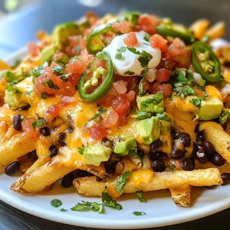 To make loaded nacho fries, gather these items: - 4 large russet potatoes - 2 tablespoons olive oil - 1 teaspoon garlic powder - 1 teaspoon smoked paprika - Salt and freshly cracked black pepper to taste - 1 cup shredded sharp cheddar cheese - 1 cup shredded Monterey Jack cheese - 1 can (15 oz) black beans, drained and thoroughly rinsed - 1 fresh jalapeño, sliced into rings - 1 ripe avocado, diced - ½ cup sour cream - ½ cup fresh salsa - Fresh cilantro leaves for garnish Feel free to swap some ingredients for a twist. Use sweet potatoes for a sweeter fry. Try different cheeses, like pepper jack, for extra heat. Black olives add a nice touch too. If you want a lighter option, replace sour cream with Greek yogurt. You can make everything from scratch or buy some items. For homemade, try making salsa fresh. Store-bought salsa works great if you’re short on time. You can even buy pre-shredded cheese to save effort. Homemade fries give the best texture, but frozen fries can save time too. {{ingredient_image_2}} Start by preheating your oven to 425°F (220°C). This makes sure your fries cook crispy. Next, wash the russet potatoes well. Cut them into thin fry shapes, about 1/4 inch thick. This size helps the fries cook evenly. In a big bowl, add the cut fries. Pour in 2 tablespoons of olive oil, then sprinkle 1 teaspoon of garlic powder and 1 teaspoon of smoked paprika. Add salt and freshly cracked black pepper to taste. Toss the fries until they all have a nice coat of the oil and spices. This step is key for great flavor. Spread the seasoned fries on a baking sheet lined with parchment paper. This helps keep them from sticking. Bake the fries for about 25 to 30 minutes. Flip them halfway through for even cooking. When done, they should be golden brown and crispy. Once the fries are out of the oven, sprinkle 1 cup of shredded sharp cheddar cheese and 1 cup of Monterey Jack cheese evenly over the hot fries. This is where the magic begins! The heat will melt the cheese beautifully. Now, add 1 can of drained black beans and sliced jalapeño on top of the cheese. Put the loaded fries back in the oven for another 5 to 7 minutes. You want the cheese to bubble and get that perfect look. When they are ready, take them out and add diced avocado, sour cream, and salsa on top. Finish with fresh cilantro leaves. Serve hot on a big platter or in bowls, and enjoy! To get crispy fries, start with the right temperature. Preheat your oven to 425°F (220°C). This heat helps the fries cook quickly and become golden. Cut your potatoes thin, about 1/4 inch. Thin fries get crispy faster than thicker ones. Don’t overcrowd the baking sheet. Give each fry room to breathe. Flip the fries halfway through cooking for even crispiness. Russet potatoes are the best choice for nacho fries. They have a high starch content, which makes them fluffy inside and crispy outside. You can also use Yukon Gold potatoes. They add a buttery flavor and hold their shape well. Avoid waxy potatoes like red or fingerling potatoes, as they won’t get as crispy. You can make your nacho fries unique! Add your favorite toppings like diced tomatoes or corn. Try different cheeses, like pepper jack for a kick. For more protein, add seasoned ground beef or shredded chicken. If you like it spicy, add more jalapeños or a drizzle of hot sauce. The options are endless, so get creative! If you want softer fries, reduce the oven temperature to 400°F (200°C). This will take longer but gives you a tender fry. For extra crispy fries, increase the cooking time by a few minutes. Just keep an eye on them to avoid burning. Remember, every oven is different, so adjust times as needed. Pro Tips Choose the Right Potatoes: Using russet potatoes is ideal for fries due to their high starch content, resulting in a crispy exterior and fluffy interior. Don’t Overcrowd the Baking Sheet: Spread the fries in a single layer to ensure they bake evenly and become crispy. If necessary, use two baking sheets. Customize Your Toppings: Feel free to get creative with your toppings! Add cooked ground beef, grilled chicken, or different cheeses to elevate your loaded fries. Serve Immediately: For the best experience, serve the nacho fries right out of the oven while the cheese is melty and the fries are hot and crispy. {{image_4}} You can make loaded nacho fries vegetarian by skipping the meat. For vegan options, swap the cheese with plant-based cheese. Use dairy-free sour cream, too. Add more veggies like bell peppers, corn, or olives for tasty flavors. These options keep your dish colorful and satisfying! Want to spice things up? Add chopped fresh jalapeños for heat. You can also use spicy cheese like pepper jack. Try drizzling hot sauce over the top for a bold kick. For extra flavor, mix in some spicy black beans or even buffalo sauce. Get creative with global flavors! Try adding kimchi for a Korean twist or top with tzatziki for a Greek flair. You can use curry powder for an Indian vibe or add salsa verde for a Mexican twist. These ideas turn your nacho fries into a world tour of flavors! To store leftover loaded nacho fries, let them cool first. Place them in an airtight container. Make sure to layer them without toppings to keep them fresh. Store them in the fridge for up to 3 days. This keeps them tasty for your next snack. When you're ready to enjoy them again, preheat your oven to 350°F (175°C). Spread the fries on a baking sheet. Reheat for about 10-15 minutes. This method helps the fries regain their crispiness. You can also use a microwave if you're in a hurry, but they may become soft. If you want to save them for later, freezing is a great option. Spread the fries out on a baking sheet. Freeze them for about 1 hour until firm. Then, transfer them to a freezer bag. Label the bag and store it for up to 3 months. When ready to eat, bake straight from the freezer. Enjoy your tasty snack anytime! Loaded nacho fries are a fun twist on classic nachos. They combine crispy fries with cheese, beans, and toppings. You start with golden fries, then layer on melted cheese, black beans, jalapeños, and fresh toppings like avocado and sour cream. This dish is perfect for sharing at parties or enjoying as a snack. Yes, you can make loaded nacho fries in an air fryer! Start by seasoning your cut potatoes as usual. Then, preheat the air fryer to 400°F (200°C). Place the fries in a single layer in the basket. Cook for about 15-20 minutes, shaking halfway through. Once crispy, add cheese and toppings, then air fry for an extra few minutes to melt the cheese. Several dips pair well with loaded nacho fries. Some favorites include: - Guacamole - Salsa - Queso dip - Sour cream These dips enhance the flavor and add creaminess to the dish. Feel free to mix and match! Absolutely! You can use various cheeses for loaded nacho fries. Options like pepper jack, mozzarella, or even crumbled queso fresco work well. Mix and match to create a unique flavor profile. Just make sure they melt nicely for the best experience. To make more loaded nacho fries, simply double or triple the recipe. Use more potatoes and adjust the seasonings accordingly. Keep in mind that you may need to bake in batches to avoid overcrowding the baking sheet. This ensures even cooking and crispy fries for everyone! Loaded nacho fries are a tasty and fun dish. We covered all the key parts, from ingredients to serving. You learned how to prep, bake, and customize fries just right. Remember, crispy fries require the best potatoes and cooking techniques. Feel free to experiment with toppings and spices for extra flavor. Enjoy your cooking, and don't forget to have fun with your creations!