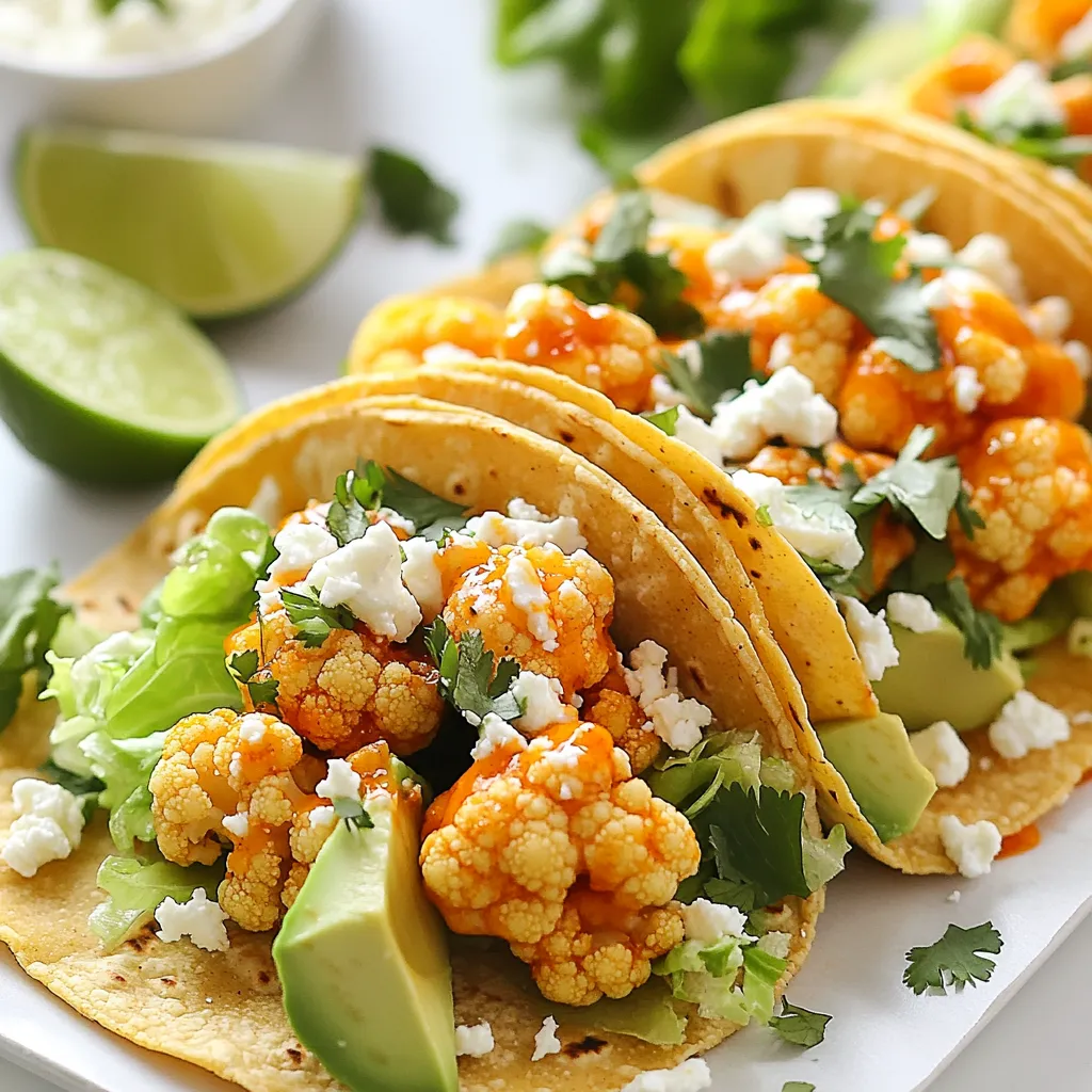 To make Buffalo cauliflower tacos, gather these tasty ingredients: - 1 medium head of cauliflower, cut into bite-sized florets - 1 cup all-purpose flour - 1 cup milk (dairy or plant-based) - 1 cup panko breadcrumbs - 1 teaspoon garlic powder - 1 teaspoon onion powder - 1 teaspoon smoked paprika - 1/2 teaspoon cayenne pepper - 1 cup buffalo sauce - 8 small corn or flour tortillas - 1 cup shredded lettuce - 1 ripe avocado, sliced - 1/2 cup crumbled feta cheese or vegan cheese - Fresh cilantro leaves for garnish - Lime wedges If you can’t find certain ingredients, here are some easy swaps: - Use chickpea flour instead of all-purpose flour for a gluten-free option. - Swap milk for almond or soy milk to keep it dairy-free. - Instead of panko, use regular breadcrumbs for a softer texture. - Try sriracha or barbecue sauce in place of buffalo sauce for a different flavor. - For the cheese, use nutritional yeast for a vegan option. Garnishes add flavor and color. I suggest: - Fresh cilantro leaves for a pop of freshness. - Lime wedges for a zesty squeeze on top. - Pickled onions for a tangy crunch. - A dollop of sour cream or a vegan alternative for creaminess. Each garnish enhances your taco, making it even more delicious! {{ingredient_image_2}} First, preheat your oven to 425°F (220°C). This high heat helps the cauliflower crisp up nicely. Next, cut your medium head of cauliflower into bite-sized florets. Make sure they are all about the same size. This way, they cook evenly. Rinse the florets under cold water and shake off any excess moisture. This helps the batter stick better. Now, let’s make the batter. In a mixing bowl, combine 1 cup of all-purpose flour, 1 cup of milk, 1 teaspoon of garlic powder, 1 teaspoon of onion powder, 1 teaspoon of smoked paprika, and 1/2 teaspoon of cayenne pepper. Whisk until smooth. Dip each floret into the batter. Let any extra batter drip off back into the bowl. Then, coat each floret in 1 cup of panko breadcrumbs for that extra crunch. Place the coated florets on a lined baking sheet. Bake them for 25-30 minutes. Flip them halfway to ensure even cooking. They should turn golden brown and crispy. When the cauliflower is done, put it in a large bowl. Pour 1 cup of buffalo sauce over the florets and toss gently to coat them all. While the cauliflower bakes, warm 8 small corn or flour tortillas in a dry skillet or the microwave. Once warm, they will be easier to fold. To build your tacos, place a good amount of buffalo cauliflower on each tortilla. Top with 1 cup of shredded lettuce, slices of avocado, and sprinkle with 1/2 cup of crumbled feta cheese or a vegan cheese alternative. Finally, add fresh cilantro leaves and a squeeze of lime juice for brightness. Enjoy your tasty buffalo cauliflower tacos! To make your cauliflower nice and crispy, follow these steps: - Use Panko Breadcrumbs: They add extra crunch. - Coat Evenly: Make sure each floret gets a good layer of batter and breadcrumbs. - Baking Temperature: Bake at 425°F (220°C) for that perfect crisp. - Flip Halfway: Turn the florets halfway through to cook evenly. These tips ensure your cauliflower stays crunchy and delicious! Serve your tacos in style! Here are some ideas: - Platter Arrangement: Place tacos on a large platter. - Lime Wedges: Offer lime wedges for extra flavor. - Customize Toppings: Let guests choose toppings like more avocado or cilantro. These options help everyone enjoy their meal just the way they like it. To keep your leftovers fresh, follow these steps: - Cool Completely: Let the cauliflower cool before storing. - Airtight Container: Use a sealed container for best results. - Refrigerate: Store in the fridge for up to three days. When you want to reheat, place in the oven to regain crispiness! Pro Tips Choose the Right Cauliflower: Opt for a medium-sized head of cauliflower that is firm and free from blemishes for the best texture and flavor. Customize the Spice Level: Feel free to adjust the amount of cayenne pepper in the batter to suit your heat preference. You can also add more buffalo sauce for an extra kick! Make It a Meal: Serve your tacos with a side of rice or quinoa to make it a complete meal. You can also add black beans for added protein and texture. Store Leftovers Properly: If you have any leftovers, store the buffalo cauliflower and tortillas separately in airtight containers to maintain their crispness. Reheat in the oven before serving. {{image_4}} You can easily make Buffalo Cauliflower Tacos vegetarian or vegan. For a vegetarian option, use regular cheese or sour cream. For a vegan choice, opt for plant-based cheese or yogurt. This way, you can enjoy all the flavors without losing your dietary focus. While buffalo sauce is a classic, you can try other sauces too. For a milder flavor, use BBQ sauce or honey mustard. For extra heat, spicy sriracha or harissa works well. Experimenting with sauces adds fun and variety to your tacos. Adding more vegetables can boost flavor and nutrition. Try mixing in roasted bell peppers, corn, or red onions. These veggies add crunch and color. You can also toss in some sautéed mushrooms or spinach for an extra layer of taste. Make your tacos even more colorful and delicious! Buffalo cauliflower tacos are tasty and can fit well into many diets. One taco has about 150-200 calories, depending on toppings. The flour, cauliflower, and sauce all add to this count. If you use less sauce or skip cheese, you can lower the calories further. Each taco has a balance of macronutrients. Here's a quick look: - Carbohydrates: 20-25 grams - Protein: 4-6 grams - Fat: 5-7 grams This taco is a good source of healthy carbs from the tortilla and fiber from the cauliflower. The protein comes from the cauliflower and any added cheese. Cauliflower is a power-packed veggie. It offers many health benefits: - Low in Calories: Great for weight management. - High in Fiber: Helps digestion and keeps you full. - Rich in Vitamins: Contains vitamins C, K, and B6. - Antioxidants: Helps fight inflammation and boosts health. Eating buffalo cauliflower tacos is a smart choice. They are not just tasty but also nutritious! Yes, you can make Buffalo Cauliflower Tacos ahead of time. You can bake the cauliflower and toss it in buffalo sauce earlier in the day. Store the coated florets in the fridge. When ready to eat, just warm them in the oven. This keeps the crunch and flavor intact. You can also prepare the toppings, like lettuce and avocado, ahead of time. Just store them separately until you're ready to assemble the tacos. If you need a substitute for buffalo sauce, try hot sauce mixed with melted butter. This mix creates a similar flavor. You can also use BBQ sauce for a sweeter taste. If you want a milder version, ranch dressing or a creamy garlic sauce works well too. Each option gives a unique twist to the dish. Yes, Buffalo Cauliflower Tacos can be gluten-free. Simply substitute the all-purpose flour with a gluten-free flour blend. Also, make sure to choose gluten-free panko breadcrumbs. Most corn tortillas are gluten-free, but check the label to be sure. These simple swaps keep your tacos tasty while meeting dietary needs. This blog post covered how to make Buffalo Cauliflower Tacos. We looked at the main ingredients and their substitutes, along with tasty garnishes. I shared step-by-step instructions for preparation, coating, and baking. We explored tips for crispy cauliflower and storage best practices. You can try variations with different sauces and extra veggies. Lastly, I shared the nutritional value and answered common questions. These tacos are fun, healthy, and full of flavor. Enjoy your cooking adventure!