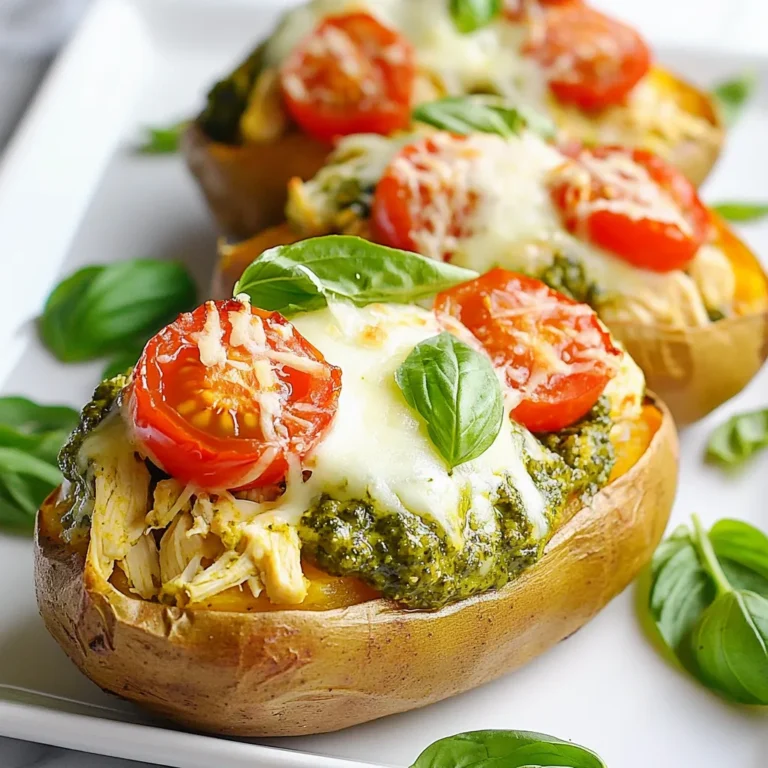 - Medium sweet potatoes - Cooked shredded chicken - Basil pesto (store-bought or homemade) - Cherry tomatoes - Mozzarella cheese - Grated Parmesan cheese - Olive oil - Salt and pepper - Fresh basil leaves for garnish Sweet potatoes are the star here. They add a natural sweetness and a creamy texture. When you bake them, they get soft and delicious. I love using medium sweet potatoes because they are easy to handle and pack a lot of flavor. Next, cooked shredded chicken brings protein to the dish. You can use leftover chicken or rotisserie chicken to save time. The chicken blends well with the pesto, making each bite tasty. Basil pesto is the magic ingredient. It gives a fresh, herbaceous taste that pairs perfectly with the sweet potatoes. You can buy it or make it at home. If you make it, use fresh basil, nuts, olive oil, and Parmesan cheese. Cherry tomatoes add a pop of color and juicy flavor. I prefer halving them for a nice bite. Mozzarella cheese brings that gooey melt, while grated Parmesan adds a nutty finish. Don’t forget olive oil! It helps with roasting and adds richness. Season with salt and pepper for balance. Fresh basil leaves as garnish give a bright look and flavor. - Caloric content per serving: About 400 calories - Macronutrient breakdown: 30g carbs, 25g protein, 15g fat - Health benefits of sweet potatoes and pesto: Sweet potatoes are full of fiber and vitamins. They help with digestion and keep you full. Pesto brings healthy fats, thanks to olive oil and nuts. This combo makes a balanced, tasty meal. {{ingredient_image_2}} 1. Preheat your oven to 400°F (200°C). This makes sure the sweet potatoes bake well. 2. Rinse the sweet potatoes in cold water to clean them. Then, prick each potato all over with a fork. This lets steam escape while they cook. 3. Drizzle olive oil over the sweet potatoes and sprinkle them with salt. This adds flavor to the skin. 1. In a mixing bowl, combine the shredded chicken and basil pesto. This gives the chicken a fresh, herby taste. 2. Add the halved cherry tomatoes and a pinch of salt and pepper. This adds a pop of color and flavor to the mix. 1. After the sweet potatoes are done, take them out and let them cool. 2. Slice each sweet potato down the middle, creating a pocket. Use a fork to fluff the inside. 3. Spoon the chicken mixture into each potato, packing it in gently. 4. Top each potato with shredded mozzarella and grated Parmesan cheese. This creates a delicious cheesy topping. 5. Return the stuffed potatoes to the oven for 10 to 15 minutes. Bake until the cheese melts and bubbles. 6. Once done, let them cool a bit before serving. Garnish with fresh basil for a tasty finish. To ensure even baking of sweet potatoes, start by preheating your oven to 400°F (200°C). This helps them cook perfectly. Rinse the sweet potatoes well. Pricking them with a fork helps steam escape. Place them on a baking sheet, drizzle with olive oil, and sprinkle salt. Bake for 45 to 60 minutes. They should feel soft when you poke them with a fork. If you want to adjust ingredient quantities for taste, consider your preferences. You might like more cheese or extra pesto. It’s simple to add more if you want a richer flavor. Just remember to keep a balance so you don’t overpower the sweet potatoes. For creative plating ideas, try serving the stuffed sweet potatoes on a large platter. Arrange them in a circle for a fun look. This makes each one easy to grab. You can also use smaller plates for individual servings. To enhance visual appeal, garnish each sweet potato with fresh basil leaves. This not only adds color but also a fresh aroma. You could also sprinkle some extra cheese on top right before serving. Using pre-cooked chicken can really save time. You can find it at the store or use leftovers from a meal. This makes the filling come together quickly. If you're short on time, there are shortcut pesto recipes available. You can mix basil, nuts, oil, and cheese in a blender for a fresh taste. Or, buy store-bought pesto for convenience. Both options work well in this recipe, so choose what fits your schedule best. Pro Tips Choose the Right Sweet Potatoes: Opt for medium-sized sweet potatoes that are firm and have smooth skin for even baking and a delicious texture. Enhance the Pesto Flavor: Consider adding a squeeze of fresh lemon juice to the pesto mixture for a bright and zesty flavor that complements the chicken. Experiment with Toppings: Feel free to add other toppings such as chopped walnuts or pine nuts for an extra crunch and nutty flavor. Make Ahead: Prepare the stuffed sweet potatoes in advance and store them in the refrigerator. Simply reheat in the oven for a quick and easy meal. {{image_4}} You can switch the chicken with other proteins. Ground turkey makes a lean choice. It adds a nice flavor and keeps the dish light. If you love beef, use shredded beef for a hearty twist. For a plant-based option, try lentils or tempeh. They soak up the pesto flavor well and offer a great texture. Want to spice things up? Add garlic powder or red pepper flakes for extra zing. Fresh herbs like thyme or rosemary can boost the taste, too. You can also change the cheese. Try goat cheese for a tangy kick or a sharp cheddar for more richness. If you're looking for vegetarian choices, chickpeas are a great swap for chicken. They add protein and a nice chew. For a vegan twist, use dairy-free cheese. Many brands offer tasty options that melt well. This way, everyone can enjoy these stuffed sweet potatoes! To keep your pesto chicken stuffed sweet potatoes fresh, place them in the fridge. Use airtight containers for the best results. This keeps moisture in and air out. Make sure the sweet potatoes cool down before sealing them. They will last up to four days in the fridge. You can reheat stuffed sweet potatoes in the oven or microwave. The oven is best for keeping the texture. Preheat your oven to 350°F (175°C). Place the stuffed sweet potatoes on a baking sheet. Cover them with foil to avoid drying out. Heat for about 15-20 minutes. If you choose the microwave, place a sweet potato on a microwave-safe dish. Heat for 2-3 minutes, checking every minute. The microwave is quicker but may make the sweet potatoes soft. You can freeze pesto chicken stuffed sweet potatoes for later meals. First, let them cool completely. Then, wrap each sweet potato in plastic wrap. Place the wrapped sweet potatoes in a freezer-safe bag. This helps avoid freezer burn. They can last up to three months in the freezer. When you’re ready to eat, thaw them overnight in the fridge. For a quick option, you can use the microwave to thaw them. After thawing, reheat as mentioned above to enjoy a tasty meal! Pesto Chicken Stuffed Sweet Potatoes can last in the fridge for 3 to 5 days. Store them in an airtight container. If you want to keep them longer, you can freeze them. In the freezer, they can last for 2 to 3 months. Just make sure to wrap each sweet potato well in plastic wrap or foil before freezing. Yes, you can make Pesto Chicken Stuffed Sweet Potatoes ahead of time. Prepare the sweet potatoes and the filling separately. Store the sweet potatoes in the fridge after they cool. Keep the chicken mixture in a sealed container. When you're ready to eat, stuff the sweet potatoes and bake them. This method saves time and keeps the flavors fresh. Stuffed sweet potatoes pair well with many sides. Here are some ideas: - A simple green salad with a light vinaigrette - Roasted vegetables for a colorful plate - Quinoa or rice for extra carbs - Steamed broccoli or green beans for a healthy crunch These sides will round out your meal and add variety to your plate. This blog post covered how to make tasty Pesto Chicken Stuffed Sweet Potatoes. We looked at key ingredients, cooking steps, and helpful tips. I shared ways to add variety, such as different proteins or flavors. You learned how to store leftovers and reheat them properly. These sweet potatoes are nutritious and fun to make. I hope you enjoy trying out this recipe! Your kitchen can become a place of creativity and flavor.