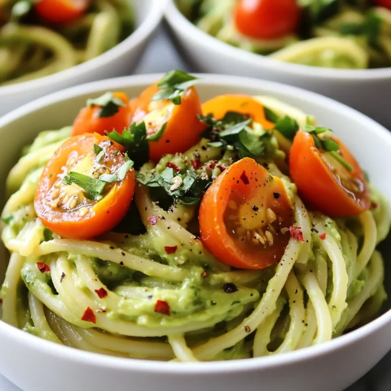 - 12 oz of your favorite pasta (spaghetti or fettuccine are excellent choices) - 2 ripe avocados, pitted and peeled - 1 cup fresh cilantro leaves, tightly packed - 1 medium garlic clove, finely minced - 2 tablespoons freshly squeezed lime juice - 1/4 cup extra virgin olive oil - Salt and freshly cracked black pepper to taste - 1/4 teaspoon red pepper flakes (optional, for a hint of spice) - 1/4 cup freshly grated Parmesan cheese (optional, for a savory finish) - A handful of cherry tomatoes, halved (for garnish) Each ingredient plays a vital role in this dish. Avocados provide healthy fats, which are good for your heart. They also add creaminess without the need for heavy cream. Cilantro gives a fresh taste and contains antioxidants. Garlic boosts flavor and offers health benefits too. Lime juice adds brightness and balances the richness of the avocado. Olive oil brings healthy fats and enhances the dish's texture. Salt and pepper are crucial for seasoning, while red pepper flakes can add a fun kick. Lastly, Parmesan cheese adds a savory touch, making the dish more filling. If you can’t find certain ingredients, don’t worry! Here are some swaps you can try: - Use whole wheat or gluten-free pasta for a healthier option. - Swap cilantro with parsley if you dislike the flavor. - Lime juice can be replaced with lemon juice for a different zing. - Instead of Parmesan, try nutritional yeast for a vegan option. - For a nut-free sauce, skip the cheese and add a bit of tahini for creaminess. These substitutions ensure you can still enjoy this delicious meal, no matter what you have on hand! {{ingredient_image_2}} To start, bring a large pot of salted water to a boil. Use a good amount of salt; it helps flavor the pasta. Once the water boils, add 12 ounces of your favorite pasta, like spaghetti or fettuccine. Cook it according to the package instructions until it’s al dente. Before draining, save about 1 cup of the starchy water. This water helps the sauce stick later. Drain the pasta and set it aside, letting it cool a bit. Next, let’s make the creamy avocado sauce. In a blender or food processor, add 2 ripe avocados, 1 cup of fresh cilantro leaves, and 1 medium minced garlic clove. Also, add 2 tablespoons of lime juice, 1/4 cup of extra virgin olive oil, salt, and black pepper to taste. If you like a bit of heat, toss in 1/4 teaspoon of red pepper flakes. Blend everything until it’s smooth and creamy. Now, it’s time to put it all together. Return the drained pasta to the pot you cooked it in. Pour the creamy avocado sauce over the pasta. Toss it well to coat every strand evenly. If you want to add a savory touch, mix in 1/4 cup of freshly grated Parmesan cheese. Taste the dish and adjust the salt and pepper if needed. Serve the pasta right away, garnished with halved cherry tomatoes for color and flavor. Enjoy your vibrant, delicious meal! To make the sauce just right, start with ripe avocados. They should feel soft but not mushy. When blending, add olive oil and lime juice first. This helps the avocados blend smoothly. If your sauce seems thick, add a little pasta water. This water has starch, which helps make the sauce creamy. Blend until you see a velvety texture. To boost the flavor, use fresh cilantro. It adds a bright taste. Don’t skip the garlic; it brings a nice kick. For extra zest, add lime juice. If you like spice, include red pepper flakes. Lastly, if you want a savory touch, mix in Parmesan cheese. Always taste and adjust salt and pepper to your liking. You can make this dish ahead. Prepare the sauce and store it in the fridge. Just keep it in an airtight container. You can cook the pasta earlier too, but don’t mix them. When you’re ready to eat, warm the pasta gently and toss it with the sauce. This way, your dish stays fresh and tasty. Pro Tips Use Ripe Avocados: Ensure your avocados are perfectly ripe for the creamiest sauce. A ripe avocado will yield slightly to pressure and have a deep green color. Adjust for Creaminess: Don’t hesitate to adjust the consistency of the sauce with reserved pasta water until you achieve that silky texture you desire. Fresh Herbs Matter: Use fresh cilantro for the best flavor. If you're not a fan, try substituting with fresh basil or parsley for a different twist. Garnish Generously: Add extra cherry tomatoes and cilantro on top just before serving for a beautiful presentation and an additional flavor boost. {{image_4}} You can add protein to your creamy avocado cilantro pasta easily. Grilled chicken works great. Cook it simply with salt and pepper. Shrimp is another tasty choice. Sauté shrimp in olive oil until pink. For a plant-based option, try chickpeas. They add texture and protein. This pasta dish is already friendly for vegetarians. To make it vegan, skip the Parmesan cheese. You can use nutritional yeast instead. It gives a cheesy flavor without dairy. Always check your pasta for egg. Many brands offer vegan pasta options, making this dish accessible for everyone. If you love heat, add more red pepper flakes. This gives the dish a nice kick. You can also use jalapeños for a fresh spice. If you prefer no spice, simply leave it out. The creamy avocado sauce is still delicious without any heat. Adjust to suit your taste! You can store any leftover creamy avocado cilantro pasta in an airtight container. Make sure to cool it down first. It will stay fresh in the fridge for about 2-3 days. Use some extra lime juice to keep it bright and tasty. This helps the flavor and color last longer. If you want to freeze the pasta, it's best to do this before adding the sauce. Cook the pasta, drain it, and let it cool. Then, place it in a freezer-safe bag or container. You can freeze it for up to 2 months. When you're ready to enjoy it, just thaw it in the fridge overnight. To reheat the pasta, you have a couple of options. You can use the microwave or a stovetop. If using a microwave, place the pasta in a bowl, cover it, and heat in short bursts. Stir after each burst to warm evenly. On the stovetop, add a splash of water or olive oil to a pan. Heat over low until warm, stirring gently. If the pasta seems dry, add a little reserved pasta water or more sauce. This will help bring back its creamy texture. Yes, you can use many types of pasta. Spaghetti and fettuccine are my favorites. You can also try penne or farfalle. Just make sure it cooks well and holds the sauce. To make this dish dairy-free, skip the Parmesan cheese. The creamy avocado gives great flavor. You can also add nutritional yeast for a cheesy taste. It’s a great choice and still keeps the dish rich. This pasta dish is packed with healthy fats from avocados. Each serving has about: - Calories: 380 - Protein: 10 grams - Carbs: 40 grams - Fat: 22 grams These numbers can change based on your pasta choice and any added ingredients. This meal is a great source of nutrients and will keep you satisfied! This blog covered making a great pasta dish with avocado sauce. You learned about key ingredients and their benefits. We explored how to cook your pasta and prepare the sauce. You also discovered tips to enhance flavor and perfect the texture. Variations allow for exciting protein or spice options, too. Finally, we shared storage tips to keep leftovers fresh. Enjoying this dish can fit many diets and tastes. Now, go ahead and try it for yourself!