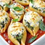 - 12 jumbo pasta shells - 2 cups fresh spinach, finely chopped - 1 cup ricotta cheese - 1 cup shredded mozzarella cheese - 1/2 cup grated Parmesan cheese - 1 large egg, beaten - 1 teaspoon garlic powder - 1 teaspoon onion powder - 1/2 teaspoon salt - 1/4 teaspoon freshly ground black pepper - 2 cups marinara sauce - Fresh basil leaves for garnish Each ingredient plays a key role in the dish. The jumbo pasta shells hold the filling well. Fresh spinach adds a nice green color and healthy touch. Ricotta cheese gives a creamy texture. Shredded mozzarella adds gooey goodness. Grated Parmesan brings a salty bite. The beaten egg helps bind the filling together. Garlic and onion powders add flavor, while salt and pepper enhance all these tastes. Marinara sauce gives a rich base. Finally, fresh basil adds a burst of freshness. If you cannot find jumbo shells, use manicotti or even cannelloni. For a twist, swap spinach with kale or Swiss chard. Cottage cheese can replace ricotta if needed. You can use any cheese you like instead of mozzarella. Try adding feta for a tangy taste. If you want a vegan dish, use tofu instead of ricotta and skip the egg. Lastly, any pasta sauce will work if you do not have marinara. Start by boiling a large pot of water. Add a good amount of salt to the water. Once the water is boiling, add 12 jumbo pasta shells. Cook them according to the package instructions until they are al dente. After cooking, drain the shells and let them cool. Make sure they do not stick together. In a big mixing bowl, combine the spinach, ricotta cheese, half of the shredded mozzarella, and grated Parmesan cheese. Add in the beaten egg, garlic powder, onion powder, salt, and black pepper. Use a fork or spatula to mix everything well. The filling should be creamy and smooth. Preheat your oven to 375°F (190°C). Take a spoon or a piping bag to fill each shell with the spinach and cheese mixture. Be careful to fill them well but do not let the filling overflow. Take a baking dish and spread 1 cup of marinara sauce on the bottom. Lay the stuffed shells in a single layer over the sauce. Drizzle the remaining marinara sauce on top of the shells. Then, sprinkle the rest of the shredded mozzarella cheese over everything. Cover the baking dish with aluminum foil. Place it in the oven and bake for 25 minutes. After this, remove the foil and bake for another 10 minutes. This will make the cheese bubbly and slightly golden. Once baked, let the dish cool for about 5 minutes. This helps the flavors blend. Garnish with fresh basil leaves before serving. This adds color and a nice touch of flavor. Serve your stuffed shells warm and enjoy! To make your stuffed shells stand out, use fresh ingredients. Fresh spinach adds a bright taste. Mix your filling well. Each bite should burst with flavor. Make sure your shells are cooked al dente. This helps them hold their shape. When stuffing, don’t overfill. Leave a little space to avoid spills. Lastly, let the dish rest before serving. This helps the flavors mingle. Avoid using old pasta shells. They can break easily. Don't skip the salt in the pasta water. It adds flavor to the shells. Watch the baking time closely. Overbaking can lead to dry shells. If you use too much sauce, it can make the shells soggy. Keep the filling balanced. Too much cheese can overpower the spinach. You can prepare the stuffed shells in advance. Stuff the shells and place them in the baking dish. Cover with plastic wrap and refrigerate for up to 24 hours. When ready to cook, add a few extra minutes to the baking time. You can also freeze the stuffed shells. Just make sure to wrap them well. Thaw them overnight in the fridge before baking. This makes meal prep easy and quick. {{image_4}} You can add protein to your cheesy spinach stuffed shells. Ground beef, turkey, or chicken work well. Cook the meat in a pan until brown. Mix it into the spinach and cheese filling. This adds flavor and makes the dish heartier. For a tasty twist, try adding cooked sausage. It adds great spice to each bite. If you want a vegan version, swap the cheeses. Use a plant-based ricotta or tofu instead. You can blend silken tofu with nutritional yeast and garlic for a creamy texture. For cheese flavor, add vegan mozzarella shreds. Use aquafaba instead of the egg to bind the filling. This keeps the dish creamy and delicious without dairy. You can change up the sauce for your stuffed shells. Instead of marinara, try a creamy Alfredo sauce. This gives the dish a rich flavor. A pesto sauce also adds a fresh, herby taste. If you like spice, use a spicy arrabbiata sauce. Each sauce change creates a new experience while keeping the filling the same. To keep your cheesy spinach stuffed shells fresh, let them cool first. Place any leftovers in an airtight container. Store them in the fridge for up to three days. If you want to enjoy them later, freezing is a great option. When you're ready to eat the leftovers, you can reheat them easily. Preheat your oven to 350°F (175°C). Place the stuffed shells in an oven-safe dish. Cover them with foil to keep them moist. Bake for about 20 minutes or until hot. You can also microwave them for a quick option. Just cover them with a microwave-safe lid and heat for 2-3 minutes. If you want to freeze the stuffed shells, prepare them as usual but do not bake them. Place the filled shells in a single layer on a baking sheet. Freeze them for 1-2 hours, then transfer them to a freezer bag. Be sure to label the bag with the date. They will last up to three months in the freezer. When you're ready to cook, bake them straight from the freezer. Just add an extra 10-15 minutes to the baking time. Yes, you can use regular pasta. However, jumbo shells hold the filling better. If you choose regular pasta, try using lasagna sheets or manicotti. They can also work well for stuffing. To prevent sticking, add salt to the boiling water. Stir the shells gently while cooking. After draining, spread them out on a baking sheet. You can also drizzle a bit of olive oil over them. This keeps them from clumping. These shells pair well with a simple green salad. You can also serve garlic bread alongside them. A light drizzle of balsamic vinegar adds nice flavor. For drinks, a crisp white wine nicely complements the dish. You can keep leftovers in the fridge for about three to four days. Store them in an airtight container. If you want to keep them longer, consider freezing them. This way, they can last for up to three months. You learned how to make cheesy spinach stuffed shells today. We covered ingredients, measurements, and substitutions. You know the steps for cooking and baking the dish. I shared tips for perfecting the shells and avoiding common mistakes. Plus, you explored variations with protein, vegan options, and sauces. Remember to store and reheat leftovers the right way. Happy cooking, and enjoy your tasty meal!