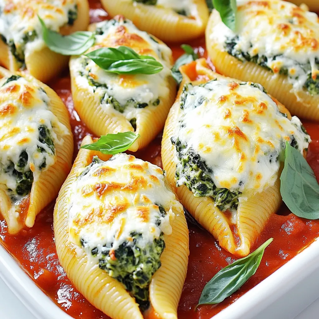- 12 jumbo pasta shells - 2 cups fresh spinach, finely chopped - 1 cup ricotta cheese - 1 cup shredded mozzarella cheese - 1/2 cup grated Parmesan cheese - 1 large egg, beaten - 1 teaspoon garlic powder - 1 teaspoon onion powder - 1/2 teaspoon salt - 1/4 teaspoon freshly ground black pepper - 2 cups marinara sauce - Fresh basil leaves for garnish Each ingredient plays a key role in the dish. The jumbo pasta shells hold the filling well. Fresh spinach adds a nice green color and healthy touch. Ricotta cheese gives a creamy texture. Shredded mozzarella adds gooey goodness. Grated Parmesan brings a salty bite. The beaten egg helps bind the filling together. Garlic and onion powders add flavor, while salt and pepper enhance all these tastes. Marinara sauce gives a rich base. Finally, fresh basil adds a burst of freshness. If you cannot find jumbo shells, use manicotti or even cannelloni. For a twist, swap spinach with kale or Swiss chard. Cottage cheese can replace ricotta if needed. You can use any cheese you like instead of mozzarella. Try adding feta for a tangy taste. If you want a vegan dish, use tofu instead of ricotta and skip the egg. Lastly, any pasta sauce will work if you do not have marinara. Start by boiling a large pot of water. Add a good amount of salt to the water. Once the water is boiling, add 12 jumbo pasta shells. Cook them according to the package instructions until they are al dente. After cooking, drain the shells and let them cool. Make sure they do not stick together. In a big mixing bowl, combine the spinach, ricotta cheese, half of the shredded mozzarella, and grated Parmesan cheese. Add in the beaten egg, garlic powder, onion powder, salt, and black pepper. Use a fork or spatula to mix everything well. The filling should be creamy and smooth. Preheat your oven to 375°F (190°C). Take a spoon or a piping bag to fill each shell with the spinach and cheese mixture. Be careful to fill them well but do not let the filling overflow. Take a baking dish and spread 1 cup of marinara sauce on the bottom. Lay the stuffed shells in a single layer over the sauce. Drizzle the remaining marinara sauce on top of the shells. Then, sprinkle the rest of the shredded mozzarella cheese over everything. Cover the baking dish with aluminum foil. Place it in the oven and bake for 25 minutes. After this, remove the foil and bake for another 10 minutes. This will make the cheese bubbly and slightly golden. Once baked, let the dish cool for about 5 minutes. This helps the flavors blend. Garnish with fresh basil leaves before serving. This adds color and a nice touch of flavor. Serve your stuffed shells warm and enjoy! To make your stuffed shells stand out, use fresh ingredients. Fresh spinach adds a bright taste. Mix your filling well. Each bite should burst with flavor. Make sure your shells are cooked al dente. This helps them hold their shape. When stuffing, don’t overfill. Leave a little space to avoid spills. Lastly, let the dish rest before serving. This helps the flavors mingle. Avoid using old pasta shells. They can break easily. Don't skip the salt in the pasta water. It adds flavor to the shells. Watch the baking time closely. Overbaking can lead to dry shells. If you use too much sauce, it can make the shells soggy. Keep the filling balanced. Too much cheese can overpower the spinach. You can prepare the stuffed shells in advance. Stuff the shells and place them in the baking dish. Cover with plastic wrap and refrigerate for up to 24 hours. When ready to cook, add a few extra minutes to the baking time. You can also freeze the stuffed shells. Just make sure to wrap them well. Thaw them overnight in the fridge before baking. This makes meal prep easy and quick. {{image_4}} You can add protein to your cheesy spinach stuffed shells. Ground beef, turkey, or chicken work well. Cook the meat in a pan until brown. Mix it into the spinach and cheese filling. This adds flavor and makes the dish heartier. For a tasty twist, try adding cooked sausage. It adds great spice to each bite. If you want a vegan version, swap the cheeses. Use a plant-based ricotta or tofu instead. You can blend silken tofu with nutritional yeast and garlic for a creamy texture. For cheese flavor, add vegan mozzarella shreds. Use aquafaba instead of the egg to bind the filling. This keeps the dish creamy and delicious without dairy. You can change up the sauce for your stuffed shells. Instead of marinara, try a creamy Alfredo sauce. This gives the dish a rich flavor. A pesto sauce also adds a fresh, herby taste. If you like spice, use a spicy arrabbiata sauce. Each sauce change creates a new experience while keeping the filling the same. To keep your cheesy spinach stuffed shells fresh, let them cool first. Place any leftovers in an airtight container. Store them in the fridge for up to three days. If you want to enjoy them later, freezing is a great option. When you're ready to eat the leftovers, you can reheat them easily. Preheat your oven to 350°F (175°C). Place the stuffed shells in an oven-safe dish. Cover them with foil to keep them moist. Bake for about 20 minutes or until hot. You can also microwave them for a quick option. Just cover them with a microwave-safe lid and heat for 2-3 minutes. If you want to freeze the stuffed shells, prepare them as usual but do not bake them. Place the filled shells in a single layer on a baking sheet. Freeze them for 1-2 hours, then transfer them to a freezer bag. Be sure to label the bag with the date. They will last up to three months in the freezer. When you're ready to cook, bake them straight from the freezer. Just add an extra 10-15 minutes to the baking time. Yes, you can use regular pasta. However, jumbo shells hold the filling better. If you choose regular pasta, try using lasagna sheets or manicotti. They can also work well for stuffing. To prevent sticking, add salt to the boiling water. Stir the shells gently while cooking. After draining, spread them out on a baking sheet. You can also drizzle a bit of olive oil over them. This keeps them from clumping. These shells pair well with a simple green salad. You can also serve garlic bread alongside them. A light drizzle of balsamic vinegar adds nice flavor. For drinks, a crisp white wine nicely complements the dish. You can keep leftovers in the fridge for about three to four days. Store them in an airtight container. If you want to keep them longer, consider freezing them. This way, they can last for up to three months. You learned how to make cheesy spinach stuffed shells today. We covered ingredients, measurements, and substitutions. You know the steps for cooking and baking the dish. I shared tips for perfecting the shells and avoiding common mistakes. Plus, you explored variations with protein, vegan options, and sauces. Remember to store and reheat leftovers the right way. Happy cooking, and enjoy your tasty meal!