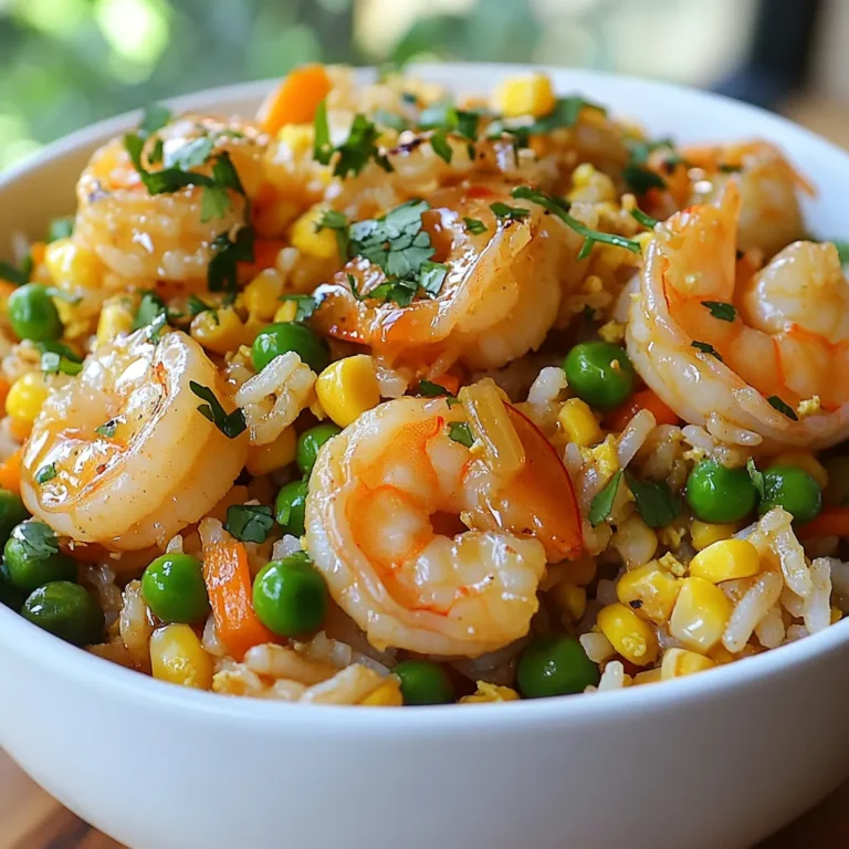 To make Honey Garlic Shrimp Fried Rice, you need a few key ingredients. Here’s a simple list for you: - 1 cup uncooked jasmine rice - 1 lb shrimp, peeled and deveined - 2 tablespoons honey - 2 tablespoons soy sauce - 3 cloves garlic, minced - 1 tablespoon sesame oil - 1 cup mixed vegetables (peas, carrots, corn) - 2 green onions, chopped - 2 eggs, lightly beaten - Salt and pepper to taste - Fresh cilantro or parsley for garnish (optional) Each ingredient plays a big role in the dish. The jasmine rice gives a nice texture. The shrimp adds a sweet and savory flavor when combined with honey and soy sauce. Garlic brings warmth, and sesame oil adds a nutty taste. The mixed veggies add color and crunch. Green onions offer a fresh bite, while eggs help bind everything together. Using fresh ingredients makes a big difference. Fresh shrimp will taste better, and fresh veggies keep the dish vibrant. You can also mix in your favorites if you want to customize the dish. Feel free to add or swap ingredients as you like. This dish is flexible, so have fun with it! {{ingredient_image_2}} 1. Rinse 1 cup of jasmine rice under cold water until the water runs clear. This step removes excess starch. 2. In a medium pot, combine the rinsed rice and 2 cups of water. Bring it to a boil over high heat. 3. Once boiling, reduce the heat to low and cover the pot. Let it simmer for 15 minutes until the water absorbs. 4. Remove the pot from heat and fluff the rice with a fork. Set it aside to cool slightly. 1. Heat 1 tablespoon of sesame oil in a large skillet over medium heat. 2. Add 3 cloves of minced garlic and sauté for 1-2 minutes. Watch it closely so it doesn’t burn. 3. Now, add 1 pound of peeled and deveined shrimp to the skillet. Sauté for about 3-4 minutes until the shrimp turn pink and opaque. 4. Drizzle 2 tablespoons of honey and 2 tablespoons of soy sauce over the shrimp. Stir gently for 1-2 minutes to coat evenly. Transfer the shrimp to a plate and set aside. 1. In the same skillet, add 1 cup of mixed vegetables, such as peas, carrots, and corn. Stir-fry for 3-4 minutes until they are tender yet crisp. 2. Push the vegetables to one side of the pan. This creates space for the eggs. 1. Pour 2 lightly beaten eggs into the empty side of the skillet. Stir gently to scramble. 2. Cook until the eggs are fully set and no longer runny. Once cooked, mix the eggs with the sautéed vegetables. 1. Add the fluffed jasmine rice to the skillet, breaking up any clumps as you go. 2. Stir everything together thoroughly. Fold in the honey garlic shrimp, ensuring they are evenly spread throughout the rice. 1. Season the dish with salt and pepper to taste. This step enhances the overall flavor. 2. Sprinkle chopped green onions over the top and mix well. 3. Serve the Honey Garlic Shrimp Fried Rice hot. Optionally, garnish with fresh cilantro or parsley for color and flavor. When choosing shrimp, you have two main options: fresh and frozen. Fresh shrimp often tastes better, but frozen shrimp can be just as good if handled well. To tell if shrimp is fresh, look for a few signs: - Clear, shiny shells - Mild ocean smell - Firm texture If the shrimp smells strong or has dark spots, avoid it. The texture of your fried rice matters a lot. It’s best to use cooled rice. Freshly cooked rice can turn mushy. Follow these tips to keep your fried rice perfect: - Cook the rice a few hours ahead. - Spread the rice on a tray to cool. - If using leftover rice, break any clumps before cooking. This helps each grain stay separate. To make your honey garlic shrimp fried rice even tastier, think about adding more seasonings. Here are some ideas: - Try a splash of fish sauce for depth. - Add some oyster sauce for richness. - Adjust the heat by adding chili paste or flakes if you want spice. You can always tweak the flavors to match your taste. Enjoy crafting a dish that feels just right for you! Pro Tips Rinse the Rice: Rinsing jasmine rice before cooking removes excess starch, which helps prevent the rice from becoming too sticky. Cook Shrimp Perfectly: Be careful not to overcook the shrimp; they should be pink and opaque, which usually takes about 3-4 minutes. Use Fresh Vegetables: Fresh or frozen mixed vegetables work well, but make sure they are still crisp to maintain their texture in the fried rice. Garnish for Flavor: Don't skip the fresh cilantro or parsley; it adds a burst of flavor and color to your dish. {{image_4}} You can easily replace shrimp with tofu or tempeh. These options soak up flavors well. This change makes it a great dish for vegetarians. You can also add more vegetables. Try bell peppers, broccoli, or snap peas. These add color and crunch. If you like heat, add chili paste or red pepper flakes. Start with a small amount and taste. You can always add more if you want. Adjust heat levels based on your taste. This spicy twist brings a new flavor to the dish. You can use chicken or even beef instead of shrimp. Adjust cooking times for these proteins. Chicken needs about 5-7 minutes until it’s fully cooked. Tofu cooks quickly, like shrimp, in about 3-4 minutes. This way, everyone can enjoy their favorite protein in your fried rice. To keep your honey garlic shrimp fried rice fresh, use airtight containers. Glass or plastic containers work well. Make sure to let the rice cool before sealing it. This helps prevent moisture buildup. Store the leftovers in the fridge for up to four days. If you want to save it longer, freezing is a great option. Just make sure to use freezer-safe containers. You can keep the fried rice in the freezer for up to three months. When it’s time to enjoy the leftovers, reheating is simple. The best way is to use a skillet. Heat it on medium and add a splash of water. This helps steam the rice and keeps it moist. Stir occasionally until heated through. If you prefer the microwave, use a microwave-safe bowl. Cover it with a damp paper towel. Heat on high for 1-2 minutes, stirring halfway to ensure even heating. Leftovers can stay good for about four days in the fridge. If you freeze the rice, it can last up to three months. Always check for signs of spoilage before eating. If the rice smells sour or has a strange color, toss it out. Food safety is important, so when in doubt, throw it out. Yes, you can use brown rice. Brown rice has a nuttier flavor and a chewier texture. It takes longer to cook, about 40-50 minutes. You will need more water too. The rice should be rinsed like jasmine rice. Cooking time is key, so adjust your steps if you swap. If you need a substitute, try olive oil. It has a mild flavor that works well. You can also use canola oil or avocado oil. These oils can bring different tastes to your dish. They won't have the same nutty flavor as sesame oil, but they will still be good. To prep ahead, cook the rice and store it in the fridge. You can also cook the shrimp and vegetables early. Let them cool before storing them. When you’re ready to cook, just reheat the shrimp and veggies. Add the rice and eggs last for the freshest taste. This blog shared how to make shrimp fried rice using fresh ingredients. You learned step-by-step instructions for cooking rice, shrimp, and veggies. I also gave you tips to improve texture and flavor, along with storage advice. Remember, cooking is about experimenting. So, try different proteins and seasonings to find your perfect dish. You can enjoy great fried rice for meals today and later. Keep these tips handy and happy cooking!