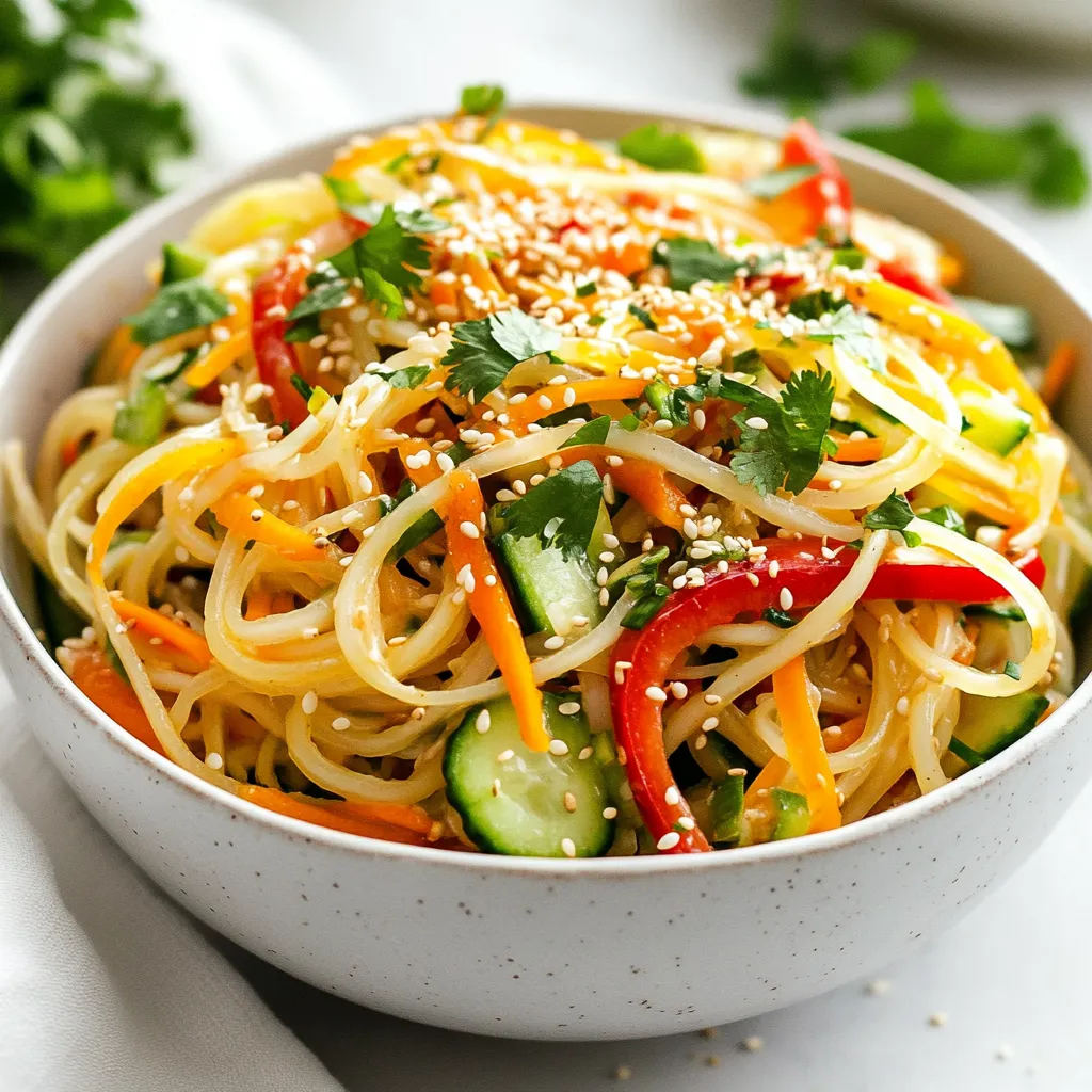 To make this vibrant dish, you will need: - 200g rice noodles - 1 red bell pepper, thinly sliced - 1 cucumber, julienned - 1 medium carrot, grated - 4 green onions, sliced diagonally - 1/4 cup fresh cilantro, roughly chopped - 1/4 cup sesame seeds, lightly toasted These main ingredients give the salad a crunchy texture and colorful look. The rice noodles serve as a soft base, while the fresh veggies add a burst of flavor and nutrition. Next, we need some key condiments to create that bold flavor: - 3 tablespoons soy sauce - 2 tablespoons sesame oil - 1 tablespoon rice vinegar - 1 tablespoon sriracha or chili paste (adjust based on spice preference) - 1 tablespoon honey or maple syrup - Salt and pepper to taste These condiments bring the salad to life! The soy sauce and sesame oil add depth, while the sriracha gives it that spicy kick. Honey or maple syrup balances the heat with a hint of sweetness. For those who want to kick it up a notch, consider adding: - Cooked protein like chicken, shrimp, or tofu - Extra veggies like snap peas or radishes - Peanuts or cashews for crunch These optional add-ins not only enhance the flavor, but also make the dish more filling. You can mix and match based on your taste and what you have at home. {{ingredient_image_2}} Start by boiling water in a pot. Add 200g of rice noodles when the water is bubbling. Cook them for about 5-7 minutes. You want them tender but not mushy. Drain the noodles and rinse them under cold water. This stops the cooking. Set the cooled noodles aside in a large mixing bowl. While the noodles cook, wash your veggies. Thinly slice one red bell pepper. Julienne one cucumber, and grate one medium carrot. Next, slice four green onions at an angle. Combine all these fresh vegetables in your mixing bowl with the cooled noodles. In a small bowl, whisk together three tablespoons of soy sauce, two tablespoons of sesame oil, and one tablespoon of rice vinegar. Then add one tablespoon of sriracha or chili paste. If you like it spicier, feel free to add more. Finally, mix in one tablespoon of honey or maple syrup for a touch of sweetness. Pour the dressing over the noodles and veggies in the bowl. Gently toss everything together until each piece is coated. You want to blend those flavors well. Next, sprinkle 1/4 cup of lightly toasted sesame seeds and 1/4 cup of roughly chopped cilantro on top. Toss it all together one more time. Season with salt and pepper to taste. For the best flavor, cover the salad and chill it in the fridge for 30 minutes before serving. To change the heat in your Spicy Sesame Noodle Salad, start with sriracha. Use 1 tablespoon for mild heat. If you want more spice, add more sriracha by half a tablespoon. You can even mix in chili paste for a different flavor. Always taste the dressing before mixing it into the salad. This way, you can get the spice just right for your taste. Cooking rice noodles can be tricky. Follow the package instructions carefully, usually around 5-7 minutes. Check the noodles a minute early. They should be tender but not mushy. After cooking, drain and rinse them under cold water. This stops the cooking process and keeps the noodles from sticking together. Make sure they cool down completely before adding them to the salad. Presentation matters, even for a simple salad. Serve the salad in bright bowls or on a big platter. Sprinkle extra sesame seeds and fresh cilantro on top for color. You can add lime wedges on the side. This gives guests a zesty option to squeeze over their servings. A beautiful dish makes the meal more enjoyable, so take a moment to arrange it nicely! Pro Tips Use Fresh Ingredients: Opt for the freshest vegetables you can find, as they enhance the flavor and texture of the salad. Fresh cilantro and crisp vegetables make a significant difference. Adjust the Spice Level: Feel free to customize the level of heat in your dressing by adjusting the amount of sriracha or chili paste. Start with less and add more gradually to suit your taste. Toast Sesame Seeds: Lightly toasting sesame seeds before adding them to the salad brings out their nutty flavor and adds a delightful crunch. Just a few minutes in a dry pan will do the trick! Chill for Best Flavor: Allow the salad to chill in the refrigerator for at least 30 minutes before serving. This resting time helps the flavors meld together beautifully. {{image_4}} Adding protein boosts the flavor and makes the salad heartier. You can use shredded chicken, cubed tofu, or cooked shrimp. If you choose chicken, grill or sauté it first. For tofu, press it to remove excess water before cooking. Shrimp cooks quickly and adds a nice touch. Just sauté them until pink. Mix your choice of protein into the salad for a filling meal. If you need a gluten-free salad, use rice noodles. They are naturally gluten-free and perfect for this dish. You can also swap soy sauce for tamari, which is gluten-free. Just check your labels to ensure all ingredients meet your needs. This way, everyone can enjoy the spicy sesame noodle salad without worry. Feel free to get creative with vegetables! Use what’s fresh and in season. For spring, add peas or asparagus. In the summer, try cherry tomatoes or zucchini. Autumn brings great options like roasted squash. Adding seasonal veggies keeps the salad fresh and exciting. It also makes your meal colorful and nutrient-rich. To store your spicy sesame noodle salad, place it in an airtight container. This keeps the flavors fresh. You can store it in the fridge for up to three days. Make sure to separate the dressing if you want to keep the noodles firm. Freezing the salad is possible, but some textures may change. If you want to freeze it, store the noodles and veggies separately from the dressing. Use freezer-safe containers or bags. You can freeze it for up to a month. When ready to eat, let it thaw overnight in the fridge. You can eat the salad cold or warm it slightly. If you heat it, use a microwave. Heat in short bursts, stirring in between. This way, the noodles warm without getting mushy. After reheating, add fresh herbs or extra dressing for a great taste! You can use other noodles like soba or whole wheat pasta. Zucchini noodles also work well. They add a fresh taste and keep the dish light. Make sure to cook them to your liking for best results. The salad lasts about 3-4 days in the fridge. To keep it fresh, store it in an airtight container. The flavors will meld, making it even tastier over time. Yes, you can make this salad a day ahead. Just store it in the fridge. The flavors develop nicely overnight. If you like, add the sesame seeds and cilantro just before serving. Absolutely! To make it vegan, use maple syrup instead of honey. Also, ensure your soy sauce is vegan-friendly. The salad will still be full of flavor and satisfying. This article covered all you need for a tasty spicy sesame noodle salad. We explored key ingredients, preparation steps, and helpful tips. You learned how to adjust spice levels and add proteins or veggies. The storage tips ensure your salad stays fresh longer. Try your version and enjoy each delicious bite. Cooking can be fun and simple!