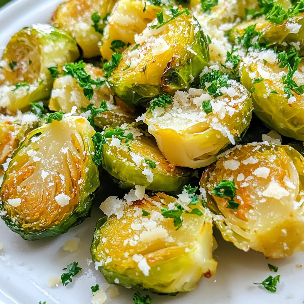 To make Garlic Parmesan Air Fryer Brussels Sprouts, you need these simple ingredients: - 1 lb Brussels sprouts, trimmed and halved - 3 tablespoons extra virgin olive oil - 4 cloves fresh garlic, minced - 1/2 cup finely grated Parmesan cheese - 1 teaspoon sea salt - 1/2 teaspoon freshly ground black pepper - 1/2 teaspoon crushed red pepper flakes (optional) - Fresh parsley, finely chopped (for garnish) These ingredients come together to create a dish full of flavor. The Brussels sprouts are the star, offering a nice crunch. The garlic brings a strong taste, while the Parmesan adds a rich, creamy texture. Olive oil helps everything cook evenly and keeps it moist. Using fresh garlic is key. It gives a vibrant taste that dried garlic can't match. The sea salt and black pepper enhance all the flavors. If you like a bit of heat, add some crushed red pepper flakes. Don't forget the parsley! It adds a fresh touch and makes the dish look nice. When you mix these ingredients, you create a blend that makes each bite exciting. {{ingredient_image_2}} First, set your air fryer to 375°F (190°C). Preheating warms up the fryer. This helps the Brussels sprouts cook evenly. It only takes a few minutes. Grab a big mixing bowl. Add the halved Brussels sprouts and olive oil. Then, toss in the minced garlic. Sprinkle the sea salt, black pepper, and red pepper flakes if you want heat. Use your hands or a spatula to mix everything well. You want each sprout coated nicely. Now, take the seasoned Brussels sprouts and add them to the air fryer basket. Place them in a single layer. If your air fryer is small, you may need to cook in batches. Cook for 12 to 15 minutes. Shake the basket halfway through. This helps them brown evenly. Watch them closely to get that golden-brown look. When the Brussels sprouts are done, take them out of the air fryer. They should be crispy and delicious. Sprinkle the grated Parmesan cheese over them. For a fresh touch, add some chopped parsley. Serve these tasty bites warm for the best flavor. The prep time for Garlic Parmesan Air Fryer Brussels Sprouts is just 10 minutes. You can trim and halve the Brussels sprouts quickly. Mince the garlic and gather your other ingredients. This fast prep makes it easy to enjoy a tasty dish. The cook time in the air fryer is about 12 to 15 minutes. Preheat the air fryer to 375°F (190°C) first. Then, place the seasoned Brussels sprouts in a single layer. Shaking the basket halfway through helps them cook evenly and get crispy. This recipe serves four people. It makes a great side dish for family meals or gatherings. You can easily double the recipe if you need more servings. Enjoy sharing this flavorful dish with friends and family! Pro Tips Choose Fresh Brussels Sprouts: Look for bright green Brussels sprouts that are firm to the touch. Avoid any that are yellowing or have brown spots for the best flavor. Don’t Skip the Olive Oil: The olive oil not only helps crisp the Brussels sprouts but also enhances the flavor. Make sure they are well-coated for the best results. Adjust Cooking Time: Depending on the size of your Brussels sprouts, you may need to adjust the cooking time slightly. Keep an eye on them as they air fry to achieve your desired crispiness. Add Extra Flavor: Experiment with additional spices or toppings, such as lemon zest or balsamic glaze, to elevate the dish and customize it to your taste. {{image_4}} To get your Brussels sprouts crispy, toss them well in oil. This helps them fry evenly. Make sure they are in a single layer in the air fryer. Overcrowding will lead to steaming. Shake the basket halfway through cooking. This helps all sides brown nicely. If they are not crisp enough, add a few more minutes. Adding garlic gives a strong flavor. Use fresh garlic for the best taste. If you like heat, add crushed red pepper flakes. You can also try lemon zest for a fresh twist. A squeeze of lemon juice before serving brightens the taste. Mixing in different cheeses can add depth too. Every air fryer is different. Know your air fryer's capacity well. If you have a small air fryer, cook in batches. This makes sure each batch cooks well. For larger air fryers, you can fit more at once. Just remember to keep the sprouts in a single layer. This will give you the best results. You can swap Parmesan cheese for other types. Try Pecorino Romano for a sharper taste. Mozzarella gives a milder flavor and a nice stretch. Nutritional yeast is a great vegan option, adding a cheesy taste without dairy. Brussels sprouts blend well with many veggies. Toss in halved carrots for sweetness. Add bell peppers for color and crunch. You can even mix in cauliflower florets for extra texture and flavor. Get creative with seasonings to change the flavor. Lemon zest adds brightness and freshness. Use smoked paprika for a warm, earthy taste. For a spicy kick, try cayenne pepper or chili powder. Yes, you can. Preheat your oven to 400°F (200°C). Toss the Brussels sprouts with oil, garlic, salt, pepper, and cheese just like in the air fryer recipe. Spread them on a baking sheet in a single layer. Bake for 20-25 minutes until golden and crispy. To store leftovers, let the sprouts cool down first. Place them in an airtight container. You can keep them in the fridge for up to three days. Reheat them in the air fryer or oven to restore some crispiness. You can use frozen Brussels sprouts, but they may not get as crispy. Thaw them first and pat them dry to remove excess moisture. Then, follow the same steps as fresh sprouts, adjusting cooking time as needed for tenderness. These sprouts pair well with many dishes. Try serving them with grilled chicken, steak, or fish. They also go great with pasta or as a side for a hearty salad. Enjoy mixing them into your favorite meals! In this blog post, we explored how to make delicious Garlic Parmesan Brussels sprouts in an air fryer. We covered the key ingredients and provided simple steps for crispiness and flavor. Don't forget tips for variations and frequently asked questions to help you. Try this quick recipe for a tasty side dish or snack. Enjoy the crunch and flavor you create! Get cooking and discover your new favorite dish.