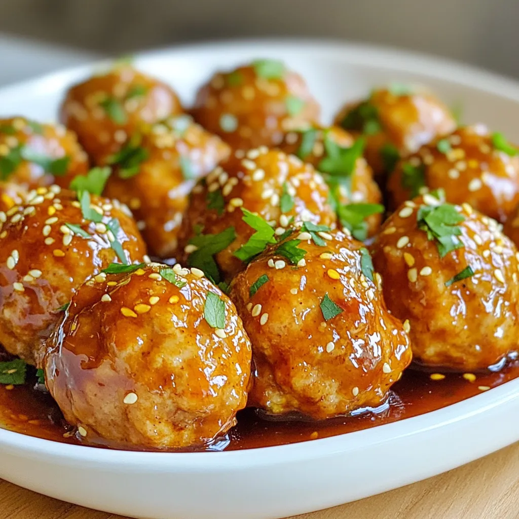 To make honey garlic turkey meatballs, you need a mix of tasty ingredients. Here’s a list to help you gather everything: - 1 lb ground turkey - 1/2 cup breadcrumbs - 1/4 cup freshly grated Parmesan cheese - 1/4 cup fresh parsley, finely chopped - 2 cloves garlic, minced - 1 large egg - 1 teaspoon kosher salt - 1/2 teaspoon freshly cracked black pepper - 1/4 teaspoon red pepper flakes (optional, for a kick) - 1/2 cup honey - 1/4 cup soy sauce (low sodium recommended) - 1 tablespoon apple cider vinegar - 1 teaspoon sesame oil - Toasted sesame seeds, for garnish Each ingredient plays a key role in building flavor. Ground turkey keeps the meatballs light. Breadcrumbs add texture and help bind the mix. Parmesan cheese lends a savory touch. Fresh parsley brightens the dish. Garlic gives it a warm, rich flavor. The egg helps hold everything together. Salt and pepper enhance the taste, while red pepper flakes give a hint of heat. Honey, soy sauce, apple cider vinegar, and sesame oil create a sweet and tangy sauce. Finally, sesame seeds make for a nice garnish, adding crunch and style. With these ingredients, you can create a dish that is both savory and satisfying. Enjoy the cooking process as you bring these flavors together! {{ingredient_image_2}} To start, grab a large mixing bowl. Add 1 pound of ground turkey. Then, toss in 1/2 cup of breadcrumbs, 1/4 cup of freshly grated Parmesan cheese, and 1/4 cup of finely chopped fresh parsley. Next, add 2 cloves of minced garlic, 1 large egg, 1 teaspoon of kosher salt, 1/2 teaspoon of black pepper, and 1/4 teaspoon of red pepper flakes if you want a little heat. Mix well using your hands or a spatula. It’s key to blend all the ingredients evenly. This helps ensure every meatball has the same great taste. You want to feel the texture shift as you mix. The goal is a firm yet moist mixture that holds together nicely. Now, let’s shape the meatballs. Aim for a size of 1 to 1.5 inches in diameter. Try to make them as uniform as possible. This helps them cook evenly. Line a baking sheet with parchment paper before placing the meatballs on it. Leave some space between them to avoid sticking. Preheat your oven to 400°F (200°C). Bake the meatballs for about 20 minutes. They should reach an internal temperature of 165°F and look golden brown. While your meatballs bake, it’s time to make the honey garlic sauce. In a small saucepan, mix 1/2 cup of honey, 1/4 cup of soy sauce, 1 tablespoon of apple cider vinegar, and 1 teaspoon of sesame oil. Heat this over medium until it simmers. Stir it occasionally. You want it to thicken a bit, which takes about 5 minutes. Once your meatballs are done, transfer them to a large bowl. Drizzle the sauce over them and gently toss to coat each meatball. This adds lots of flavor. Then, return them to the baking sheet for another 5 minutes. This last step caramelizes the sauce, giving a nice glaze. - Maintaining moisture in turkey meatballs: To keep your meatballs juicy, add breadcrumbs and grated cheese. They soak up moisture and add flavor. - How to avoid dry meatballs: Don’t overmix the turkey. Mix until just combined. If you feel it’s too dry, add a splash of milk. - Ensuring even cooking: Shape meatballs the same size. This helps them cook evenly. Aim for 1 to 1.5 inches in diameter. - Best sides to pair with honey garlic turkey meatballs: Serve with fluffy rice or a fresh salad. Steamed veggies also complement the sweet sauce well. - Creative ways to serve meatballs: You can serve them in a wrap or over pasta. Try them in a sub sandwich for a fun twist. - Garnishing tips for presentation: Sprinkle toasted sesame seeds and chopped parsley on top. It adds color and a nice crunch. - Alternatives for ground turkey: You can use ground chicken or lean beef if you prefer. Both options work well with the honey garlic sauce. - Gluten-free breadcrumbs options: Use crushed rice cereal or gluten-free oats. They bind the meatballs without gluten. - Low-sodium soy sauce alternatives: Try coconut aminos or tamari. They give a similar flavor with less salt. Pro Tips Use Lean Ground Turkey: Opt for lean ground turkey to keep the meatballs moist while reducing fat content. This ensures a healthier dish without sacrificing flavor. Chill the Mixture: After mixing the meatball ingredients, refrigerate the mixture for about 30 minutes. This makes it easier to shape the meatballs and helps them hold their shape during baking. Adjust the Sauce Sweetness: Taste the honey garlic sauce as it simmers and adjust the sweetness by adding more honey or a splash of soy sauce if needed. This allows you to customize it to your preference. Perfect Baking Time: Keep an eye on the meatballs during the last few minutes of baking. This ensures they don’t overcook and lose their juiciness while allowing the sauce to caramelize beautifully. {{image_4}} If you love heat, you can make a spicy version of these meatballs. Start by adding more red pepper flakes. Use one teaspoon instead of a quarter teaspoon. This change gives a nice kick. You can also mix in chopped jalapeños for extra spice. Suggested ingredients for a spicy kick: - 1 teaspoon red pepper flakes - 1-2 jalapeños, finely chopped - Hot sauce of your choice For a meat-free version, you can swap out the turkey. Use plant-based ground meat or lentils as a base. Lentils cook well and add fiber. You can also use black beans, mashed into a paste. Suitable substitutes for turkey: - 1 lb plant-based ground meat - 1 cup cooked lentils - 1 can black beans, mashed To give these meatballs an Asian flair, add sesame seeds and green onions. They enhance flavor and crunch. You can also mix in soy sauce with ginger and garlic for a rich taste. Consider using hoisin sauce for a sweet twist. Suggested herbs and sauces: - 2 tablespoons minced ginger - 1/4 cup green onions, chopped - 2 tablespoons hoisin sauce To keep your leftover meatballs fresh, place them in an airtight container. This helps prevent them from drying out. Store them in the fridge immediately after they cool down. You can safely enjoy your meatballs for up to three days. If you want them to last longer, consider freezing. You can freeze meatballs both before and after cooking. If you freeze them raw, shape the meatballs and place them on a baking sheet. Freeze them for a few hours until firm, then transfer to a freezer bag. This way, they won’t stick together. If you freeze them after cooking, let them cool first. Store them in a container or a freezer bag. To thaw, move the meatballs to the fridge for a few hours or overnight. You can also use the microwave for quick thawing. When ready to eat, heat them in the oven or on the stovetop until hot. This keeps the flavors intact. These turkey meatballs are great for meal prepping. You can make a large batch and use them in different meals. Try adding them to pasta, salads, or grain bowls. They also work well in wraps or sandwiches. For a quick meal, pair meatballs with rice and steamed veggies. You can even toss them in a stir-fry for a delicious twist. Store meatballs in the fridge and enjoy them throughout the week. Yes, you can use chicken instead of turkey. Chicken makes a lean meatball. It can be just as tasty. However, turkey often has more flavor. Chicken may need more seasoning to match turkey's depth. Cook the meatballs for about 20 minutes at 400°F. This time helps them get golden brown. Make sure they reach an internal temperature of 165°F. Use a meat thermometer for accuracy. Yes, you can make the sauce ahead of time. It saves time on busy days. Store it in the fridge for up to five days. Use an airtight container to keep it fresh. When you're ready, heat it on the stove. You learned how to make tasty honey garlic turkey meatballs from start to finish. We covered the key ingredients, mixing tips, and baking methods. You also got advice on sauce prep and storage. Remember, the right mixture and cooking tips keep the meatballs moist. Feel free to try different variations to suit your taste. Whether you want spice or a vegetarian option, get creative. These meatballs can be a great meal prep choice too. Enjoy your cooking adventure!