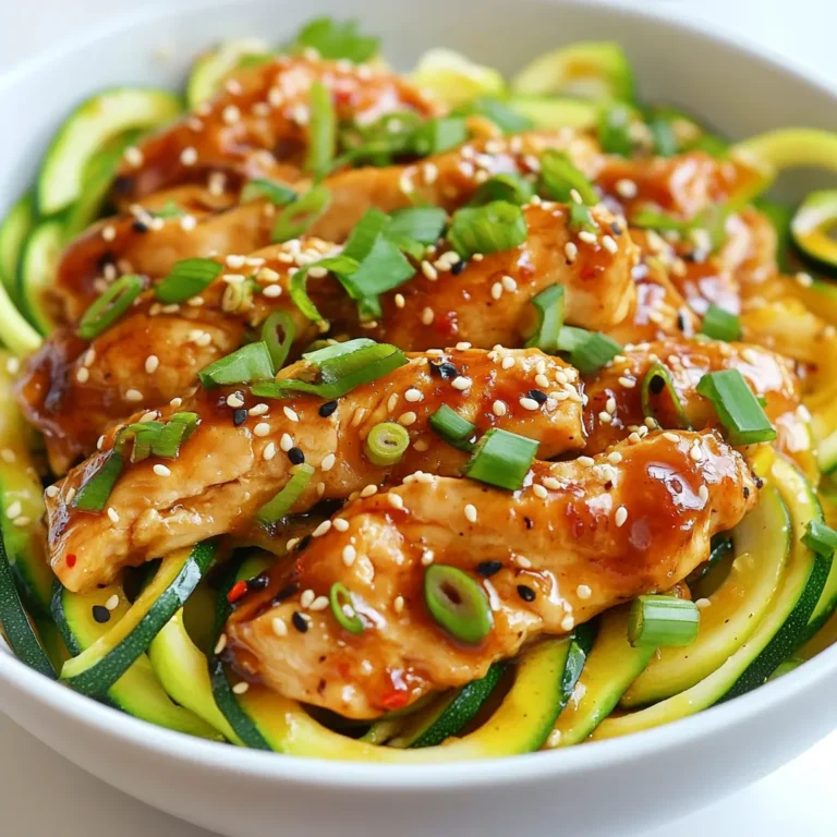 - 1 pound chicken breast, sliced into thin strips Chicken is the main protein in this dish. It adds flavor and keeps you full. I like to use fresh chicken breast for the best taste. Cutting it into thin strips helps it cook quickly and evenly. - 2 medium zucchinis, spiraled into noodle shapes Zucchini noodles, or zoodles, are a great low-carb option. They add texture and nutrients. Spiralizing zucchini is fun and easy. You can use a spiralizer or a vegetable peeler. Aim for thin noodles that mimic pasta. - 2 tablespoons sesame oil, divided - 2 tablespoons soy sauce (or tamari for a gluten-free option) - 1 tablespoon honey or agave syrup for sweetness - 2 cloves garlic, minced finely - 1 teaspoon fresh ginger, grated - 1/4 teaspoon red pepper flakes (optional for heat) - Salt and pepper, to taste These ingredients create a rich and tasty sauce. Sesame oil gives a nutty flavor. Soy sauce adds umami. Honey or agave adds a touch of sweetness. Garlic and ginger make the dish aromatic. Red pepper flakes can add a little kick if you like heat. - 1/4 cup green onions, sliced for garnish - 2 tablespoons sesame seeds, toasted for added crunch Garnishes add flavor and make the dish look nice. Green onions bring freshness and crunch. Toasted sesame seeds give a nutty taste and a bit of texture. They also make the meal look appealing on the plate. {{ingredient_image_2}} Start by marinating the chicken. Combine the sliced chicken breast in a bowl. Add soy sauce, honey, minced garlic, grated ginger, salt, and pepper. Mix well to coat the chicken. Let it sit for at least 15 minutes. This step boosts the flavor. Heat a large skillet over medium-high heat. Add 1 tablespoon of sesame oil. Once the oil shimmers, add the marinated chicken strips. Sauté the chicken for 5-7 minutes. Cook until it turns golden brown and is no longer pink. Then, remove it from the skillet and set it aside. In the same skillet, add the remaining tablespoon of sesame oil. Wait a moment for the oil to heat. Now, add the spiralized zucchini noodles. Sauté for 2-3 minutes. Use tongs to gently toss the noodles. They should be tender but still have a nice crunch. If you like heat, add red pepper flakes now. Return the cooked chicken to the skillet. Add it to the sautéed zucchini noodles. Gently toss everything together. Heat the mixture for another 2 minutes. Taste and adjust the seasoning with salt and pepper if needed. Once everything is well combined, transfer the sesame chicken zucchini noodles to a serving dish. For a stunning look, sprinkle sliced green onions and toasted sesame seeds on top. This adds color and crunch. Enjoy your meal! To make sure your chicken is juicy and tender, start by slicing it thin. Thin strips cook faster and stay moist. Marinate your chicken in soy sauce, honey, garlic, and ginger. Let it sit for at least 15 minutes. The marinade gives flavor and helps keep the chicken soft. When cooking, use medium-high heat. This will give your chicken a nice golden color. Cook it for 5-7 minutes, stirring often. Make sure it reaches 165°F to be safe. Spiralizing zucchini is fun and easy! You can use a spiralizer, a julienne peeler, or a box grater. A spiralizer is best for long noodles. Cut the ends off the zucchinis before you start. Hold the zucchini firmly and twist it to create long strands. Aim for thin noodles that cook quickly. If you don’t have a spiralizer, using a peeler works too. Just make flat ribbons instead. When cooking, don’t forget to keep an eye on them. They should be tender but still have a little crunch. You can change the flavors in this dish to fit your taste. If you like it sweeter, add more honey or agave syrup. For a spicy kick, toss in more red pepper flakes. If you want a saltier taste, add a bit more soy sauce. Always taste before serving. This helps you catch any flavor changes you want. You can also mix in other veggies like bell peppers or carrots for extra crunch and color. Experiment and find what you love! Pro Tips Marinate Longer for Better Flavor: If you have time, marinate the chicken for at least 30 minutes, or even overnight, to let the flavors penetrate deeply. Use a Spiralizer Efficiently: When spiralizing zucchinis, ensure they are firm and not overly ripe for the best noodle texture. Add More Vegetables: Feel free to toss in other vegetables like bell peppers or broccoli for added nutrition and color. Garnish with Fresh Herbs: Enhance the flavor by adding freshly chopped cilantro or basil as a garnish before serving. {{image_4}} You can switch out chicken for other proteins. Try shrimp or tofu for variety. Both cook quickly and add great flavor. If you like beef, use thinly sliced flank steak. Just remember to adjust cooking times. For a vegan version, replace chicken with tofu or tempeh. Use agave syrup instead of honey. You can also add more veggies like bell peppers or carrots. This keeps the dish colorful and nutritious. Feel free to play with the sauce. Try adding peanut butter for a creamy twist. A splash of rice vinegar can brighten the flavor. For a spicy kick, add sriracha or chili paste. Adjust the sweetness or saltiness to suit your taste. You can store your sesame chicken zucchini noodles in the fridge. Place them in an airtight container. Make sure they cool down first. This keeps the flavors fresh and prevents sogginess. They will stay good for about 3 to 4 days. Just reheat them in a pan or microwave when you are ready to eat. Freezing this dish is a great option if you want to save some for later. Use a freezer-safe container or a resealable bag. Be sure to remove as much air as possible. This helps prevent freezer burn. You can freeze the noodles and chicken for up to 2 months. When you're ready to enjoy them, just thaw them overnight in the fridge. Reheat in a skillet over medium heat. Add a splash of sesame oil to revive the dish. When stored properly, sesame chicken zucchini noodles can last a good while. In the fridge, they last 3 to 4 days. If frozen, they are best used within 2 months. Always check for signs of spoilage, like an off smell or changes in texture. Trust your senses; they will guide you! Yes, you can! Try using carrots, bell peppers, or cucumber. Each adds a different taste and texture. You can spiralize these veggies too. Just ensure they cook for the right time. Carrots may take a bit longer, while cucumbers need less time. This flexibility keeps meals fun and fresh! To make this dish gluten-free, swap regular soy sauce for tamari. Tamari is a gluten-free version that works great. Always check labels for hidden gluten. Most other ingredients, like chicken and veggies, are naturally gluten-free. This way, everyone can enjoy a delicious meal! Serve this dish with a light salad or steamed broccoli. Both pair well with the flavors of sesame chicken. You can also add brown rice or quinoa for extra carbs. These sides balance the meal and enhance its nutrition. Enjoy experimenting with different combinations! This post covered key ingredients like chicken and zucchini to create a tasty meal. I shared step-by-step instructions for marinating, cooking, and serving. You learned tips for perfect chicken and how to spiralize zucchini. We explored variations with different proteins and sauces for more options. In conclusion, this recipe allows you to get creative in the kitchen. Enjoy the blend of flavors, and don’t be afraid to explore your own unique twists!