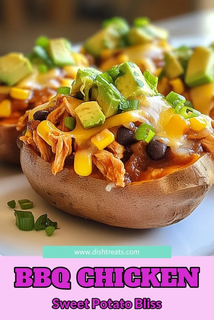 Discover the deliciousness of BBQ chicken stuffed sweet potatoes! This healthy sweet potato recipe is perfect for easy stuffed potato dinners, combining tender baked sweet potatoes with flavorful shredded chicken and BBQ sauce. Top with cheese, avocado, and more for a satisfying meal. Perfect for family dinners or meal prep! Save this simple recipe for your next culinary adventure. #BBQChickenStuffedSweetPotatoes #HealthySweetPotatoRecipes #StuffedPotatoDinners #ShreddedChickenRecipes