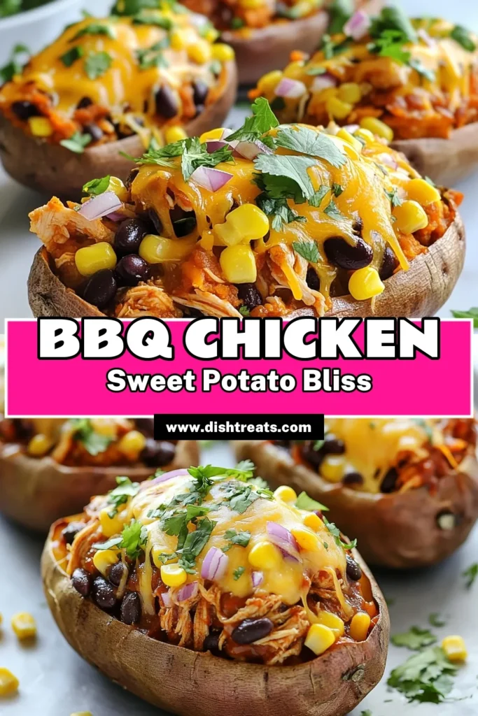 Discover the deliciousness of BBQ Chicken Stuffed Sweet Potatoes, the perfect healthy BBQ chicken recipe for your family! This simple stuffed sweet potato recipe is packed with shredded chicken, corn, and black beans, all smothered in BBQ sauce and topped with melted cheese. Looking for easy dinner recipes with sweet potatoes? Try this meal for a tasty and nutritious twist! Save this recipe for a quick weeknight dinner! #BBQChickenStuffedSweetPotatoes #HealthyRecipes #DinnerIdeas #SweetPotatoLove