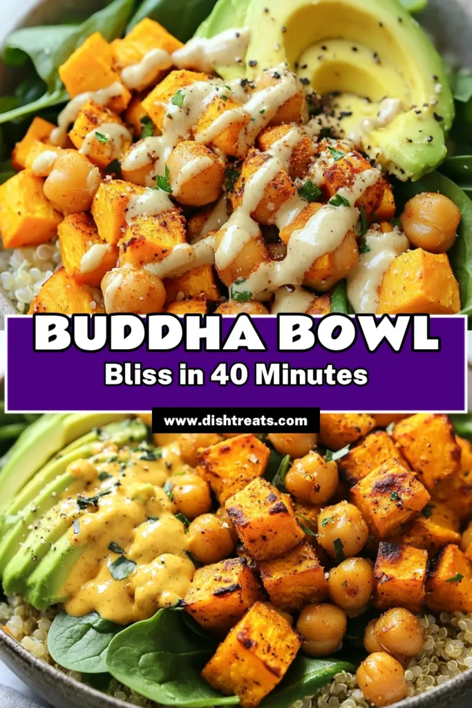 Discover this delicious sweet potato chickpea bowl, a perfect vegan Buddha bowl recipe for your healthy meal prep ideas. Packed with roasted sweet potatoes, crispy chickpeas, and a creamy quinoa bowl with tahini, every bite is a nutritious delight. Ideal for meal prep, this dish keeps well in the fridge. Try this roasted sweet potato recipe today and elevate your plant-based meals! Save this recipe to your boards! #VeganRecipes #MealPrep #HealthyEating #BuddhaBowl