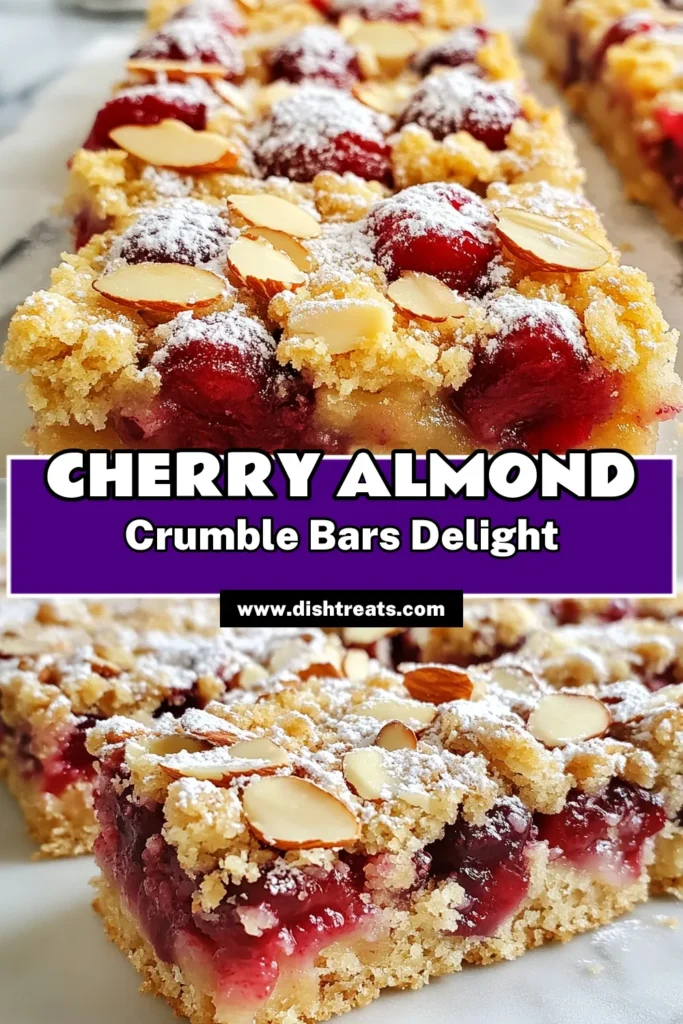 Discover the perfect Cherry Almond Crumble Bars, a delightful cherry dessert recipe that combines fresh cherries with almond flour bars for a guilt-free treat. This healthy crumble recipe is easy to make and full of flavor, perfect for any occasion! Whether you’re looking for an easy cherry dessert or something to impress guests, these bars will not disappoint. Try them today and savor the deliciousness! Save this recipe! #CherryAlmondCrumbleBars #HealthyCrumbleRecipe #CherryDessertRecipe #EasyCherryDessert