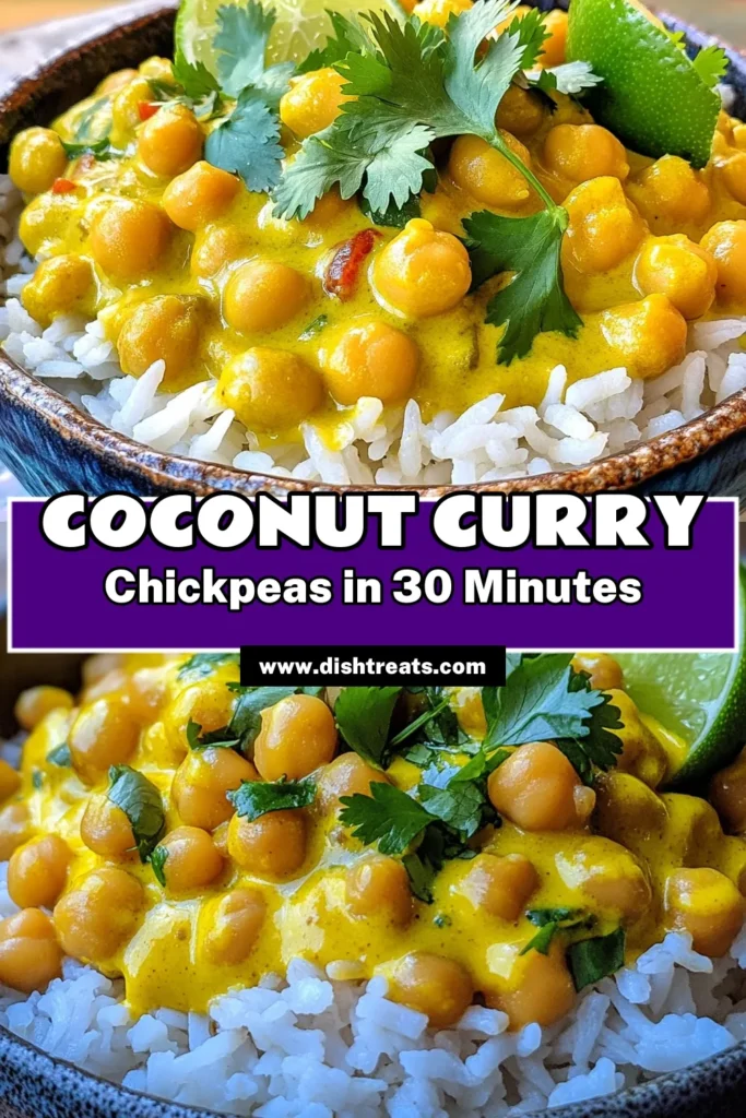Savor the flavors of this delicious Coconut Curry Chickpeas recipe! Perfect for quick weeknight dinners, this vegan coconut curry combines creamy chickpeas in coconut milk with aromatic spices for an easy chickpea curry that's both healthy and satisfying. Ready in just 30 minutes, it pairs beautifully with basmati rice. Try this tasty and nutritious dish today! #CoconutCurryChickpeas #VeganCurry #EasyChickpeaCurry #HealthyRecipes