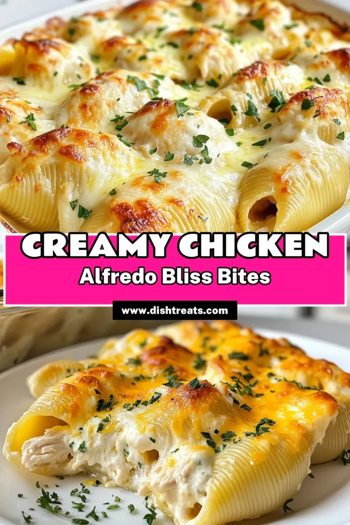 Indulge in a comforting meal with these Creamy Chicken Alfredo Stuffed Shells! This easy stuffed pasta shells recipe combines tender jumbo shells loaded with a rich filling of shredded chicken, creamy ricotta, and gooey mozzarella. Baked to perfection with a cheesy top, this Easy Chicken Alfredo Bake is perfect for family dinners. Discover this delicious Italian stuffed shells recipe and make mealtime special! Save this recipe now! #CreamyChickenAlfredo #StuffedPastaShells #CheesyPastaShells #ItalianRecipe