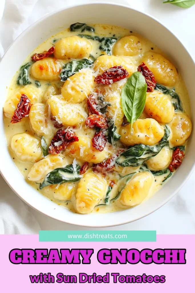 Indulge in this creamy gnocchi recipe featuring sun-dried tomatoes for a delightful Italian creamy pasta experience. This easy gnocchi dish combines rich flavors with simplicity, making it perfect for busy weeknights or elegant vegetarian dinner recipes. Enjoy the savory notes of garlic, spinach, and Parmesan in every bite. Try this mouthwatering sun-dried tomato gnocchi tonight! Save this recipe for later! #GnocchiRecipe #ItalianPasta #VegetarianDinner #EasyRecipes