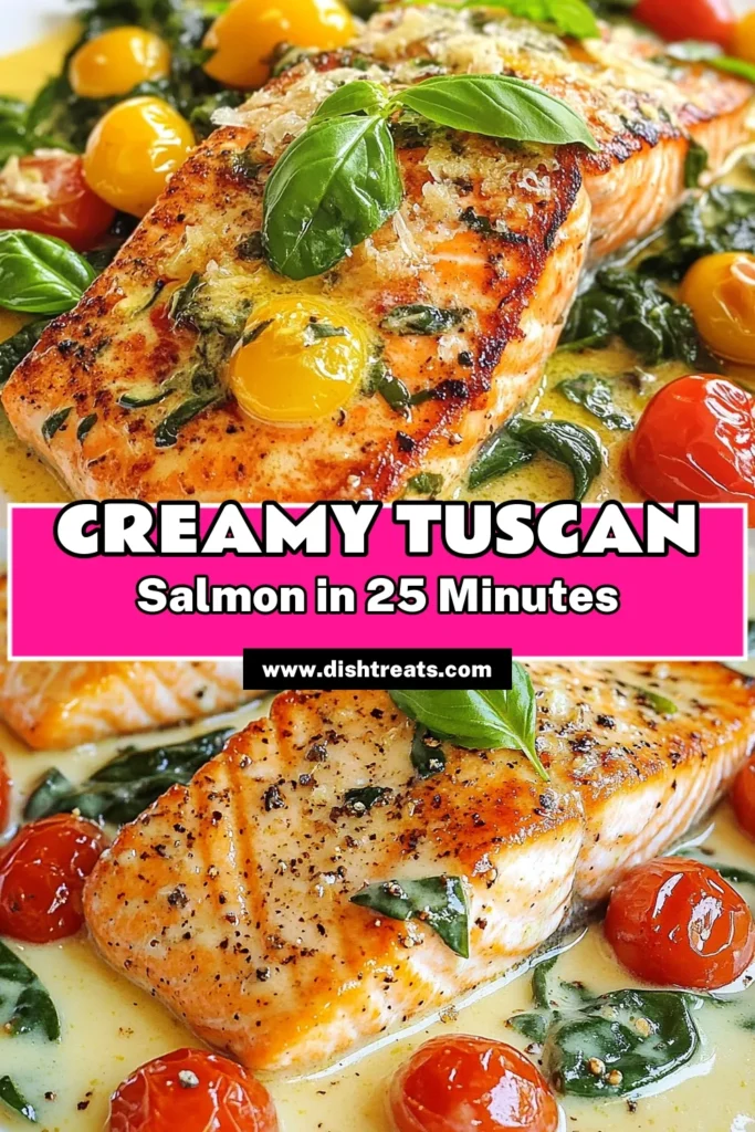 Discover the deliciousness of creamy garlic Tuscan salmon! This easy salmon dinner is a must-try for healthy salmon recipes. Our Tuscan salmon recipe features tender salmon fillets, vibrant cherry tomatoes, and rich garlic cream sauce that will elevate any meal. Perfect for weeknights or special occasions, this dish combines flavor and nutrition. Try it today and impress your family! Save this creamy garlic Tuscan salmon recipe for your next cooking adventure. #SalmonRecipe #HealthyEating #EasyDinner #Foodie