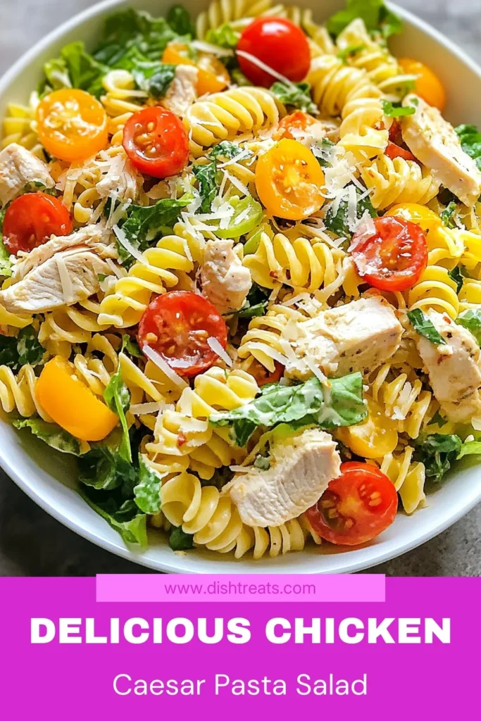 Discover this delicious Chicken Caesar Pasta Salad, an easy pasta salad recipe perfect for a quick meal. Featuring rotini pasta, fresh romaine lettuce salad, and tender diced chicken, this healthy chicken salad recipe is packed with flavor. Ideal for picnics or family gatherings, your guests will love it! Try this recipe today and savor the taste! Save it for later! #PastaSalad #HealthyEats #CaesarSalad #ChickenSalad