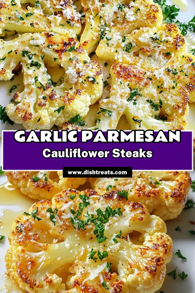 Discover the deliciousness of Garlic Parmesan Cauliflower Steaks, an irresistible roasted cauliflower recipe perfect for any meal. Packed with flavor, this healthy cauliflower recipe features tender, oven-roasted cauliflower coated in garlic oil and topped with melty Parmesan cheese. Perfect for vegetarian cauliflower dishes, these steaks are easy to prepare and make a stunning centerpiece. Try this recipe today and elevate your dinner game! #GarlicParmesan #RoastedCauliflower #HealthyRecipes #VegetarianDishes