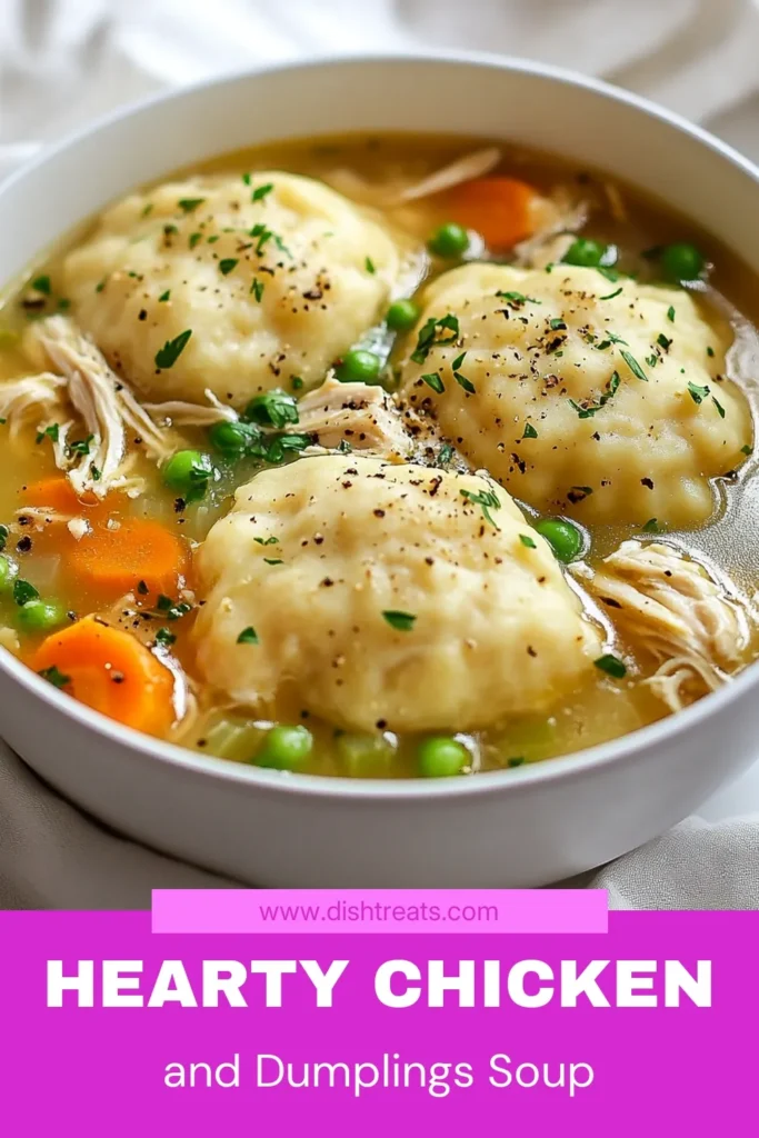 Warm up with this easy chicken and dumplings soup, the ultimate comforting soup recipe! Packed with tender chicken, homemade dumplings, and a rich chicken broth, this easy chicken soup recipe is perfect for any day. With simple ingredients and straightforward steps, you'll have a delicious meal ready in just 50 minutes. Don’t miss out on this heartwarming dish! Save this chicken broth soup recipe for a cozy night in. #ChickenSoup #ComfortFood #HomemadeDumplings #SoupRecipes