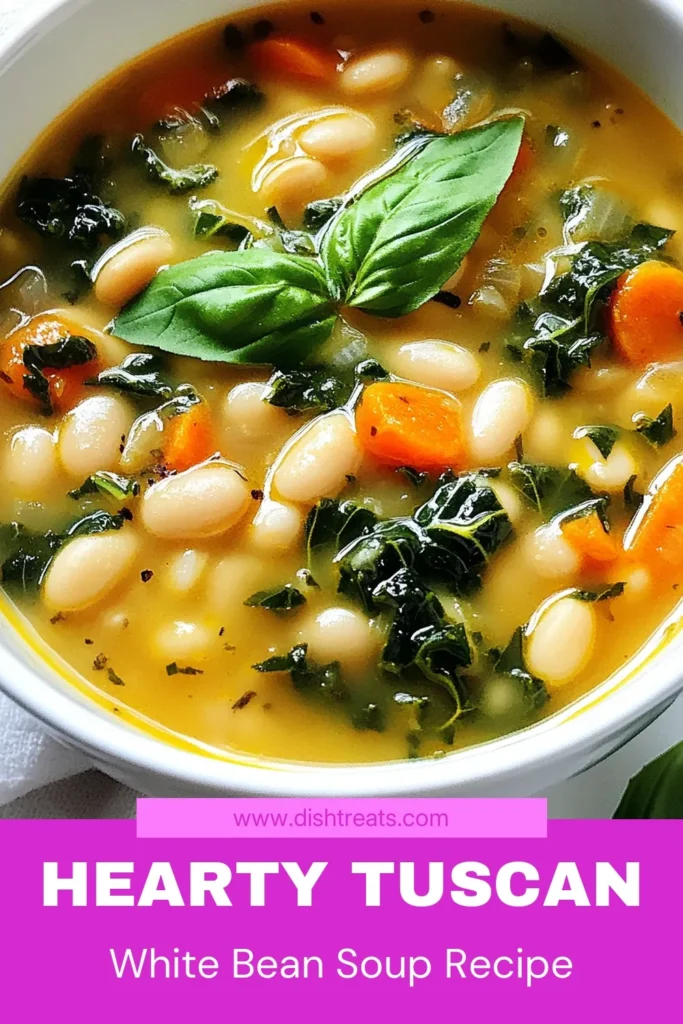 Discover the warmth and flavor of Tuscan white bean soup, a healthy bean soup recipe perfect for any night. This vegetarian Tuscan soup combines creamy white beans, fresh greens, and aromatic herbs for a delightful dish that's both easy and nourishing. Ready in just 45 minutes, it's an ideal easy vegetable soup recipe for busy weeks. Save this recipe to enjoy a comforting bowl of goodness! #TuscanSoup #HealthySoup #VegetarianRecipes #EasyDinnerIdeas