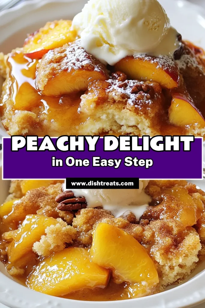 Indulge in this easy peach dessert with our Peach Cobbler Dump Cake! This quick summer dessert combines juicy peaches with a golden yellow cake mix for a delightful treat. Perfect for gatherings, this dump cake recipe with peaches is simple to make and always a crowd-pleaser. Serve warm with whipped cream or ice cream. Try it today for a taste of summer bliss! Save for later! #PeachDumpCake #EasyPeachDessert #QuickSummerDesserts #DumpCakeRecipeWithPeaches
