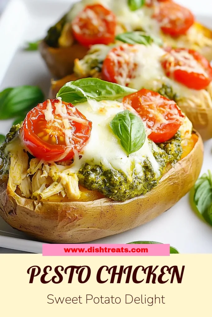 Discover the deliciousness of pesto chicken stuffed sweet potatoes! This healthy stuffed sweet potatoes recipe features tender baked sweet potatoes filled with a savory mix of shredded chicken, basil pesto, and cheesy goodness. Perfect for an easy chicken and pesto dinner, this dish will please the whole family. Ready in just an hour, it's a must-try! Save and share this cheesy pesto chicken sweet potatoes recipe today! #HealthyDinner #SweetPotatoRecipes #EasyDinner #PestoRecipes