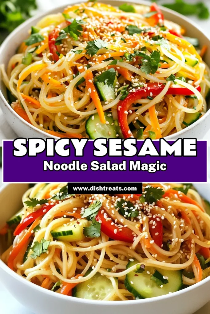 Discover the refreshing taste of Spicy Sesame Noodle Salad, the perfect easy cold noodle salad for any meal! This vegetarian noodle salad is packed with vibrant vegetables and a spicy Asian salad recipe dressing that will tantalize your taste buds. Learn how to make this delicious rice noodle salad recipe in just 45 minutes. Save this recipe for your next gathering and impress your friends! #SpicySesameNoodleSalad #EasyColdNoodleSalad #VegetarianNoodleSalad #AsianSaladRecipe