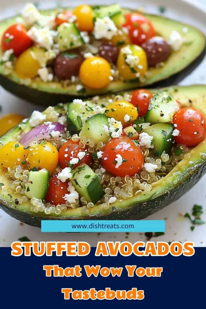 Discover the deliciousness of this Mediterranean stuffed avocados recipe! Filled with cherry tomatoes, cucumber, quinoa, feta cheese, and olives, these healthy avocado recipes are perfect as easy Mediterranean appetizers or a light meal. Elevate your vegetarian avocado dishes with this flavorful and nutritious dish. Try it today and enjoy a fresh and vibrant meal. Save this recipe for a healthy snack! #MediterraneanEats #AvocadoLove #HealthyRecipes #VegetarianDishes